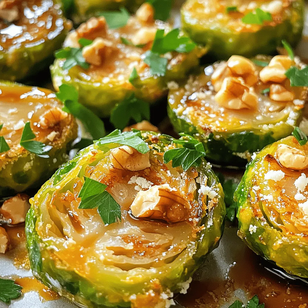 - 1 lb Brussels sprouts, trimmed and halved - 3 tablespoons extra virgin olive oil - 2 tablespoons balsamic vinegar - 1 tablespoon pure maple syrup - 1 teaspoon garlic powder - Salt and freshly cracked pepper to taste - ¼ cup walnuts, roughly chopped - 2 tablespoons freshly grated Parmesan cheese - Fresh parsley, finely chopped for garnish The key to great roasted Brussels sprouts lies in the right ingredients. Fresh Brussels sprouts are a must. They should be firm and bright green. The olive oil adds healthy fats and helps with browning. Balsamic vinegar gives a nice tanginess. Maple syrup adds a hint of sweetness that balances the dish. Garlic powder enhances the flavor without overpowering it. Use salt and pepper to taste. For a crunch, walnuts are a great choice. If you love cheese, Parmesan adds a nice touch. Fresh parsley is perfect for garnish. For the full recipe, check out the Crunchy Caramelized Brussels Sprouts. - Preheat the oven to 400°F (200°C). - Line a large baking sheet with parchment paper. To start, I find that preheating the oven is key. This ensures the sprouts roast evenly. Lining the baking sheet helps keep the sprouts from sticking, making cleanup easy. - Toss Brussels sprouts with olive oil, balsamic vinegar, maple syrup, garlic powder, salt, and pepper. In a big bowl, add the halved Brussels sprouts. Pour in the olive oil, balsamic vinegar, and maple syrup. Then, sprinkle garlic powder, salt, and pepper. I like to use my hands for this step. It helps coat every sprout with flavor. - Arrange Brussels sprouts cut side down and roast for 20 minutes. - Stir and add walnuts, roasting for an additional 10-15 minutes. Next, place the sprouts cut side down on the baking sheet. This helps them caramelize nicely. Roast them for 20 minutes. After that, give them a stir and add the walnuts. Return them to the oven for another 10-15 minutes. Keep an eye on them. You want them golden brown and crispy. For the full recipe, you can refer to the section above. To get that nice caramelization, place the cut side of the Brussels sprouts down. This helps them brown and crisp up. Keep an eye on the time while they roast. I usually recommend around 20 minutes to start. Then, stir them and roast for another 10-15 minutes. You want them golden brown and crispy. You can boost the flavor with spices. Try adding paprika for a smoky taste or cayenne for heat. Nuts like walnuts add crunch, while cheese, like Parmesan, gives a creamy touch. You can mix and match these for fun flavor twists. Brussels sprouts are great with many main dishes. They pair well with chicken, pork, or even a hearty grain bowl. They also shine on a holiday table, bringing color and taste to your feast. For the full recipe, check out the Crunchy Caramelized Brussels Sprouts recipe above. {{image_4}} You can switch up how you cook Brussels sprouts to fit your needs. Air frying them is a great option. It cooks quickly and gives a nice crunch. Just toss the halved sprouts in oil and seasoning. Then, place them in the air fryer for about 15 minutes. This method is fast and full of flavor. Another method is steaming before roasting. This makes them softer inside. Steam the sprouts for about 5 minutes. After that, toss them in oil and roast them in the oven. This way, you get that tender bite with a crispy outside. You can change the recipe to fit your taste. If you want a different sweetener, try honey or agave instead of maple syrup. Both will add a nice sweetness. Just use the same amount as the maple syrup in the original recipe. You can also mix up the vinegar. Instead of balsamic, try apple cider or red wine vinegar. Each type brings a unique flavor. Experimenting with these swaps can make the dish your own. If you're looking for vegan options, you can leave out the cheese. The Brussels sprouts will still taste great without it. You can also use nutritional yeast for a cheesy flavor without dairy. For those who need gluten-free meals, this recipe is already safe. Just ensure the balsamic vinegar is gluten-free. With these easy changes, everyone can enjoy this tasty side dish. To store leftovers, place them in an airtight container. This keeps them fresh longer. I recommend using glass or BPA-free plastic. Store in the fridge for up to three days. After that, they lose flavor and texture. When reheating, the oven works best. Preheat to 350°F (175°C) and spread the sprouts on a baking sheet. Heat for about 10-15 minutes. This keeps them crispy. The microwave is quicker but can make them soggy. If you use a microwave, cover them loosely to help keep some moisture. You can freeze Brussels sprouts, but they need some prep. First, blanch them in boiling water for about three minutes. Then, plunge them in ice water to stop cooking. Drain, dry, and pack in freezer bags. They can last for up to six months in the freezer. When ready to use, thaw in the fridge overnight. Reheat in the oven or on the stove to keep them nice and crispy. For a full recipe, check out my Crunchy Caramelized Brussels Sprouts! To make your Brussels sprouts crispy, start with high heat. Preheat your oven to 400°F (200°C). Always cut the sprouts in half and place them cut side down on the baking sheet. This helps them caramelize and get crispy. Use a good amount of olive oil to coat them well. Toss them with garlic powder and a pinch of salt for flavor. Don’t overcrowd the pan; give them space to roast. Stir them halfway through to ensure even cooking. Yes, you can prepare Brussels sprouts in advance! Trim and halve them a day before. Store them in an airtight container in the fridge. When you’re ready to roast, just toss them with your favorite oil and seasonings. This saves time and makes meal prep easier. You can also roast them ahead of time and reheat them later. Roasted Brussels sprouts pair well with many dishes. You can serve them alongside roasted chicken, turkey, or pork. They also work great with quinoa or rice dishes. Add them to a salad for a crunchy texture. For a special meal, serve them on your holiday table with other sides like mashed potatoes and stuffing. Yes, roasted Brussels sprouts are very healthy! They are low in calories and high in fiber. They provide many vitamins like C and K. The healthy fats from olive oil help your body absorb these nutrients. Plus, they are packed with antioxidants that fight inflammation. Enjoy them guilt-free as a nutritious side dish! This blog post covered the simple and tasty way to roast Brussels sprouts. We discussed key ingredients, step-by-step instructions, and helpful tips for perfect results. You learned about cooking methods and how to store leftovers properly. Roasting Brussels sprouts brings out their sweetness and adds a crispy texture. Experiment with flavors and enjoy this healthy side dish at your next meal. Happy cooking!