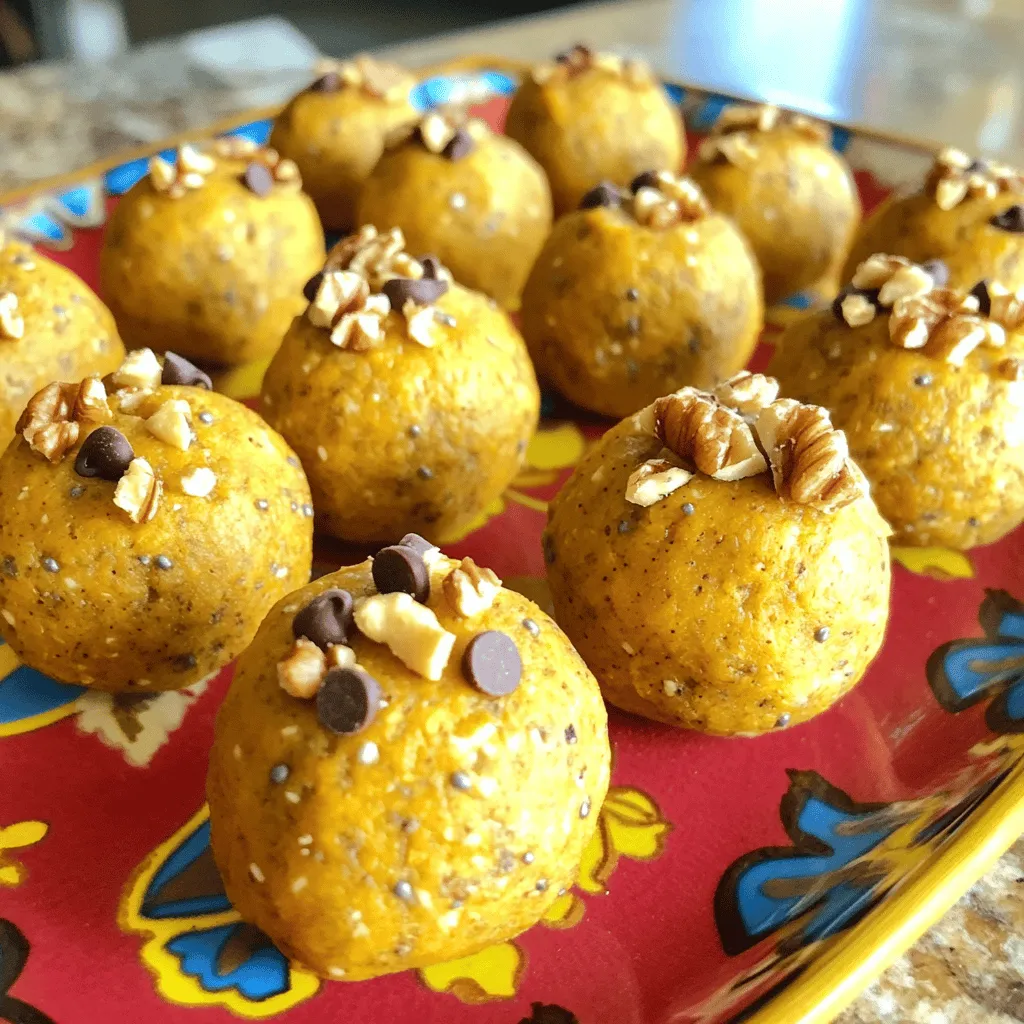 To make the best pumpkin protein balls, you need some key ingredients. Here’s what you’ll need: - 1 cup canned pumpkin puree - 1/2 cup rolled oats - 1/2 cup almond butter (or your preferred nut butter) - 1/4 cup honey or maple syrup - 1/4 cup vanilla protein powder - 1 teaspoon ground cinnamon - 1/2 teaspoon ground nutmeg - 1/4 teaspoon salt These ingredients work together to create a tasty and healthy snack. The pumpkin puree adds moisture and flavor, while the oats give it structure. Almond butter provides healthy fats and protein. Honey or maple syrup sweetens it just right. You can customize your pumpkin protein balls with some optional add-ins. Consider trying: - 1/4 cup chopped nuts (such as walnuts or pecans) - 1/4 cup mini chocolate chips Nuts add extra crunch and nutrition. Chocolate chips add a touch of sweetness and fun. Feel free to mix and match to suit your taste! These pumpkin protein balls are not just delicious; they are also healthy. Here’s a quick breakdown: - Each ball has about 100 calories. - They offer a good amount of protein thanks to the nut butter and protein powder. - The oats and pumpkin provide fiber, which is great for digestion. This snack is perfect for anyone looking to boost their energy and stay full longer. Plus, it’s easy to make and fun to share! For the full recipe, check out the Pumpkin Power Protein Balls. Start by gathering your ingredients. You need canned pumpkin puree, almond butter, and honey. In a large bowl, mix them well. Use a spatula or whisk to blend until smooth. Next, slowly add rolled oats, vanilla protein powder, cinnamon, nutmeg, and salt. Stir until everything is combined and looks nice. Finally, fold in chopped nuts and mini chocolate chips if you want them. Now it’s time to shape the mixture into balls! Take small portions of the mixture. Roll each one into a ball, about one inch wide. If the mixture sticks to your hands, dampen them slightly. This helps make the process easier. Place the rolled balls on a baking sheet lined with parchment paper. Make sure to leave space between them so they don’t stick together. Once you roll all the balls, it’s time to chill. Put the baking sheet in the fridge for 30 minutes. This helps the balls firm up. After they are chilled, move the protein balls to an airtight container. Store them in the fridge, and they will stay fresh for up to a week. For more details, check the Full Recipe. To make the best pumpkin protein balls, focus on the right texture. You want them firm yet soft. Use a mix of pumpkin puree and nut butter to keep them moist. If the mix feels too dry, add more nut butter or a splash of water. Roll the balls tightly, but don’t squeeze too hard. This keeps them light and airy. One mistake is adding too much protein powder. It can make the balls dry. Stick to the 1/4 cup as in the Full Recipe. Another issue is not chilling them long enough. Chilling helps them hold their shape. If they are too crumbly, your mixture may need more binding. Always taste as you go. Adjust spices or sweetness to fit your liking. Serve these protein balls as a snack, dessert, or breakfast. Pair them with fruit or yogurt for added nutrition. They also work great for kids’ lunch boxes. For a fun twist, roll them in shredded coconut or crushed nuts. Enjoy them fresh or store them for later. {{image_4}} To make vegan pumpkin protein balls, swap the honey for maple syrup. This keeps them plant-based. Use plant-based protein powder for the best results. You can still enjoy the great taste and nutrition! For gluten-free pumpkin protein balls, use certified gluten-free rolled oats. This simple change ensures everyone can enjoy them. If you want a different texture, try ground almonds or coconut flour instead of oats. You can easily change the flavor of your pumpkin protein balls. Add a splash of vanilla extract or a bit of cocoa powder for a chocolate twist. You could also mix in dried fruits like cranberries or raisins. For a spicy kick, try adding ginger or allspice. These simple swaps keep the recipe fun and interesting. To see all the ingredients and steps, check out the Full Recipe. To keep your pumpkin protein balls fresh, store them in an airtight container. Place the container in the refrigerator. This way, they will stay firm and tasty for up to a week. If you want to keep them longer, consider freezing them. To freeze your protein balls, first roll them as usual. Then, place them on a baking sheet lined with parchment paper. Freeze the balls for about an hour until firm. After that, put them in a freezer-safe container. They can last for up to three months in the freezer. Just remember to thaw them in the fridge before you eat. To ensure your protein balls stay fresh, avoid leaving them out at room temperature for too long. Always seal the container tightly. If you notice any signs of spoilage, like an off smell or odd texture, it’s best to toss them. Enjoy your pumpkin protein balls knowing you’ve stored them correctly for maximum freshness! For the complete recipe, check out the Full Recipe section. Yes, you can use fresh pumpkin. Just cook and puree it until smooth. Fresh pumpkin may have more moisture than canned. Adjust the oats if the texture seems too wet. Canned pumpkin is often more convenient, but fresh can add a nice touch. To make nut-free protein balls, swap almond butter for sun butter or pumpkin seed butter. Both options provide healthy fats and flavor. Ensure your oats are gluten-free to avoid cross-contamination. These swaps keep your snack tasty and safe for nut allergies. Pumpkin is rich in vitamins A and C. It also contains fiber, which aids digestion. The bright orange color signals high amounts of beta-carotene. This nutrient supports eye health and boosts the immune system. Plus, pumpkin adds a delicious flavor to your protein balls. Yes, you can use other protein powders. Pea protein, hemp protein, or brown rice protein are good choices. Each type brings unique flavors and benefits. Just ensure the texture remains balanced. You may need to adjust other ingredients slightly for the best results. For the complete recipe, check out the full list of ingredients and instructions. What are Pumpkin Protein Balls? Pumpkin Protein Balls are tasty snacks packed with protein and flavor. They combine pumpkin puree, oats, and nut butter, making them healthy and satisfying. These treats are great for kids and adults alike. How do you make them? To make these delicious balls, follow this simple recipe: - 1 cup canned pumpkin puree - 1/2 cup rolled oats - 1/2 cup almond butter (or your preferred nut butter) - 1/4 cup honey or maple syrup - 1/4 cup vanilla protein powder - 1 teaspoon ground cinnamon - 1/2 teaspoon ground nutmeg - 1/4 teaspoon salt - 1/4 cup chopped nuts (such as walnuts or pecans) - 1/4 cup mini chocolate chips (optional) Mix the wet ingredients first. Then, add the dry ones. Fold in nuts and chocolate chips. Roll the mixture into small balls. Chill them for 30 minutes. This helps them hold their shape. Why are they healthy? Pumpkin is full of vitamins and fiber. Oats add whole grains, while protein powder boosts energy. Almond butter gives healthy fats. Together, they make a snack that fills you up without junk. How do you store them? Keep your Pumpkin Protein Balls in an airtight container in the fridge. They stay fresh for about a week. You can also freeze them for longer storage. These Pumpkin Power Protein Balls are a fun, healthy treat. For the full recipe, refer to the details above. Enjoy making these snacks for yourself and your family! These pumpkin protein balls are easy to make and fun to enjoy. We covered essential and optional ingredients, step-by-step instructions, and helpful tips. You learned how to make vegan and gluten-free versions, too. Remember to store them correctly to keep them fresh. Pumpkin is a great source of nutrition, so make these often. Enjoy your tasty, healthy snacks and share them with friends. You’ll love how simple they are to make and how good they taste!