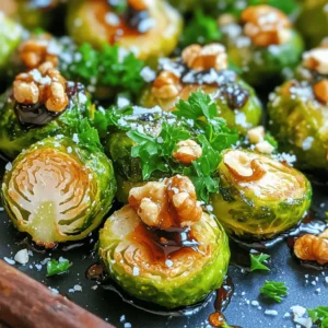 To make these crispy Brussels sprouts, gather the following items: - 1 pound Brussels sprouts, halved lengthwise - 3 tablespoons high-quality olive oil - Sea salt and freshly ground black pepper, to taste - 2 tablespoons rich balsamic vinegar - 1 tablespoon honey or pure maple syrup - 1 teaspoon garlic powder - 1 teaspoon onion powder - 1/4 cup finely grated Parmesan cheese (optional for an extra flavor boost) - 1/4 cup walnuts, toasted and coarsely chopped (for garnish) - Fresh parsley, finely chopped (for garnish) To make your Brussels sprouts even better, consider these options: - A pinch of red pepper flakes for heat - Lemon zest for a fresh twist - Crumbled feta cheese for a tangy touch You will need some basic kitchen tools: - A large mixing bowl - A baking sheet - Parchment paper (for easy cleanup) - A small saucepan for the glaze - A spatula or wooden spoon for mixing - A sharp knife for halving the Brussels sprouts These ingredients and tools will help you create a dish that is both tasty and visually appealing. For the full recipe, follow the detailed steps that come next. Enjoy cooking! Start by washing your Brussels sprouts. Then, cut them in half lengthwise. Make sure they are all even sizes for cooking. Next, take a large bowl. Add the halved Brussels sprouts to the bowl. Pour in the olive oil. Then, add garlic powder, onion powder, sea salt, and black pepper. Toss everything well until the sprouts are fully coated. Preheat your oven to 400°F (200°C). Line a large baking sheet with parchment paper. Spread the coated Brussels sprouts on the sheet, cut sides down. This helps them get crispy. Roast in the oven for 20 to 25 minutes. Flip them halfway through cooking for even crispiness. While they roast, make the balsamic glaze. In a small pot, mix balsamic vinegar and honey. Heat it until it thickens, stirring often. When the Brussels sprouts are golden brown, take them from the oven. Drizzle the balsamic glaze over them. Toss gently to coat evenly. If you like, sprinkle on some Parmesan cheese while they are warm. Transfer the Brussels sprouts to a serving dish. Top with toasted walnuts and fresh parsley for a lovely finish. For the full recipe, check out the details above. To make Brussels sprouts crispy, start with dry sprouts. After washing them, pat them with a paper towel. This helps the oil stick. Use enough olive oil to coat them, but don’t drown them. Spread them out on the baking sheet without crowding. This ensures hot air can move around each sprout. To create a tasty balsamic glaze, combine balsamic vinegar and honey in a pan. Heat it slowly over medium heat. Stir it often to avoid burning. Let it simmer until it thickens. This usually takes about 5-7 minutes. The glaze should be syrupy but not too thick. You want it to pour easily over the sprouts. Serve crispy Brussels sprouts in a big bowl. Drizzle extra balsamic glaze on top for flair. You can add a sprinkle of pomegranate seeds for color and flavor. Pair them with roasted meats, like chicken or pork. They also go well with grains, such as quinoa or rice. For a more casual meal, serve them with a side of pasta. Enjoy the balance of flavors! For the complete recipe, see the full recipe. {{image_4}} To make this dish vegan, swap out honey for pure maple syrup. This keeps the sweetness without animal products. You can also leave out the Parmesan cheese. The sprouts still taste great and stay crispy. Add more nuts or seeds for a protein boost. This makes the dish filling and healthy. Feel free to play with flavors! Garlic powder and onion powder work well, but you can try smoked paprika for a smoky twist. A pinch of chili flakes adds heat for spice lovers. If you want a different flavor, use lemon zest instead of balsamic. It gives a bright, fresh taste. You can cook Brussels sprouts in an air fryer for a quicker option. Set your air fryer to 375°F (190°C). Cook for about 15-20 minutes, shaking the basket halfway through. This method makes them super crispy! You can even try grilling them for a fun, smoky flavor. Just toss them on the grill for about 10-15 minutes. For the full recipe, check out the Crispy Brussels Sprouts with Balsamic Bliss. To keep your crispy Brussels sprouts fresh, store them in an airtight container. Let them cool to room temperature before sealing. Place the container in the fridge. They will stay good for about 3 days. Make sure to keep them in a dry spot. This helps to avoid moisture, which can make them soggy. When you are ready to enjoy leftovers, preheat your oven to 350°F (175°C). Spread the Brussels sprouts on a baking sheet. Heat them for about 10 to 15 minutes. This will help to restore their crispiness. You can also reheat them in an air fryer at 350°F for 5 minutes. Avoid using a microwave, as it makes them mushy. Freezing is an option, but it can change the texture. If you choose to freeze them, do so before roasting. Blanch the Brussels sprouts in boiling water for 3 minutes, then cool them in ice water. Drain well and pack them in freezer bags. When you want to use them, thaw them in the fridge overnight. Roast them directly from the freezer at 400°F until crispy. For full details, you can refer to the Full Recipe for more guidance. To reduce bitterness, trim the ends of the Brussels sprouts. Cut them in half to expose more surface area. Rinse them under cold water and soak them in salt water for about 10 minutes. This helps draw out some of the bitter compounds. Roasting them with olive oil and seasoning also enhances their sweetness. Yes, you can use frozen Brussels sprouts. However, fresh sprouts have a better texture. If using frozen, thaw and drain them well. Pat them dry before roasting to prevent sogginess. Adjust the cooking time, as frozen sprouts may need a bit longer to become crispy. These Brussels sprouts pair well with many dishes. Serve them alongside roasted chicken or grilled salmon for a complete meal. They also complement pasta dishes or grain bowls nicely. For a vegetarian option, try them with quinoa or farro. You can find the full recipe to explore more ideas. We covered ingredients, preparation, cooking, and tips for making crispy Brussels sprouts. You learned how to enhance flavor and achieve the perfect glaze. Explore variations like vegan options and different cooking methods. Proper storage helps keep leftovers fresh. Answering your top questions may save time and boost confidence. Enjoy your cooking journey, and remember, experimenting is key to finding your favorite version.