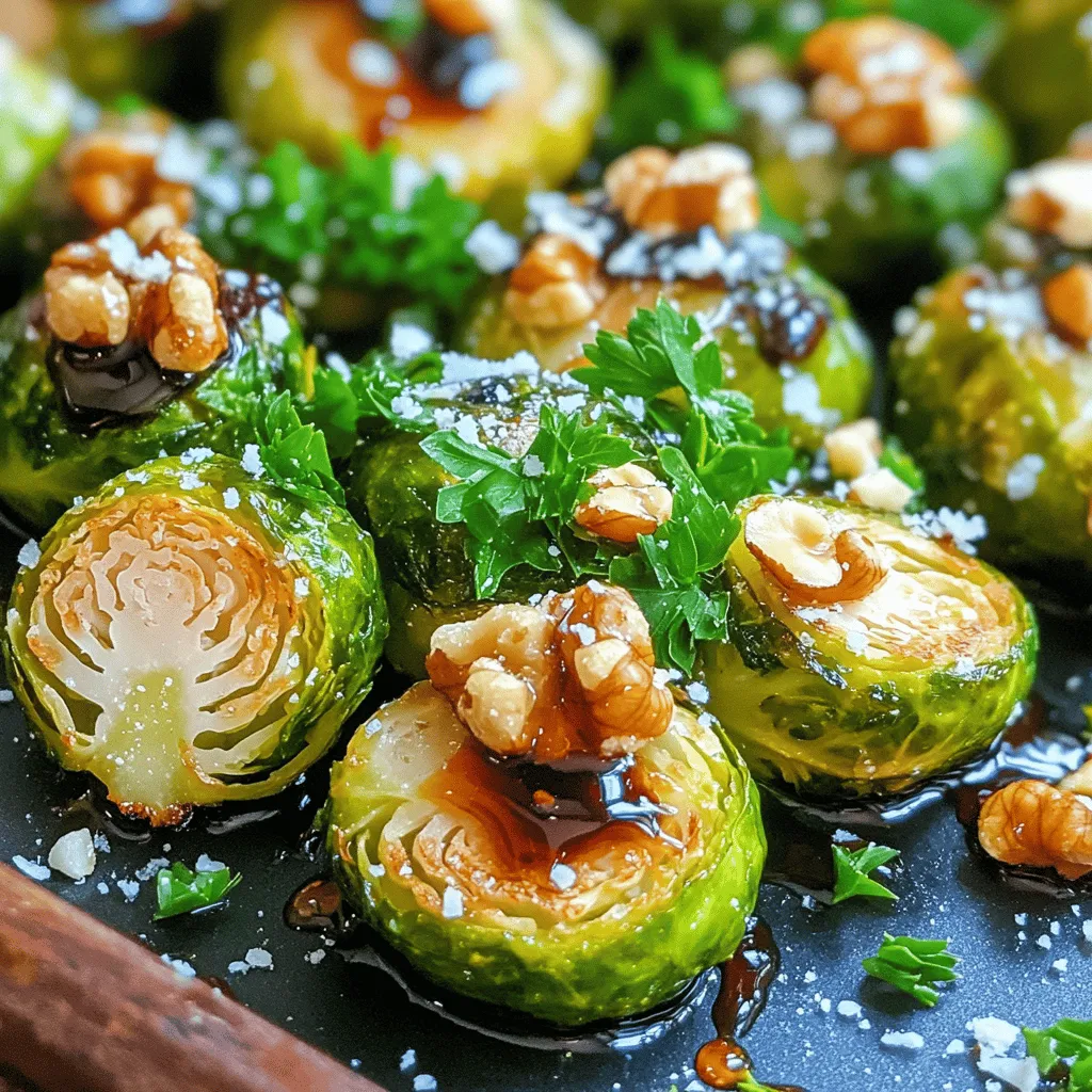 To make these crispy Brussels sprouts, gather the following items: - 1 pound Brussels sprouts, halved lengthwise - 3 tablespoons high-quality olive oil - Sea salt and freshly ground black pepper, to taste - 2 tablespoons rich balsamic vinegar - 1 tablespoon honey or pure maple syrup - 1 teaspoon garlic powder - 1 teaspoon onion powder - 1/4 cup finely grated Parmesan cheese (optional for an extra flavor boost) - 1/4 cup walnuts, toasted and coarsely chopped (for garnish) - Fresh parsley, finely chopped (for garnish) To make your Brussels sprouts even better, consider these options: - A pinch of red pepper flakes for heat - Lemon zest for a fresh twist - Crumbled feta cheese for a tangy touch You will need some basic kitchen tools: - A large mixing bowl - A baking sheet - Parchment paper (for easy cleanup) - A small saucepan for the glaze - A spatula or wooden spoon for mixing - A sharp knife for halving the Brussels sprouts These ingredients and tools will help you create a dish that is both tasty and visually appealing. For the full recipe, follow the detailed steps that come next. Enjoy cooking! Start by washing your Brussels sprouts. Then, cut them in half lengthwise. Make sure they are all even sizes for cooking. Next, take a large bowl. Add the halved Brussels sprouts to the bowl. Pour in the olive oil. Then, add garlic powder, onion powder, sea salt, and black pepper. Toss everything well until the sprouts are fully coated. Preheat your oven to 400°F (200°C). Line a large baking sheet with parchment paper. Spread the coated Brussels sprouts on the sheet, cut sides down. This helps them get crispy. Roast in the oven for 20 to 25 minutes. Flip them halfway through cooking for even crispiness. While they roast, make the balsamic glaze. In a small pot, mix balsamic vinegar and honey. Heat it until it thickens, stirring often. When the Brussels sprouts are golden brown, take them from the oven. Drizzle the balsamic glaze over them. Toss gently to coat evenly. If you like, sprinkle on some Parmesan cheese while they are warm. Transfer the Brussels sprouts to a serving dish. Top with toasted walnuts and fresh parsley for a lovely finish. For the full recipe, check out the details above. To make Brussels sprouts crispy, start with dry sprouts. After washing them, pat them with a paper towel. This helps the oil stick. Use enough olive oil to coat them, but don’t drown them. Spread them out on the baking sheet without crowding. This ensures hot air can move around each sprout. To create a tasty balsamic glaze, combine balsamic vinegar and honey in a pan. Heat it slowly over medium heat. Stir it often to avoid burning. Let it simmer until it thickens. This usually takes about 5-7 minutes. The glaze should be syrupy but not too thick. You want it to pour easily over the sprouts. Serve crispy Brussels sprouts in a big bowl. Drizzle extra balsamic glaze on top for flair. You can add a sprinkle of pomegranate seeds for color and flavor. Pair them with roasted meats, like chicken or pork. They also go well with grains, such as quinoa or rice. For a more casual meal, serve them with a side of pasta. Enjoy the balance of flavors! For the complete recipe, see the full recipe. {{image_4}} To make this dish vegan, swap out honey for pure maple syrup. This keeps the sweetness without animal products. You can also leave out the Parmesan cheese. The sprouts still taste great and stay crispy. Add more nuts or seeds for a protein boost. This makes the dish filling and healthy. Feel free to play with flavors! Garlic powder and onion powder work well, but you can try smoked paprika for a smoky twist. A pinch of chili flakes adds heat for spice lovers. If you want a different flavor, use lemon zest instead of balsamic. It gives a bright, fresh taste. You can cook Brussels sprouts in an air fryer for a quicker option. Set your air fryer to 375°F (190°C). Cook for about 15-20 minutes, shaking the basket halfway through. This method makes them super crispy! You can even try grilling them for a fun, smoky flavor. Just toss them on the grill for about 10-15 minutes. For the full recipe, check out the Crispy Brussels Sprouts with Balsamic Bliss. To keep your crispy Brussels sprouts fresh, store them in an airtight container. Let them cool to room temperature before sealing. Place the container in the fridge. They will stay good for about 3 days. Make sure to keep them in a dry spot. This helps to avoid moisture, which can make them soggy. When you are ready to enjoy leftovers, preheat your oven to 350°F (175°C). Spread the Brussels sprouts on a baking sheet. Heat them for about 10 to 15 minutes. This will help to restore their crispiness. You can also reheat them in an air fryer at 350°F for 5 minutes. Avoid using a microwave, as it makes them mushy. Freezing is an option, but it can change the texture. If you choose to freeze them, do so before roasting. Blanch the Brussels sprouts in boiling water for 3 minutes, then cool them in ice water. Drain well and pack them in freezer bags. When you want to use them, thaw them in the fridge overnight. Roast them directly from the freezer at 400°F until crispy. For full details, you can refer to the Full Recipe for more guidance. To reduce bitterness, trim the ends of the Brussels sprouts. Cut them in half to expose more surface area. Rinse them under cold water and soak them in salt water for about 10 minutes. This helps draw out some of the bitter compounds. Roasting them with olive oil and seasoning also enhances their sweetness. Yes, you can use frozen Brussels sprouts. However, fresh sprouts have a better texture. If using frozen, thaw and drain them well. Pat them dry before roasting to prevent sogginess. Adjust the cooking time, as frozen sprouts may need a bit longer to become crispy. These Brussels sprouts pair well with many dishes. Serve them alongside roasted chicken or grilled salmon for a complete meal. They also complement pasta dishes or grain bowls nicely. For a vegetarian option, try them with quinoa or farro. You can find the full recipe to explore more ideas. We covered ingredients, preparation, cooking, and tips for making crispy Brussels sprouts. You learned how to enhance flavor and achieve the perfect glaze. Explore variations like vegan options and different cooking methods. Proper storage helps keep leftovers fresh. Answering your top questions may save time and boost confidence. Enjoy your cooking journey, and remember, experimenting is key to finding your favorite version.