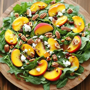 To make Millionaire Peach Salad, you will need: - 4 ripe peaches, sliced into wedges - 2 cups fresh baby spinach, washed and dried - 1 cup peppery arugula, washed and dried - 1/2 cup crumbled feta cheese - 1/3 cup pecans, toasted until fragrant - 1/4 cup dried cranberries, roughly chopped - 2 tablespoons honey - 2 tablespoons balsamic vinegar - 1 tablespoon extra virgin olive oil - Salt and freshly ground black pepper to taste Fresh peaches are the star of this salad. They bring juicy sweetness and a bright flavor. Canned peaches can be mushy and lack the same taste. If you use canned peaches, rinse them well to remove syrup. However, I always recommend fresh peaches for the best result. They make your salad more vibrant and tasty. You can easily adapt this salad to fit your needs. If you're dairy-free, try using almond feta or omit the feta entirely. For nut allergies, sunflower seeds work well instead of pecans. Honey can be swapped with maple syrup for a vegan option. Just remember, these swaps might change the flavor a bit, but they still keep the salad delicious! Getting ready to make Millionaire Peach Salad is simple and fun. Start with fresh peaches. Make sure they are ripe. Gather your greens, feta, pecans, and cranberries. You will need a big bowl and a small bowl for the dressing. 1. First, slice four ripe peaches into wedges. 2. In a large mixing bowl, add the sliced peaches, two cups of baby spinach, and one cup of arugula. Toss them gently. 3. Next, fold in half a cup of crumbled feta cheese. Add one-third cup of toasted pecans and a quarter cup of chopped dried cranberries. Be gentle to keep the peaches whole. 4. For the dressing, take a small bowl. Mix two tablespoons of honey, two tablespoons of balsamic vinegar, and one tablespoon of olive oil. Add salt and black pepper to taste. Whisk until smooth. 5. Drizzle the dressing over the salad. Toss lightly to coat everything. 6. Finally, serve the salad in a pretty bowl. You can also sprinkle more feta and pecans on top for a nice touch. The best dressings balance sweet and tangy flavors. Use good quality balsamic vinegar for depth. Honey adds sweetness, but you can adjust to your taste. Always whisk well. This ensures all parts mix together. Taste it before adding to the salad. You want it just right! Pick peaches that feel slightly soft when you press them. Look for a rich color and a sweet smell. These signs mean they are ripe and tasty. Avoid peaches that have bruises or dark spots. If they are too hard, let them sit at room temperature for a few days. They will ripen nicely. Keep baby spinach and arugula in a sealed bag in the fridge. Wash them just before use to keep them crisp. Dry them thoroughly to avoid sogginess in the salad. Use a salad spinner if you have one. This helps remove extra water. Fresh greens make your salad taste better and look nice. Garnish your salad with extra crumbled feta and toasted pecans. This adds a nice touch and makes it look fancy. You can also sprinkle some fresh herbs like basil or mint. A few edible flowers can elevate the look as well. Use a clear glass bowl to show off the colors of the salad. For the finishing touch, drizzle a bit of extra balsamic glaze on top. {{image_4}} You can add your own spin to Millionaire Peach Salad. Try adding fresh berries for a pop of color. Blueberries and raspberries work well. You can also mix in some spicy jalapeños for a kick. If you like crunch, consider adding crispy bacon bits. Each twist gives a new flavor. Seasonal ingredients can change the salad's taste. In summer, use ripe peaches and fresh basil. In fall, swap peaches for apples and add walnuts. Winter brings citrus fruits like oranges. Spring is perfect for strawberries and fresh mint. These swaps keep the salad fresh and exciting. To make this salad a full meal, add some protein. Grilled chicken or shrimp pairs well with the flavors. For a vegetarian option, try chickpeas or quinoa. These additions make the salad filling and nutritious. You can also use grilled tofu for a plant-based choice. To keep your Millionaire Peach Salad fresh, store it in an airtight container. This method keeps the salad crunchy and tasty. If you have extra dressing, store it separately. Mix it in just before serving to avoid soggy greens. This salad stays fresh for about two days in the fridge. After that, the peaches may get mushy, and the greens may wilt. Always check for freshness before eating. If it smells off or looks bad, it's best to toss it. You do not need to reheat this salad. It tastes best cold. For serving, try to layer the ingredients in a clear bowl. This way, you can see the beautiful colors. If you want to add a twist, sprinkle extra feta or pecans on top right before serving. For the full recipe, check out the link! Yes, you can make Millionaire Peach Salad ahead of time. Prepare the salad in the morning for a lunch event. Keep the dressing separate until you are ready to serve. This keeps the greens fresh and crunchy. If you mix it too early, the peaches may get mushy. If you need a substitute for feta cheese, try goat cheese. It has a similar texture and tang. Another option is ricotta salata, which is slightly firmer. For a non-dairy option, use crumbled tofu seasoned with lemon juice. This adds flavor and keeps the salad creamy. Absolutely! Millionaire Peach Salad is perfect for picnics. It is light, fresh, and packed with flavor. Just remember to keep it cool. Store it in a cooler with ice packs. This way, it stays crisp and delicious for everyone to enjoy. For the full recipe, check out the complete guide. In this article, we explored how to make a delicious Millionaire Peach Salad. We covered the best ingredients, fresh peaches, and substitutes for diets. You learned step-by-step how to prepare the salad and tips for perfect dressings. We also shared tricks for choosing and storing peaches. This salad is not just tasty; it’s versatile and can fit any meal. Enjoy your cooking and create your own delightful twists!