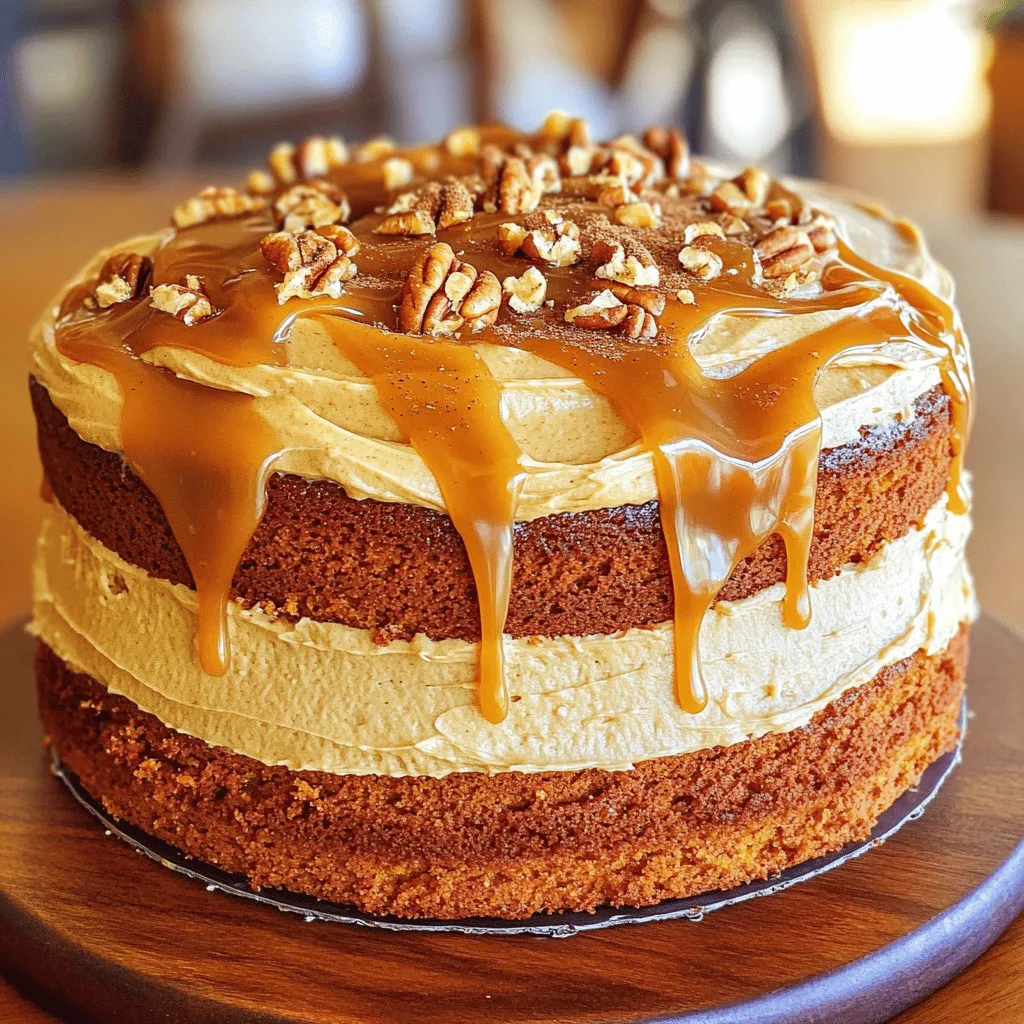 - 1 ½ cups all-purpose flour - 1 teaspoon baking powder - 1 teaspoon baking soda - ½ teaspoon salt - 1 teaspoon ground cinnamon - ½ teaspoon ground nutmeg - ½ teaspoon ground ginger - 1 cup granulated sugar - ½ cup packed brown sugar - ½ cup vegetable oil - 2 large eggs - 1 cup canned pumpkin puree - ½ cup buttermilk - 1 teaspoon vanilla extract - 8 oz cream cheese, softened - ½ cup unsalted butter, softened - 1 cup powdered sugar - ½ cup caramel sauce - A pinch of salt - 2 9-inch round cake pans - Mixing bowls - Electric mixer or whisk - Spatula or wooden spoon - Measuring cups and spoons When I make this autumn pumpkin cake, I love to gather my ingredients first. It helps me stay organized and ready. The cake is moist and rich with spices. The pumpkin puree is key for this. The frosting adds a creamy sweetness that is hard to resist. For the frosting, I use cream cheese and butter. This makes it fluffy and smooth. Don't skip the caramel sauce; it gives the frosting a wonderful flavor. Also, always remember to soften the cream cheese and butter first. It makes mixing much easier. Using the right tools is important too. I prefer my electric mixer for the frosting. It helps to whip the ingredients quickly. The cake pans should be greased and floured well. This keeps the cake from sticking. You can find the full recipe with all the steps and tips. Enjoy creating this treat that tastes like fall! - Preheat oven to 350°F (175°C). - Grease and flour the cake pans. Start by heating your oven. This step is key for a nice rise. While the oven warms, take two 9-inch round cake pans. Grease them well with butter or cooking spray. Dust them lightly with flour. This helps the cake come out easily after baking. - Whisk together flour, baking powder, baking soda, salt, cinnamon, nutmeg, and ginger. In a medium bowl, add your dry ingredients. Combine flour, baking powder, baking soda, salt, and spices. Whisk them together until mixed. This mix will add flavor and structure to your cake. Set this bowl aside for now. - Combine sugars and oil, then add eggs, pumpkin puree, and buttermilk. In a large bowl, mix granulated sugar and brown sugar with vegetable oil. Use a mixer or whisk to blend these until fluffy. Next, beat in the eggs one at a time. After fully mixing in each egg, add pumpkin puree and buttermilk. Stir until everything is smooth. - Fold dry ingredients into the wet mixture until just combined. Now, gently fold the dry mix into the wet mix. Use a spatula or wooden spoon for this. Mix just until you see no dry flour. You want to be careful not to overmix. This helps keep the cake light and fluffy. - Divide batter into pans and bake for 25-30 minutes. Pour the batter evenly into your prepared pans. Give each pan a light tap on the counter. This helps release air bubbles. Place the pans in the oven and bake. Check them after 25 minutes. They are done when a toothpick comes out clean or with a few crumbs. - Beat cream cheese and butter, then add powdered sugar and caramel sauce. In another bowl, beat softened cream cheese and butter together. Keep mixing until smooth. Gradually add the powdered sugar, mixing until combined. Finally, stir in caramel sauce and a pinch of salt to taste. Your frosting should be light and spreadable. - Layer frosting between cake layers and on top. Once the cakes cool, place one layer on a serving plate. Spread a generous layer of frosting on top. Carefully place the second layer on top. Use the remaining frosting to coat the top and sides evenly. For a fun touch, drizzle extra caramel over the top. For the full recipe, refer to the instructions above. Enjoy the warm flavors of autumn in each bite! To make your cake fluffy, avoid overmixing the batter. Stir gently until the dry and wet ingredients blend. Overmixing can lead to a dense cake, which we don’t want. Another key tip is to ensure all ingredients are at room temperature. This helps them mix together smoothly, creating a light and airy cake. For a beautiful finish, use a spatula for even frosting application. This tool helps spread the frosting smoothly across the cake. Another good trick is to chill the cake before frosting. A cold cake is easier to frost evenly. It keeps the frosting from sliding off during the process. To make your cake even more appealing, consider optional garnishes. A sprinkle of ground cinnamon adds warmth and spice. Crushed pecans provide a nice crunch and contrast. If you want extra indulgence, add a dollop of whipped cream on each slice. This will not only look great but also taste amazing. For the full recipe, check out the complete guide. {{image_4}} To make your autumn pumpkin cake even more fun, consider adding chocolate chips or pecans to the batter. Chocolate chips bring a rich sweetness that pairs well with pumpkin spice. Pecans add crunch and a nice nutty flavor. You can mix in about ½ cup of either for a tasty twist that surprises everyone. If you're in the mood for something different, try swapping the caramel sauce in the frosting for chocolate ganache or maple syrup. Chocolate ganache adds a deep, rich flavor that chocolate lovers will adore. Maple syrup gives a sweet, earthy taste that enhances the autumn vibe. Both options create unique frostings that will impress your guests. For those needing a gluten-free option, simply replace the all-purpose flour with a gluten-free blend. Many blends work well, so choose one that you like. This small change allows everyone to enjoy this delicious cake without worry. Just be sure to check that your other ingredients are also gluten-free. These variations keep your cake fresh and exciting, letting you enjoy new flavors each time you bake. For the detailed recipe, don't forget to check the Full Recipe. Store your Autumn Pumpkin Cake in an airtight container in the fridge. It will stay fresh for up to 5 days. This keeps the cake moist and flavorful. Just remember to let it cool completely before storing. You can freeze this cake too! Wrap individual slices or the whole cake in plastic wrap. Then, place it in a freezer-safe bag. It will stay good for up to 3 months. This is a great way to save some for later. To enjoy your frozen cake, thaw it overnight in the fridge. This helps keep the texture just right. Once thawed, you can frost it or serve it plain. If you want to add that caramel cream cheese frosting, do it after thawing for the best taste. For the full recipe, check the complete section above. Yes, but ensure it's pureed and properly cooked. Fresh pumpkin has great flavor. Just roast it in the oven, then mash or blend until smooth. This gives your cake a homemade touch. A toothpick inserted in the center should come out clean or with a few moist crumbs. If it comes out wet, bake it a little longer. Keep an eye on it from 25 minutes onward. Substitute with milk mixed with vinegar or lemon juice (1 cup milk + 1 tbsp vinegar/lemon juice). This mix will mimic the acidity of buttermilk. It's a quick and easy fix, perfect for your baking needs. This blog post covered how to make a delicious pumpkin cake from scratch. We looked at what ingredients you need, how to mix them, and the best baking tips. Remember to prepare your pans and mix well without overdoing it. Frost your cake with a creamy layer and enjoy! This recipe lets you customize flavors and store leftovers easily. Baking is fun, so try this recipe out. You’ll love sharing it with others. Happy baking!