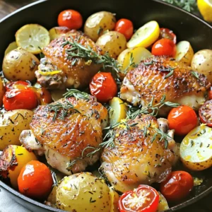 - 4 bone-in, skin-on chicken thighs - 1 cup baby potatoes, halved - 1 cup cherry tomatoes, whole - 1 bell pepper, sliced - 4 cloves garlic, minced - 1 tablespoon fresh rosemary, finely chopped - 1 tablespoon fresh thyme, finely chopped - 2 tablespoons extra virgin olive oil - Juice and zest of 1 medium lemon - Salt and freshly cracked black pepper to taste - Large oven-safe skillet (preferably cast iron) - Meat thermometer - Mixing bowl The main ingredients create a colorful and tasty dish. The chicken thighs provide rich flavor and moisture. Baby potatoes add a hearty bite, and cherry tomatoes offer sweetness. Sliced bell peppers bring crunch and color. Garlic enhances the dish with a savory kick. For the marinade, fresh herbs like rosemary and thyme add depth. Olive oil helps coat the chicken and veggies, while lemon juice brightens the flavors. Using salt and pepper helps to enhance all the tastes. You will need a large oven-safe skillet. A cast iron skillet retains heat well and gives a nice sear. A meat thermometer ensures the chicken cooks to the perfect temperature. A mixing bowl helps combine the marinade easily. This dish is simple yet packed with flavor. You can find the full recipe to guide you through the cooking steps. Enjoy your one-pan chicken dinner! - Set oven to 400°F (200°C) First, you need to preheat your oven. This step is key for a perfect roast. A hot oven helps the chicken cook evenly and brown nicely. - Whisk together olive oil, lemon juice, zest, garlic, herbs, salt, and pepper Now, grab a bowl. Whisk the olive oil, lemon juice, and zest together. Add minced garlic, rosemary, thyme, salt, and pepper. Mix well to create a tasty marinade. This blend adds great flavor to the chicken. - Coat chicken thighs in marinade and let sit (15 mins if time allows) Next, take your chicken thighs. Coat them in the marinade. Make sure every part is covered. If you have time, let them sit for about 15 minutes. This step makes the chicken juicy and flavorful. - Arrange potatoes, tomatoes, and bell pepper in the skillet Now, it’s time for the veggies. In a large oven-safe skillet, arrange the halved baby potatoes, whole cherry tomatoes, and sliced bell pepper. Drizzle a bit of olive oil and sprinkle salt and pepper. Toss them gently to mix. - Place marinated chicken on top and bake for 30-35 mins Place the marinated chicken directly on the veggies. Make sure the skin side is up. This helps it get crispy. Now, put the skillet in the oven. Bake for 30-35 minutes. The chicken should be golden and the veggies tender. - Let it rest and serve directly from the pan After baking, remove the skillet from the oven. Let it rest for a few minutes. This allows the juices to settle. Finally, serve the dish right from the pan. It looks great and tastes even better. Enjoy your one-pan chicken dinner! For the complete recipe, check out the Full Recipe section. To get crispy skin on your chicken, always start with bone-in, skin-on pieces. The bones keep the meat moist and the skin becomes crunchy when cooked properly. Pat the chicken dry with paper towels before marinating. This helps the skin crisp up nicely. Marinating the chicken is key. It adds flavor and moisture. I suggest letting it sit for at least 15 minutes. If you have more time, marinate for a few hours or overnight for the best taste. You can mix in other vegetables for fun. Think about using carrots, zucchini, or asparagus. They cook well and add color. Seasonal veggies work great too. In the fall, try butternut squash or brussels sprouts. In the summer, go for corn or green beans. Let your taste and the seasons guide you. Garnishing makes your dish pop. Fresh herbs like parsley or thyme add color and flavor. Just sprinkle them on top right before serving. For a cozy touch, serve with crusty bread. It’s perfect for soaking up those tasty juices. You can also use a nice platter if you want to impress guests. Presenting from the pan gives a rustic charm. It's both easy and beautiful! {{image_4}} You can change the taste of your one-pan chicken dinner easily. Adding spices like paprika or cumin gives the dish a warm kick. Paprika adds a sweet, smoky flavor, while cumin has a nutty taste. You can also use different herbs. Try basil or oregano for a fresh twist. Fresh herbs brighten the meal and make it more fun. If you follow a low-carb diet, you can skip some vegetables. Focus on the chicken and add only low-carb veggies like zucchini or broccoli. You can also adapt this dish for gluten-free diets. All the ingredients in the full recipe are gluten-free. Just check labels on any store-bought items. This recipe isn’t just for chicken. You can use pork or tofu instead. For pork, choose tenderloin or chops. For tofu, use firm or extra-firm. You can cook different types of meats in one pan too. Just adjust cooking times based on the protein you use. It keeps things easy and tasty. To store your One-Pan Lemon Herb Chicken Dinner safely, follow these steps: - In the fridge: Place any leftover chicken and vegetables in an airtight container. This keeps them fresh and tasty. Make sure to cool the dish to room temperature before sealing it. - Freezing: If you want to freeze leftovers, let them cool first. Then, put them in a freezer-safe bag or container. Press out the air to avoid freezer burn. To enjoy your chicken again, use these reheating methods: - Oven method: Preheat your oven to 350°F (175°C). Place the chicken and veggies in an oven-safe dish. Cover with foil to keep moisture in, and heat for about 15-20 minutes. - Microwave method: For a quick fix, use the microwave. Place the chicken on a plate and cover with a damp paper towel. Heat in short bursts of 1-2 minutes, checking often to avoid drying it out. To keep the chicken moist, add a splash of broth or water when reheating. This helps retain flavor and texture. How long can your meal last? - Fridge: The chicken and veggies can stay fresh for up to 3 days. - Freezer: When frozen, they can last for about 2-3 months. After that, the quality may decline. Enjoying your One-Pan Lemon Herb Chicken Dinner again is easy with these storage tips! For the complete recipe, check out the Full Recipe section. Yes, you can use boneless chicken thighs. They cook faster than bone-in ones. You should reduce the cooking time by about 10 minutes. Always check that your chicken reaches 165°F (75°C) for safety. Boneless thighs will still be juicy but may not have the same flavor depth from the bone. I love to serve my One-Pan Chicken Dinner with fresh sides. Here are some great options: - A crisp green salad with lemon vinaigrette - Crusty bread to soak up the juices - Garlic bread for added flavor - Steamed green beans or broccoli for crunch These sides balance the meal and add freshness. To check if your chicken is cooked, use a meat thermometer. Insert it into the thickest part of the thigh. It should read 165°F (75°C). If you don’t have a thermometer, look for these signs: - The juices should run clear, not pink. - The meat should be firm to the touch. - The skin should be golden brown and crispy. These tips help ensure your chicken is safe and delicious! This blog post covered a simple and tasty one-pan chicken dinner. We discussed the main ingredients, how to marinate the chicken, and prepare the vegetables. I shared tips for perfecting your dish, along with variations to keep things exciting. Don't forget to store leftovers properly and keep an eye on cooking times. With these guidelines, you can enjoy a delicious meal that's easy to make and share. You now have all the tools you need to impress yourself and others with your cooking skills!
