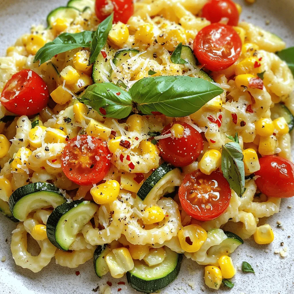 - 400g cavatelli pasta - 2 cups fresh corn kernels (approximately 3-4 ears) - 1 medium zucchini, diced into bite-sized pieces - 2 cups cherry tomatoes, halved Cavatelli is a short pasta that holds sauce well. The ridges help grab onto the flavors. Fresh corn adds sweetness and crunch. Zucchini brings a nice, tender texture. Cherry tomatoes burst with juicy goodness. - Fresh basil leaves - ½ cup grated Parmesan cheese Basil gives a fresh, herbal note to the dish. Parmesan cheese adds a rich, creamy layer. Both ingredients enhance the overall flavor and presentation. - 3 cloves garlic, minced - 3 tablespoons extra virgin olive oil - 1 teaspoon red pepper flakes (adjust according to spice preference) - Salt and freshly ground black pepper Garlic adds depth and aroma. Olive oil provides a smooth, rich base for the dish. Red pepper flakes give a hint of heat, balancing the sweetness of the corn and tomatoes. Salt and pepper elevate all the flavors. This combination of ingredients makes a delightful dish. For the full recipe, check out Summer Cavatelli Delight. 1. Boiling Water and Cooking Time Start by filling a large pot with water. Add a generous amount of salt. Bring the water to a rolling boil. Once it boils, add the cavatelli pasta. Cook it for about 8 to 10 minutes. Check the package for the exact time to reach al dente. 2. How to Reserve Pasta Water Before you drain the pasta, use a measuring cup to scoop out 1 cup of the pasta water. This water is starchy and helps to bind the sauce later. Drain the pasta and set it aside. 1. Preparing the Aromatics In a large skillet, heat 3 tablespoons of olive oil over medium heat. Add 3 minced garlic cloves and 1 teaspoon of red pepper flakes. Stir it for about 1 minute. The garlic should smell great and turn golden. 2. Cooking Time for Corn and Zucchini Add 2 cups of fresh corn kernels and 1 diced zucchini to the skillet. Stir well and cook for about 5 to 7 minutes. The zucchini should become tender, and the corn should start to caramelize slightly. 1. Mixing Pasta with Vegetables Once the veggies are ready, add the drained cavatelli to the skillet. Toss them gently with the vegetables. 2. Achieving the Right Consistency If the mix looks dry, slowly pour in the reserved pasta water. Keep stirring until you reach a light and saucy consistency. Taste it and add salt and pepper to your liking. Now, you can savor your Summer Cavatelli with Corn, Tomatoes, and Zucchini. For the full recipe, check the details above! Ensuring Perfect Pasta Texture To get the right texture, cook the cavatelli until it is al dente. This means it should be firm yet tender. Be careful not to overcook it. Always taste a piece before draining the pasta. Enhancing Flavors with Seasoning Season your pasta water well with salt. This adds flavor to the pasta as it cooks. When sautéing, add salt and pepper to the vegetables. This helps to bring out their natural taste. Serving Suggestions Serve the cavatelli in shallow bowls for a lovely look. This allows guests to see all the colorful ingredients. You can also add a drizzle of olive oil on top for shine. Garnishing for Visual Appeal Fresh basil leaves add a pop of green to the dish. Sprinkle them on right before serving. If you like cheese, a light sprinkle of grated Parmesan adds a nice touch too. Overcooking the Vegetables Cook the corn and zucchini just until tender. Overcooking makes them mushy and bland. Aim for a slight crunch to keep them fresh and vibrant. Skipping Reserved Pasta Water Always save some pasta water before draining. This starchy water helps to create a nice sauce. If your dish seems dry, slowly add the reserved water until it reaches the right consistency. {{image_4}} Alternative Vegetables You can switch up the veggies in this dish. Try using bell peppers, spinach, or green beans. Each will add its unique flavor and texture. For a heartier option, add mushrooms or eggplant to the mix. They will give your cavatelli a rich taste. Using Different Pasta Shapes While cavatelli is perfect, you can use other pasta shapes. Fusilli, penne, or farfalle work well too. These shapes hold the sauce just as well. Choose what you have on hand or what you love most. Adding Proteins Want to make this dish more filling? Add proteins like grilled chicken, shrimp, or chickpeas. Cook them separately, then toss them in with the vegetables. This will create a balanced meal that satisfies everyone. Incorporating Fresh Herbs Herbs can elevate the flavors in your cavatelli. Basil is great, but you can also use parsley or oregano. Add them at the end for a fresh touch. Experiment with your favorite herbs to find your perfect mix. Gluten-Free Options If you need a gluten-free option, use gluten-free pasta. Many brands offer pasta that cooks well and tastes great. Just follow the package instructions for the best results. Vegan Alternatives To make this dish vegan, skip the Parmesan cheese. Use nutritional yeast instead for a cheesy flavor. You can also add more veggies or beans for protein. This way, everyone can enjoy Summer Cavatelli with Corn, Tomatoes, and Zucchini. For the full recipe, check out the earlier sections. - Best Containers for Storage: Use airtight containers to keep the cavatelli fresh. Glass containers work well. They help prevent odors and keep the flavors intact. - Refrigeration Tips: Store leftovers in the fridge. They will stay fresh for up to three days. Make sure to cool the dish before sealing to avoid condensation. - Recommended Methods: Reheat the cavatelli in a skillet over medium heat. Add a splash of water or olive oil to help it warm evenly. Stir gently to avoid sticking. - Avoiding Dryness: Keep an eye on the heat. If it seems dry, add more water or olive oil. This will help maintain the dish's creamy texture. - Can You Freeze Cavatelli?: Yes, you can freeze cavatelli. However, the texture may change. It’s best to freeze it without the sauce. - How to Thaw Properly: Thaw the frozen cavatelli in the fridge overnight. Reheat on the stove with a little water or oil to restore moisture. For the full recipe, check out the Summer Cavatelli Delight. - Step-by-step Overview To make Summer Cavatelli, follow these easy steps: 1. Cook the Pasta: Boil salted water. Add cavatelli and cook until al dente. Save 1 cup of water, then drain the pasta. 2. Sauté the Aromatics: Heat olive oil in a skillet. Add minced garlic and red pepper flakes. Cook for 1 minute until fragrant. 3. Add Corn and Zucchini: Stir in corn and zucchini. Cook for 5-7 minutes or until tender. 4. Incorporate the Tomatoes: Add halved cherry tomatoes. Cook for another 3-4 minutes until soft. 5. Combine with Pasta: Add the drained cavatelli to the skillet. Toss everything together. Use reserved water if needed. 6. Season and Heat Through: Season with salt and pepper. Toss until hot. 7. Garnish and Serve: Serve warm with Parmesan and fresh basil. Enjoy this summer delight! For the complete recipe, check out the Full Recipe. - Side Dish Suggestions Cavatelli pairs well with simple sides. Consider these options: - A fresh green salad with a light vinaigrette. - Grilled vegetables for a smoky flavor. - Garlic bread for a satisfying crunch. - A slice of focaccia to soak up the sauce. These sides add balance to your meal and enhance the overall experience. - Meal Prep Tips and Recommendations Yes, you can prepare this dish ahead of time. Here’s how: - Cook the Pasta: Follow the recipe but stop before mixing in the vegetables. - Store Separately: Keep the cavatelli and sautéed veggies in separate containers. This keeps the pasta from getting soggy. - Reheat Later: When ready to serve, heat the veggies in a skillet. Add cavatelli and a little reserved water to warm it up. This method keeps your meal fresh and delicious, even when made in advance! This blog post covered how to make Summer Cavatelli with fresh corn, tomatoes, and zucchini. We explored main and optional ingredients, seasoning, and cooking steps. I shared tips to avoid common mistakes and suggested variations for different diets. Proper storage methods were also detailed for leftovers. In conclusion, creating this dish is simple and fun. Feel free to play with ingredients and make it your own. Enjoy your cooking!