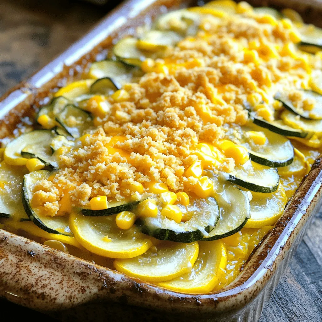 - Zucchini and yellow squash: These are the main stars of the dish. Choose fresh, firm squash for the best flavor. Slice them thinly to ensure even cooking. - Aromatics: onion and garlic: The diced onion adds sweetness, while minced garlic brings a punch of flavor. Sautéing them releases their natural oils and aroma. - Creamy components: sour cream and cheese: Sour cream adds richness, making the casserole creamy. Cheddar cheese brings a sharp taste that pairs well with the squash. Use a mix of shredded and melted cheese for a great texture. - Corn kernels: fresh vs. frozen: Corn adds sweetness and texture. Fresh corn gives a bright crunch, while frozen corn is convenient and just as tasty. - Herbs and seasonings: thyme and paprika: Thyme adds a warm, earthy note, while paprika gives a subtle smokiness. Feel free to adjust these to fit your taste. 1. First, preheat your oven to 350°F (175°C). This step is key for a well-baked casserole. 2. Next, heat olive oil in a large skillet over medium heat. Add diced onions and minced garlic. Cook for about 3-4 minutes. You want the onions to turn clear and smell great. 1. Now, add the thinly sliced zucchinis and yellow squash to the skillet. Stir them in well. 2. Sauté for about 5-7 minutes. The squash should start to soften. Add corn kernels, then season with thyme and paprika. Mix everything well and remove from heat. 1. In a big mixing bowl, whisk together the beaten eggs, sour cream, and half of the shredded cheddar cheese. Make sure it's smooth. 2. Gently fold in the sautéed squash mixture. This step makes sure all the flavors blend together nicely. 1. Lightly grease a 9x13 inch baking dish to help prevent sticking. 2. Pour the combined squash mixture into the dish. Spread it evenly across the bottom. 3. Sprinkle the remaining shredded cheddar cheese over the top. Then, layer crushed buttery crackers on top for a crunchy finish. 4. Place the dish in the oven and bake for 30-35 minutes. Check it until the top is golden brown and bubbly. Follow the [Full Recipe] for more details and tips. To get the best texture for your Cozy Southern Squash Casserole, slice your squash evenly. Use a sharp knife for clean cuts. This helps all the pieces cook at the same time. Aim for about a quarter-inch thickness. If some pieces are too thick, they may not soften fully. Moisture balance is important too. If the squash releases too much water, it can make the dish soggy. To avoid this, cook the squash just enough before mixing it in. After sautéing, let it cool for a bit. This helps it release some moisture before mixing. Spices and herbs can make your dish special. Adding a pinch of nutmeg or cayenne pepper can change the flavor. Mix in a tablespoon of fresh herbs like basil or parsley for a fresh taste. You can even try adding a splash of hot sauce for some heat. When using herbs, fresh is always best, but dried herbs work well too. Fresh herbs add a bright flavor, while dried herbs offer a stronger taste. If you use dried herbs, remember to use less. A teaspoon of dried thyme goes a long way. When serving your casserole, consider the look. You can dish it out onto individual plates or serve it directly from the baking dish. Garnishing with fresh herbs, like thyme or parsley, adds a nice touch. Let your casserole cool for about 10 minutes before serving. This helps it set, making it easier to scoop out. A golden, bubbly top paired with a sprinkle of color looks great and tastes even better. {{image_4}} You can switch up the squash in this dish. Try butternut or acorn squash for a new taste. They bring sweetness and texture that blend well with the other flavors. For cheese, consider using feta or mozzarella. Both add a creamy texture and unique flavor to the casserole. If you need a gluten-free option, swap the buttery crackers for gluten-free ones. Look for brands that mimic the crunch and flavor. For vegetarian options, leave out any meat and focus on the veggies. You can add mushrooms or peppers for extra depth and nutrition. To bring in classic Southern flavors, add crumbled bacon or sausage. This adds a savory richness that elevates the dish. You can also incorporate different vegetables like spinach or bell peppers. This not only adds color but boosts the health factor of your casserole. To keep your Cozy Southern Squash Casserole fresh, first let it cool to room temperature. Then, store it in an airtight container. This helps keep moisture in and prevents drying out. I recommend using glass or plastic containers with tight lids. These are easy to stack in the fridge. The casserole will last about 3 to 5 days in the fridge. To reheat your casserole without losing flavor, use the oven. Preheat it to 350°F (175°C). Then, place the casserole in an oven-safe dish. Cover it with foil to keep moisture in. Heat for about 20 minutes or until it's hot all the way through. You can also use the microwave, but it may dry out the dish. If you do, heat it in short bursts and stir in between. To refresh the leftovers, add a sprinkle of cheese or a drizzle of olive oil before serving. This keeps it tasty and inviting! You can store the squash casserole in the fridge for about 3 to 5 days. For the best taste, eat it within this time. If you freeze it, it can last for about 2 to 3 months. Just make sure to seal it tightly to avoid freezer burn. Yes, you can prep the casserole a day in advance. Chop the squash, onion, and garlic, then mix them together. Store them in the fridge. Prepare the egg and sour cream mixture as well. The next day, combine everything and bake it. This method saves time and keeps flavors fresh. This casserole pairs well with many dishes. Here are some ideas: - Grilled chicken or pork - A fresh garden salad - Cornbread or biscuits - Roasted vegetables Yes, squash casserole freezes well. To freeze it, let it cool completely. Then, place it in an airtight container or wrap it tightly in foil. When you're ready to eat, defrost it in the fridge overnight before reheating. A serving of Cozy Southern Squash Casserole has about 250 calories. It contains healthy fats from cheese and olive oil. You also get a good amount of fiber from squash and corn. Each serving has about 10 grams of protein and is low in carbs. To add some heat, try these tips: - Mix in diced jalapeños or green chilies - Use pepper jack cheese instead of cheddar - Add a dash of hot sauce in the egg mixture These simple changes will give your casserole a spicy kick! This blog post covered everything you need for a tasty squash casserole. We explored essential and optional ingredients, provided step-by-step instructions, and shared tips for the best texture and flavor. You can also find ways to modify the recipe for dietary needs or add regional flavors. Whether you’re serving it fresh or storing leftovers, these tips will ensure a great meal. Enjoy creating your cozy squash casserole, and don’t hesitate to experiment! Simple adjustments can make it truly yours.