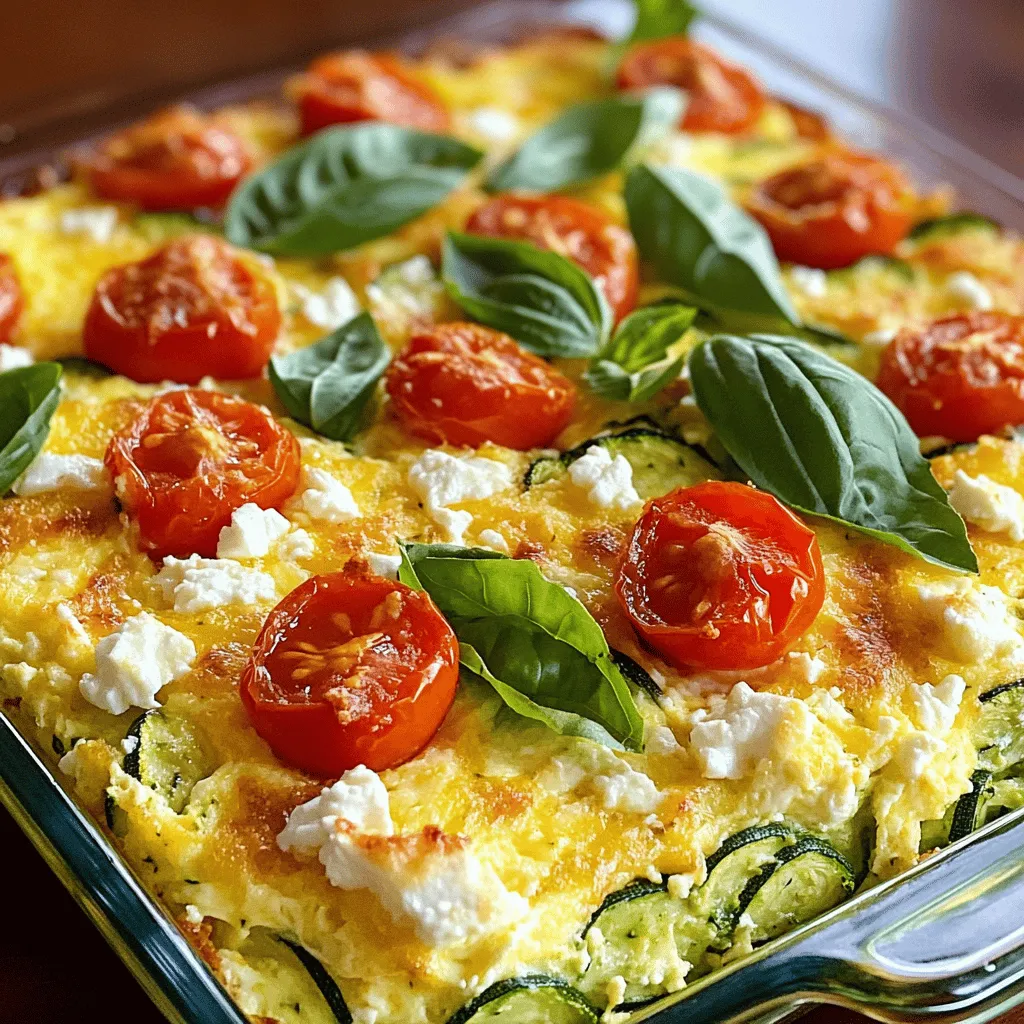 - 2 medium zucchinis, coarsely grated - 1 cup crumbled feta cheese - 6 large eggs - 1/2 cup milk (or your choice of dairy-free alternative) - 1/2 cup cherry tomatoes, halved - 1 small onion, finely chopped - 2 cloves garlic, minced - 1 teaspoon dried oregano - 1/2 teaspoon salt - 1/4 teaspoon freshly cracked black pepper - 2 tablespoons olive oil When I create a Zucchini Feta Egg Casserole, the main ingredients shine. Zucchini adds a mild taste and a nice texture. It’s healthy and blends well with other flavors. Feta cheese brings a salty and creamy element. It melts beautifully into the dish. Eggs serve as the base, binding everything together. The additional ingredients add depth. Milk, or a dairy-free option, makes the casserole rich. Cherry tomatoes burst with juices, adding sweetness. Onions and garlic bring a savory kick. When sautéed, they become soft and sweet, enhancing the dish's flavor. Seasonings are vital for taste. Dried oregano gives a warm, herbal note. Salt boosts all the flavors, and black pepper adds a hint of spice. Olive oil is perfect for sautéing, making the veggies tender and golden. This Zucchini Feta Egg Casserole is simple yet flavorful. You can find the full recipe for a delightful cooking experience that the whole family will enjoy! - Preheat oven to 375°F (190°C). - Grate 2 medium zucchinis and chop 1 small onion and 2 cloves garlic. - In a large sauté pan, heat 2 tablespoons of olive oil over medium heat. - Add the chopped onion and sauté for about 3-4 minutes until it turns soft. - Stir in the minced garlic and grated zucchini. Cook for an additional 5 minutes. - The zucchini should be tender and most of the water should be gone. Remove from heat and let it cool. - In a medium bowl, crack 6 large eggs. - Whisk them with 1/2 cup milk, 1 teaspoon dried oregano, 1/2 teaspoon salt, and 1/4 teaspoon black pepper until smooth. - Gently combine the cooled zucchini mixture, 1 cup crumbled feta cheese, and 1/2 cup halved cherry tomatoes into the egg mix. Stir carefully. - Pour the mixture into a greased 9x9-inch baking dish. - Spread it evenly across the dish. - Bake in the preheated oven for 25-30 minutes. - The casserole should be firm and the top lightly golden. Once you follow these steps, you will have a warm and tasty Zucchini Feta Egg Casserole. For the complete recipe, check out the Full Recipe section. To ensure the zucchini is not watery, start by grating it and then squeezing out the excess moisture. Place the grated zucchini in a clean kitchen towel and twist it to remove water. This step is key to avoiding a soggy casserole. For a golden top, bake the casserole until the edges are firm and the center is just set. You can also broil it for the last few minutes to get that nice, golden color. Keep an eye on it so it doesn’t burn. This casserole shines when you serve it warm. Pair it with a light salad for a fresh touch. A slice of crusty bread also makes a great side. For garnishing before serving, sprinkle fresh basil leaves on top. You can also add a few halved cherry tomatoes for color. A drizzle of olive oil can enhance the flavors even more. For the full recipe, check out the Zesty Zucchini Feta Egg Casserole. {{image_4}} You can change the cheese in this dish. If you're lactose intolerant, try a dairy-free feta. It adds a similar tang without the dairy. You can also swap feta for goat cheese. It gives a creamy texture and a unique taste. Mix in other veggies too. Bell peppers, spinach, or mushrooms work well. You can use any veggie you like. Just make sure to chop them small. This way, they mix well in the dish. To boost the flavor, add fresh herbs. Basil, parsley, or chives bring a fresh taste. You can also add a pinch of red pepper flakes for some heat. This small change can really wake up the dish. When sautéing, try using different oils. For a richer flavor, use avocado oil or garlic-infused oil. These oils can make a big difference in taste. You can explore new flavors with each swap you make. For the full recipe and more tips, check out the [Full Recipe]. After enjoying the Zucchini Feta Egg Casserole, you might have some leftovers. Store them in an airtight container. This keeps them fresh and tasty. You can place the casserole in the fridge for up to four days. When you're ready to eat, just reheat the portions in the microwave or oven. If you want to save some for later, freezing is a great option. First, let the casserole cool completely. Then, cut it into squares and wrap each piece in plastic wrap. Place the wrapped pieces in a freezer-safe bag or container. This helps keep the flavor intact. The casserole can last in the freezer for up to three months. When you are ready to eat, take a piece out and thaw it in the fridge overnight. To reheat, place it in the oven at 350°F (175°C) for about 20 minutes or until warm. You can also microwave it for a few minutes, stopping to check that it's hot all the way through. These steps ensure you enjoy your Zucchini Feta Egg Casserole without waste. For the full recipe, you can refer back to the earlier sections. Yes, you can prepare this casserole a day ahead. Just follow these steps: - Grate the zucchini and chop the onion and garlic. - Cook the zucchini mixture and let it cool. - Mix the egg base and combine with the zucchini. - Store the mixture in the fridge, covered. - Bake it fresh when you're ready to eat. This keeps the flavors bright and tasty. Absolutely! This casserole works great for meal prep. Here are some tips: - Cut the casserole into squares after baking. - Store each square in an airtight container. - You can reheat in the microwave or oven. - Pair it with a side salad or fruit for a balanced meal. Yes, feel free to swap in other veggies! Here are a few ideas: - Spinach adds a nice green touch. - Bell peppers give a sweet crunch. - Mushrooms add a savory depth. - Seasonal vegetables can keep it fresh and exciting! To make this casserole gluten-free, use these tips: - Check that your feta cheese is gluten-free. - Use gluten-free milk alternatives, like almond or oat milk. - Always read labels on packaged items for hidden gluten. - This way, everyone can enjoy this tasty dish! This casserole pairs nicely with many sides. Here are some ideas: - A light green salad with vinaigrette. - Sliced avocado for creaminess. - Crusty bread or rolls for dipping. - Fresh fruit, like berries or melon, for a sweet finish. For the full recipe, check out the Zesty Zucchini Feta Egg Casserole! This blog post explored how to make a delicious Zucchini Feta Egg Casserole. We discussed key ingredients like zucchini, feta cheese, and egg. I shared step-by-step instructions for prepping, cooking, and baking. You learned tips to perfect texture and flavor. I also offered ideas for variations and serving suggestions. In closing, this casserole is easy to make and great for meals. You can customize it to fit your tastes. Enjoy creating your own version!