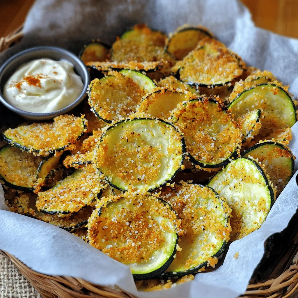 To make the best crunchy zucchini chips, you need a few key items: - 2 medium zucchinis, fresh and firm - 1 cup breadcrumbs (panko works best) - 1/2 cup freshly grated Parmesan cheese - 1 teaspoon garlic powder - 1 teaspoon onion powder - 1 teaspoon smoked paprika - 1/2 teaspoon fine sea salt - 1/4 teaspoon freshly ground black pepper - 2 large eggs, preferably free-range - Cooking spray or a drizzle of olive oil These ingredients will give you a tasty and crispy chip that you can’t resist. You can play with flavors by adding different spices or herbs. Here are some fun ideas: - Dried oregano or basil for a herb twist - Cayenne pepper for heat - Lemon zest for a fresh kick Adding these optional ingredients can take your chips to the next level. Zucchini is low in calories and high in nutrients, making it a smart choice. Here are some key points: - Low in calories: About 33 calories per medium zucchini - High in fiber: Good for digestion and feeling full - Packed with vitamins: Rich in Vitamin C and potassium This makes zucchini a healthy base for your crunchy chips. You can enjoy a delicious snack without guilt! Start with fresh zucchinis. I use two medium ones, firm to the touch. Slice them into thin discs, about 1/8 inch thick. This thickness helps them crisp up nicely. After slicing, pat each slice dry with a paper towel. Removing excess moisture is key to getting that perfect crunch. In a shallow dish, mix the dry ingredients. Combine 1 cup of breadcrumbs with 1/2 cup of grated Parmesan cheese, 1 teaspoon of garlic powder, 1 teaspoon of onion powder, 1 teaspoon of smoked paprika, and sprinkle in some salt and black pepper. This blend adds great flavor. In another bowl, beat 2 large eggs until smooth. Dip each zucchini slice into the egg, letting the extra drip off. Then, coat it with the breadcrumb mixture. Press gently to ensure the crumbs stick well. Line two baking sheets with parchment paper. Place the coated zucchini slices in a single layer, avoiding overlap. For extra crunch, spray the tops lightly with cooking spray or drizzle some olive oil. Preheat your oven to 225°F (110°C) and bake for about 2-3 hours. Flip the chips halfway through for even cooking. Once they are a rich golden brown and crisp, remove them. Let them cool on a wire rack to stay crunchy. Enjoy your homemade crispy zucchini delight chips! For the full recipe, click here. To get the best crunch from your zucchini chips, follow some simple tips. First, slice your zucchinis thinly, about 1/8 inch thick. Thinner slices cook better and crisp up nicely. Second, make sure to pat each slice dry with a paper towel. Moisture leads to soggy chips, so this step is key. Third, bake at a low temperature of 225°F (110°C) for a long time. This slow cooking helps remove moisture, creating a perfect crunch. Lastly, flip your chips halfway through baking for even crispiness. Avoid these common mistakes to ensure your chips come out great. First, do not skip the drying step. Wet slices will not crisp up well. Second, do not overcrowd your baking sheets. Leave space between the chips so they can cook evenly. Third, use fresh zucchini. Old zucchinis contain more water and less flavor. Finally, be patient. Rushing the cooking time can lead to chewy, soggy chips instead of crispy ones. You can boost the taste of your zucchini chips with different seasonings. Try adding herbs like dill or oregano for a fresh twist. For a spicy kick, mix in cayenne pepper or chili powder. You can also experiment with cheese blends, like adding cheddar or feta. If you want a sweet touch, sprinkle some cinnamon or sugar before baking. The options are endless, so feel free to get creative! For the full recipe, check out the Crispy Zucchini Delight Chips section. {{image_4}} If you want to make vegan zucchini chips, swap the eggs and cheese. Instead of eggs, use a mix of ground flaxseed and water. This mix helps the coating stick. For the cheese, try nutritional yeast. It adds a cheesy flavor without dairy. You can also use almond flour instead of breadcrumbs for a nutty twist. You can make crispy zucchini chips in two ways: air fryer or oven. The air fryer cooks faster and uses less oil. It gives a great crunch too. Set it to 375°F (190°C) and cook for about 10-15 minutes. Make sure to shake the basket halfway. The oven method is slower but works well too. Baking them low and slow gives a nice, even crisp. Don't be afraid to get creative with flavors! Add spices like cayenne for heat or Italian herbs for a tasty twist. If you love cheese, sprinkle some extra Parmesan on top before baking. You can also try a sweet version by mixing cinnamon and sugar for a dessert-style chip. Each flavor makes your zucchini chips unique and fun! To keep your zucchini chips fresh, store them in an airtight container. This prevents moisture from making them soggy. You can use a resealable plastic bag or a glass jar with a tight lid. If you want extra protection, add a paper towel inside the container. This absorbs any moisture and helps the chips stay crisp. Homemade zucchini chips can last about 3 to 5 days if stored properly. After that, they may lose their crunch and flavor. Always check for any signs of spoilage before eating. If they look or smell off, it’s best to toss them out. To reheat your zucchini chips, use an oven or an air fryer. Preheat your oven to 350°F (175°C). Spread the chips in a single layer on a baking sheet. Heat them for about 5 to 10 minutes until they get crisp again. If using an air fryer, set it to 300°F (150°C) and cook for about 3 to 5 minutes. This method keeps them crunchy and tasty. For the full recipe, check out the Crispy Zucchini Delight Chips! To make zucchini chips crispy, start with fresh zucchinis. Slice them thin, about 1/8 inch thick. Remove moisture by patting them dry with a paper towel. This step is key for crispiness. Coat each slice with a mix of breadcrumbs and seasonings. Use panko breadcrumbs for extra crunch. Bake them low and slow at 225°F (110°C) for 2-3 hours. Flip the chips halfway for even crisping. Yes, you can use many vegetables for chips! Sweet potatoes, carrots, and kale are great options. Each vegetable has its own unique taste and texture. Cut them thin and follow the same coating and baking steps. Experimenting with flavors can lead to fun snacks. You might find a new favorite. Zucchini chips pair well with many dipping sauces. Try garlic aioli for a rich taste. Ranch dressing adds a creamy touch. Salsa gives a fresh, zesty kick. You can also use hummus for a tasty, healthy option. Each dip enhances the flavor of the chips, making your snack time more enjoyable. Zucchini chips are a fun and healthy snack. We explored key ingredients, from basic zucchini to optional flavors. I shared clear steps to prep, coat, and bake for the best crunch. You learned tips to avoid common mistakes and enjoy flavor variations. Remember to store your chips properly for freshness. With this know-how, you can confidently make crispy zucchini chips at home. Enjoy the process and get creative!