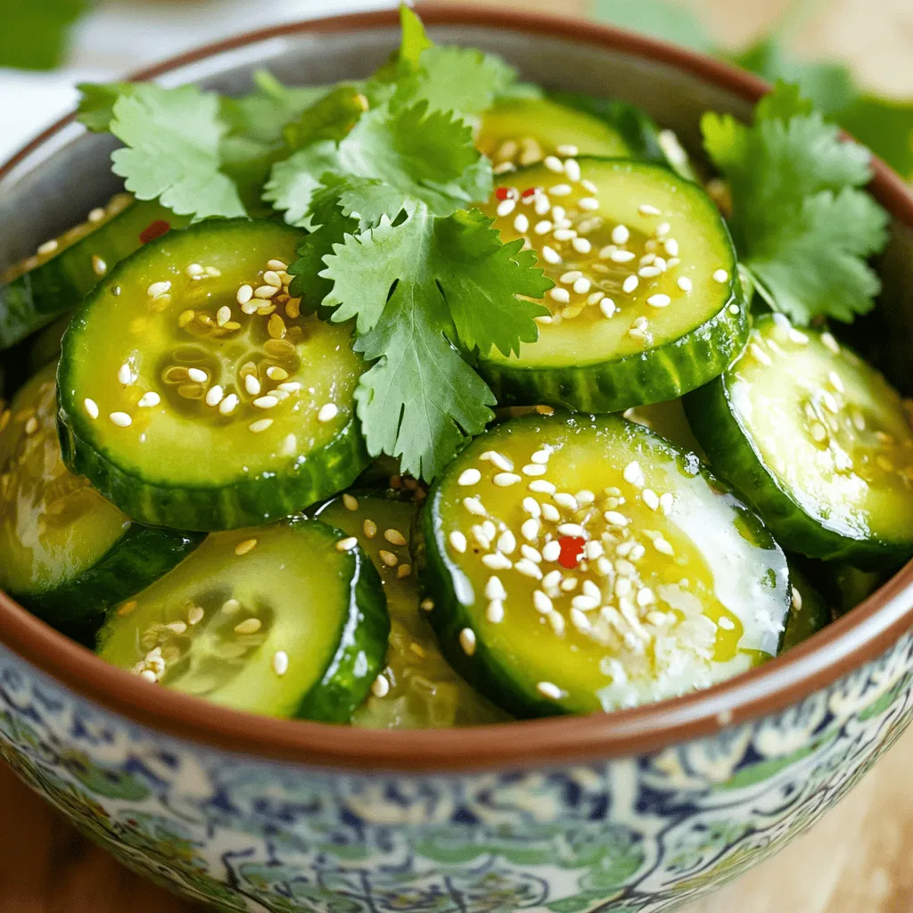 To make your tangy Asian pickled cucumbers, gather these simple ingredients: - 2 large English cucumbers, thinly sliced - 1 teaspoon salt - 1/2 cup rice vinegar - 1/4 cup granulated sugar - 1 tablespoon soy sauce - 1 tablespoon sesame oil - 1 teaspoon freshly grated ginger - 2 cloves garlic, minced - 1 teaspoon red pepper flakes (adjust to taste for spice) - 1 tablespoon sesame seeds - Fresh cilantro, for garnish These ingredients work together to create a refreshing, crunchy side dish. You can easily mix things up with these variations: - Add a splash of lime juice for extra tang. - Include sliced chili peppers for a spicy kick. - Use honey instead of sugar for a natural sweetness. - Mix in sliced carrots or radishes for added crunch and color. Feel free to experiment and find what suits your taste! Make sure you have the right tools: - A large mixing bowl - A whisk for mixing the dressing - A clean glass jar or airtight container - A knife and cutting board for slicing cucumbers These tools will help you prepare and store your pickles with ease. For a complete guide on making these savory delights, check out the Full Recipe. Start with 2 large English cucumbers. Wash them well and cut them into thin slices. Place the slices in a big bowl. Sprinkle 1 teaspoon of salt over the cucumbers. Toss them gently so the salt mixes well. Let the cucumbers sit for about 15 minutes. This helps them lose extra water and become crisp. While the cucumbers rest, make the pickling dressing. In a separate bowl, mix together: - 1/2 cup rice vinegar - 1/4 cup granulated sugar - 1 tablespoon soy sauce - 1 tablespoon sesame oil - 1 teaspoon freshly grated ginger - 2 cloves garlic, minced - 1 teaspoon red pepper flakes Whisk all these ingredients until the sugar dissolves. The dressing should be well blended and fragrant. After 15 minutes, rinse the cucumbers under cold water. This washes away the salt. Drain them and pat them dry with a clean towel. Now, add the cucumbers to the pickling dressing. Stir gently to coat every slice. Next, transfer the cucumbers into a clean glass jar or an airtight container. Make sure the cucumbers are fully submerged in the dressing. This step is key for great flavor. Sprinkle 1 tablespoon of sesame seeds on top. Seal the jar tightly. Place it in the fridge for at least 2 hours, but overnight is best. This allows the flavors to infuse fully. When you are ready to serve, enjoy these tangy delights as a side dish or topping! Choose firm cucumbers for pickling. Look for English cucumbers or pickling cucumbers. These types have fewer seeds and a thicker skin. Fresh cucumbers should feel smooth and bright. Avoid any that are soft or have dark spots. Freshness will help your pickles taste great. To keep your cucumbers crunchy, start by salting them. Salt draws out water, making them crispier. Let them sit for about 15 minutes, then rinse them. This step removes excess moisture and salt. Pat them dry to ensure they stay crunchy when pickled. You can change the flavor of your pickles by adjusting the sugar and spice. If you like it sweeter, add more sugar. For spice, use more red pepper flakes. Taste your dressing before adding it to the cucumbers. This way, you can find the right balance for your taste. For more details on making these pickles, check out the Full Recipe. {{image_4}} Korean-style pickled cucumbers, or Oi Muchim, bring a spicy twist to the table. You start with the same fresh cucumbers. Add gochugaru, which is Korean red pepper flakes, for heat. A splash of fish sauce gives it umami. You can mix in sesame seeds for crunch. This version has a bright red color and a bold taste. It works great as a side dish for Korean BBQ or rice bowls. For a lighter touch, try Japanese tsukemono pickles. Use the same cucumbers but add mirin and soy sauce for sweetness. You can include kombu, a type of seaweed, for extra flavor. The cucumbers soak in the mix, making them sweet and salty. Serve them with rice or as part of a bento box. They add a refreshing crunch to any meal. Southeast Asian pickles bring heat and tang. Start with your cucumbers, then add sliced chili peppers and garlic. Use rice vinegar and a bit of lime juice for brightness. A touch of sugar balances the spice. This mix creates a vibrant, zesty pickle that pairs well with grilled meats or as a side for curry dishes. The flavors dance on your palate, making every bite exciting. When you want to switch it up, try these variations on the full recipe. Each one offers a unique spin on the classic Asian pickled cucumbers. Store your pickled cucumbers in a clean glass jar. I like to use an airtight container. This helps keep them fresh and crunchy. Always make sure the cucumbers are submerged in the pickling liquid. This ensures they stay flavorful and crisp. Keep the jar in the refrigerator. This will help them stay fresh longer. Your pickled cucumbers can last about two weeks in the fridge. After that, they may lose their crunch and flavor. Always check for changes in smell or color. If anything seems off, don't eat them. Use clean utensils when serving to avoid contamination. This keeps your pickles safe and tasty. I don’t recommend freezing pickled cucumbers. Freezing can change their texture. They may become mushy and lose their crunch. Refrigerating is the best way to keep them fresh. Enjoy your pickled cucumbers straight from the fridge for the best taste and crunch. For the full recipe, check out Tangy Sesame Asian Pickled Cucumbers. Asian pickled cucumbers last about one to two weeks in the fridge. Make sure to keep them sealed in an airtight container. The flavors will deepen as they sit. After a week, check for any signs of spoilage, like an off smell or discoloration. Yes, you can use many other vegetables for pickling! Carrots, radishes, and green beans work well. Just cut them to a similar size as cucumbers for even pickling. Feel free to mix different veggies to create your own twist. Asian pickled cucumbers are great with many dishes. They add a fresh crunch to rice bowls, salads, or grilled meats. You can serve them as a side with sushi or as a topping for sandwiches. Their tangy flavor brightens up any meal! Absolutely! If you like heat, add more red pepper flakes to the pickling mix. You can also try adding sliced fresh chili peppers. Just remember, you can always start with a little and add more to taste. Serve them chilled as a side dish or on top of rice. They also work well in tacos or as a garnish for noodle dishes. For a fun presentation, place them in small bowls and drizzle with the pickling liquid. Yes! They are low in calories and packed with flavor. Cucumbers are hydrating, and the pickling process adds probiotics. This can be good for gut health. Just watch out for the sugar in the pickling mix if you're monitoring your intake. Yes, you can! If you prefer less sweetness, reduce the sugar. Start by cutting it in half. You can also substitute with honey or a sugar alternative. Just taste as you go to ensure it suits your liking. You can make Asian pickled cucumbers a day or two in advance. Just follow the recipe and store them in the fridge. The flavors will have more time to blend and become tastier. They are perfect for meal prep or gatherings! Leftover pickled cucumbers stay great for snacks or toppings. You can toss them into salads or serve them with grilled meats. They make a delicious addition to any meal, so don’t let them go to waste! You can check out the full recipe for Tangy Sesame Asian Pickled Cucumbers for detailed steps. Enjoy the process and happy pickling! In this post, we explored the key ingredients for Asian pickled cucumbers, including variations to boost flavor. We detailed step-by-step instructions for preparing, pickling, and storing your cucumbers. Plus, we shared tips on choosing the best cucumbers and achieving the perfect crunch. Making pickles can be easy and fun. With the right tools and techniques, you can enjoy bursting flavors. Now, feel free to experiment with variations or adjust the sweetness to your taste. Your crunchy, tangy pickles await!