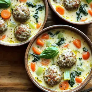 Let’s dive into the key components of Creamy Italian Meatball Soup. Each ingredient plays a vital role in making this dish rich and satisfying. - Ground beef or turkey - Breadcrumbs and Parmesan cheese - Vegetables (onion, carrots, celery) The main proteins are ground beef or turkey. They provide the base for our meatballs. I prefer using turkey for a lighter touch. Next, breadcrumbs and Parmesan cheese add flavor and help bind the meatballs together. For the vegetables, I use diced onion, carrots, and celery. This trio gives a sweet and savory base to the soup. - Chicken or vegetable broth - Diced tomatoes - Heavy cream For the soup base, I choose chicken or vegetable broth. It adds depth and warms the flavors. Diced tomatoes bring acidity and sweetness, balancing the dish. Heavy cream is essential, giving the soup its creamy texture. This richness is what makes it a comforting delight. - Garlic, oregano, basil - Salt and pepper - Fresh spinach and basil for garnish Garlic is a must for flavor. I use it in every batch. Oregano and basil add a classic Italian touch. Don’t forget salt and pepper; they enhance all the flavors. Finally, fresh spinach and basil are great for garnish. They add a pop of color and freshness to the finished dish. If you want to try making this soup yourself, check out the Full Recipe. To make the meatballs, start by mixing the ingredients. In a large bowl, combine: - 1 pound ground beef or turkey - 1/2 cup breadcrumbs - 1/4 cup grated Parmesan cheese - 1 large egg - 2 cloves garlic, minced - 1 teaspoon dried oregano - 1 teaspoon dried basil - Salt and pepper to taste Mix all these ingredients well using your hands or a spoon. You want everything to blend nicely. Now, shape the mixture into small meatballs. Aim for about 1 inch in diameter. You should make around 20 to 24 meatballs. Next, let's cook the soup. Heat 1 tablespoon of olive oil in a large pot over medium heat. Add: - 1 medium onion, diced - 2 carrots, diced - 2 celery stalks, diced Sauté these vegetables for 5 to 7 minutes until they become tender. Their aroma will fill your kitchen! Once the veggies are ready, add the meatballs to the pot. Cook them for about 5 minutes. Turn them gently so they brown on all sides. Now it's time to add the liquid. Pour in: - 4 cups chicken or vegetable broth - 1 can (14.5 oz) diced tomatoes Stir the mixture to combine everything. Bring it to a gentle simmer. Let it cook for 15 to 20 minutes. This helps all the flavors to meld beautifully. After simmering, stir in: - 1 cup heavy cream - 2 cups fresh spinach Cook for another 5 minutes. The spinach will wilt, and the soup will become creamy and rich. Finally, taste the soup and adjust the seasoning. Add more salt and pepper if needed. Now, your creamy Italian meatball soup is ready to serve! For the complete details, check out the Full Recipe. Enjoy! To make great meatballs, use the right ingredient ratios. The mix of meat, breadcrumbs, and cheese helps hold everything together. Too much breadcrumb makes them dry, while too little can make them fall apart. For tender meatballs, try not to overwork the mix. Gently combine the ingredients with your hands. Shape them lightly, about one inch in size. This keeps them soft and juicy when cooked. You can elevate the flavor with extra herbs and spices. Fresh parsley, thyme, or a pinch of red pepper flakes adds nice depth. If you love garlic, add more minced cloves for a punch. Let the soup simmer for about 15 to 20 minutes. This time allows all the flavors to blend wonderfully. Taste the soup before serving, and adjust the seasoning as needed. A little more salt or a dash of pepper can make a big difference. When serving, ladle the soup into bowls and sprinkle fresh basil on top. This adds a nice pop of color and flavor. Pair the soup with slices of crusty bread. Serve it on the side to soak up the delicious broth. For a fun twist, try adding a sprinkle of grated Parmesan cheese on top right before serving. To learn all the steps, check out the Full Recipe for Creamy Italian Meatball Soup! {{image_4}} You can switch up the meat in this soup. Ground chicken or turkey works well. They give a lighter taste while keeping the dish hearty. If you prefer a plant-based option, try using plant-based meat. This way, you can enjoy the same great flavors while keeping it meat-free. If you want a lighter soup, use half-and-half or whole milk instead of heavy cream. Coconut milk is a tasty non-dairy choice. It adds a lovely richness while keeping it dairy-free. You can also blend silken tofu into the mix for extra creaminess. Make your soup unique by adding more ingredients! Chopped spinach or kale adds color and nutrition. You can toss in beans for added protein and fiber. Pasta is another fun option. Just be sure to cook it separately and add it when serving. This keeps the pasta from getting mushy. For more ideas, check the Full Recipe for inspiration. After making Creamy Italian Meatball Soup, let it cool completely. Use airtight containers for storage. This helps keep the soup fresh. Place the soup in the fridge. It can stay good for up to three days. To freeze the soup, first cool it down. Then, pour it into freezer-safe containers. Leave some space at the top; soup expands when it freezes. Seal the containers tightly. When you're ready to eat, thaw it in the fridge overnight. Reheat it on the stove or in the microwave until hot. For best quality, enjoy your soup within three days in the fridge. If you freeze it, use it within three months. After that, the taste and texture may change. Always check for any signs of spoilage before eating. To make this soup from scratch, follow these steps: 1. Prepare the meatballs: In a large bowl, mix ground beef (or turkey), breadcrumbs, grated Parmesan, egg, garlic, oregano, basil, salt, and pepper. Roll this mixture into small meatballs, about one inch wide. 2. Cook the vegetables: Heat olive oil in a big pot. Add diced onion, carrots, and celery. Sauté these for five to seven minutes until they soften. 3. Brown the meatballs: Gently add the meatballs to the pot. Cook for five minutes, turning them to brown on all sides. 4. Add broth and tomatoes: Pour in chicken or vegetable broth and diced tomatoes. Stir well. Let the soup simmer for 15 to 20 minutes. 5. Finish with cream and spinach: Add heavy cream and fresh spinach. Cook for another five minutes until the spinach wilts. This method creates a warm, creamy soup that fills you up and warms your heart. For exact measurements and details, check the Full Recipe. Yes, you can make this soup ahead of time. Here are some tips: - Cook and cool: Prepare the soup as directed. Let it cool completely before storing it. - Store properly: Place the cooled soup in airtight containers. This keeps it fresh in the fridge for up to three days. - Reheat gently: When ready to eat, reheat the soup on low heat on the stove. Stir often to avoid burning. This makes it easy to enjoy a hearty meal any day of the week! If you want to lighten the soup, here are some great substitutes for heavy cream: - Half-and-half: This mixture of milk and cream works well. It keeps the soup creamy but with less fat. - Whole milk: You can use whole milk for a lighter version. It won’t be as rich, but still tasty. - Coconut milk: For a dairy-free option, use coconut milk. It adds a subtle sweetness and creaminess. These substitutes keep your soup flavorful without losing its comforting charm. This blog post covered how to make a creamy Italian meatball soup. You learned about the ingredients, from ground meat to fresh veggies. We went through step-by-step instructions for preparing meatballs and cooking the soup. I shared tips for perfect meatballs, flavor enhancement, and presentation. We also explored variations with different proteins and customization options. Enjoy making this meal your own. With the right techniques and choices, you'll impress everyone. Happy cooking!