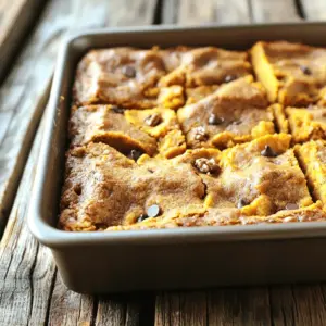 To make delicious pumpkin bars, gather the following ingredients. Each one adds to the tasty flavor you will love. - 1 cup all-purpose flour - 1 teaspoon baking powder - 1 teaspoon baking soda - 1 teaspoon ground cinnamon - 1/2 teaspoon ground nutmeg - 1/2 teaspoon ground ginger - 1/4 teaspoon ground cloves - 1/2 teaspoon salt - 1/2 cup unsalted butter, softened to room temperature - 1 cup packed brown sugar - 1/2 cup granulated sugar - 2 large eggs, at room temperature - 1 cup canned pumpkin puree (not pumpkin pie filling) - 1 teaspoon pure vanilla extract - 1/2 cup chopped walnuts (optional for added crunch) - 1/2 cup chocolate chips (optional for a touch of sweetness) Each ingredient plays a role in creating the perfect texture and taste. The spices like cinnamon, nutmeg, and ginger bring warmth that feels like fall. The pumpkin adds moisture and a rich flavor. You can mix in walnuts or chocolate chips for extra fun. This gives your pumpkin bars a unique twist. Remember, you can find the full recipe above for all the details. 1. Preheat your oven to 350°F (175°C). This will help your bars bake evenly. 2. Prepare a 9x9 inch baking pan by greasing it lightly or lining it with parchment paper. This makes it easy to remove the bars later. 3. In a medium bowl, combine the dry ingredients: flour, baking powder, baking soda, cinnamon, nutmeg, ginger, cloves, and salt. Whisk them together until mixed well. Set it aside for now. 4. In a large bowl, beat the softened butter with both sugars using an electric mixer. Mix until it becomes light and fluffy, about 2-3 minutes. 1. Add the eggs to the butter mixture, one at a time. Beat well after each egg to mix it in fully. 2. Stir in the pumpkin puree and vanilla extract until smooth and combined. 3. Gradually add the dry ingredient mixture to the wet mix. Stir gently until just combined. Avoid overmixing to keep the bars soft. 4. If you want to, fold in the chopped walnuts or chocolate chips for extra flavor and crunch. 1. Pour the batter into the prepared pan. Use a spatula to spread it evenly. 2. Bake in the preheated oven for 30-35 minutes. Check for doneness by inserting a toothpick into the center. It should come out clean or with a few moist crumbs. 3. Remove the pan from the oven and let it cool for 10-15 minutes. Once slightly cool, transfer it to a wire rack to cool completely before cutting into squares or rectangles. For the full recipe, check out the recipe section. Enjoy making these delightful pumpkin bars! To ensure even baking, always spread the batter evenly in the pan. Use a spatula to smooth it out. This helps the bars bake uniformly. If your oven has hot spots, rotate the pan halfway through baking. This will give you nice, golden edges. For measuring flour correctly, use the scoop and level method. First, fluff the flour in its container. Then, scoop it with a spoon into your measuring cup. Level it off with a knife. This keeps the texture right. Too much flour can make the bars dry. Get creative when serving pumpkin bars! You can cut them into fun shapes using cookie cutters. Try adding a scoop of ice cream on top. This makes a yummy dessert. When it comes to drinks, pair pumpkin bars with spiced chai or hot apple cider. These drinks complement the flavors well. A warm cup of coffee also works great with the bars. For a beautiful finish, dust your pumpkin bars with powdered sugar. This adds a nice, sweet touch. You can use a fine sieve to sprinkle it evenly. Serving the bars alongside whipped cream is a lovely idea. A dollop of cream on the side makes each bite even better. You can also garnish with a sprinkle of cinnamon or a few chopped nuts for color and texture. {{image_4}} To make gluten-free pumpkin bars, substitute all-purpose flour with a gluten-free blend. Look for a blend that contains xanthan gum. This ingredient helps mimic the structure of gluten. Use 1 cup of the blend in place of the all-purpose flour in the recipe. Mix it well with the other dry ingredients. This ensures even distribution, which is key for a good texture. To make vegan pumpkin bars, replace eggs and butter with plant-based options. Use 1/4 cup of unsweetened applesauce for each egg. For butter, try using coconut oil or vegan butter. Melt the vegan butter before mixing it with the sugars. This helps blend everything smoothly. Using these swaps keeps the bars moist and flavorful, just like the original. You can add fun flavors to your pumpkin bars for a unique twist. Consider mixing in 1/2 teaspoon of ground cardamom or a pinch of cayenne for heat. You can also fold in 1/2 cup of dried cranberries or chopped pecans for added texture. These small changes can create exciting new taste profiles. Feel free to experiment and find the flavor that you love best. For the full recipe, check out Pumpkin Spice Dream Bars. To keep your pumpkin bars fresh, you have two main options: room temperature or refrigerator. If you plan to eat them within a few days, store them at room temperature. Just place them in an airtight container. This keeps them soft and tasty. If you want to save them for longer, put them in the fridge. The cooler air helps keep them fresh and moist. If stored properly, pumpkin bars can last for about 3 to 4 days at room temperature. In the refrigerator, they stay fresh for about a week. Always check for changes in smell or texture before eating. If they feel dry or look off, it’s best to toss them. Freezing pumpkin bars is easy. Start by letting them cool completely. Next, cut them into squares or rectangles. Wrap each piece tightly in plastic wrap. Then, place the wrapped bars in a freezer-safe bag. They can last up to 3 months in the freezer. To thaw, just take them out and leave them at room temperature. They will be ready to eat again! For the full recipe, check out the Pumpkin Spice Dream Bars. Yes, you can use fresh pumpkin! Start with a small pumpkin, often called a sugar pumpkin. Cut it in half and scoop out the seeds. Roast the halves cut-side down at 350°F (175°C) for about 45 minutes or until soft. Let it cool, then scoop out the flesh and mash it until smooth. Use this fresh pumpkin in place of canned pumpkin in the recipe. It adds a lovely, bright flavor to your bars. Pumpkin puree is pure, cooked pumpkin with no additives. It has a rich, natural taste. On the other hand, pumpkin pie filling contains added sugars and spices. It is often sweet and spiced, which might change the taste of your bars. Always choose pumpkin puree for this recipe to keep the flavor just right! If you want to adjust the sweetness, you can reduce the brown sugar or granulated sugar. Try cutting the sugar by one-third for a less sweet bar. You can also add natural sweeteners like honey or maple syrup, but keep in mind they can change the texture. If you want more sweetness, consider adding a bit more chocolate chips or a drizzle of icing on top. We covered the ingredients for delicious pumpkin bars, from flour to optional add-ins. I shared easy steps for mixing, baking, and tips for perfect results. You learned about fun ways to serve, variations for different diets, and how to store your treats. These pumpkin bars are tasty and versatile. Enjoy baking and sharing them with friends. Try different flavors and adaptations to make them your own! Happy baking!