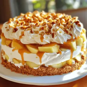 - 2 cups graham cracker crumbs - 1/2 cup unsalted butter, melted - 1 can (14 oz) sweetened condensed milk - 1 cup heavy whipping cream - 1/4 cup powdered sugar - 2 large apples, peeled, cored, and diced (preferably Granny Smith) - 1/2 cup caramel sauce - 1 teaspoon vanilla extract - 1/2 teaspoon ground cinnamon - 1/4 cup chopped nuts (walnuts or pecans) for garnish When I create a no bake caramel apple cake, I always choose the best ingredients. Each one plays a key role in making this dessert shine. For the crust, graham cracker crumbs add a sweet and crunchy base. The melted butter keeps the crumbs together and adds richness. Using sweetened condensed milk gives a smooth sweetness to the cream filling. Heavy whipping cream is essential for a light and fluffy texture. Powdered sugar helps stabilize the whipped cream, adding just the right amount of sweetness. I prefer Granny Smith apples. Their tartness contrasts well with the sweet caramel. A dash of cinnamon and vanilla extract enhances the flavors, making the dessert even more delicious. For a little crunch, I love to sprinkle chopped nuts on top. They add texture and make the cake look pretty. You can find all these ingredients in your local grocery store. Check the Full Recipe for additional tips on ingredient sourcing. You can swap ingredients if needed. For a gluten-free crust, use gluten-free graham crackers. Coconut cream can replace heavy whipping cream for a dairy-free option. If you want less sweetness, try using less sweetened condensed milk. I suggest using brands that focus on quality. For graham crackers, I like Nabisco or Honey Maid. For butter, any unsalted brand will work well. For sweetened condensed milk, Eagle Brand is a trusted choice. Choose heavy cream with a high fat content, like Land O'Lakes. For caramel sauce, Smucker’s is a reliable option. To start, gather your graham cracker crumbs and melted butter. In a medium bowl, combine the crumbs and butter. Stir until the crumbs feel wet, like sand. Next, take a 9-inch springform pan. Press the crumb mixture firmly into the bottom. Make sure it is even. Place the pan in the refrigerator for about 15 minutes. This helps the crust set. Now, let’s make the cream filling. In a separate bowl, use a hand mixer to whip the heavy cream. Beat it on medium speed until soft peaks form. Gradually add the powdered sugar as you mix. Keep beating until you see stiff peaks. This is what gives the filling a fluffy texture. In another bowl, mix the sweetened condensed milk, vanilla extract, and ground cinnamon. Whisk until it’s smooth. Gently fold the whipped cream into this mixture. Do this in two parts to keep it light and airy. Now for the fun part—layering the cake! Start by spooning half of the cream mixture onto your chilled crust. Spread it out evenly with a spatula. Next, add half of the diced apples on top. Drizzle some caramel sauce over the apples for extra sweetness. Repeat this layering process. Add the rest of the cream mixture, then the remaining apples. Finish by drizzling more caramel sauce on top. Once done, cover the cake with plastic wrap or a lid. Refrigerate it for at least four hours, or overnight if you can wait. This helps the cake firm up nicely. For the full recipe, check the detailed instructions provided. To get the best texture for your No Bake Caramel Apple Cake, focus on the cream. Start by chilling your mixing bowl and beaters before whipping. This simple step helps the cream whip faster and increases volume. When you whip the cream, stop as soon as you see soft peaks. Overwhipping can make it grainy. When folding the whipped cream into the condensed milk mixture, do it gently. Use a spatula to cut down through the middle, then lift and turn. This keeps air in the cream, making your cake light and fluffy. Fold in two parts to ensure even mixing without deflating the cream. For a stunning presentation, slice the cake into wedges and place them on dessert plates. Add a drizzle of caramel on top of each slice for extra flair. You can garnish with thin apple slices and a dollop of whipped cream. This not only looks nice but also adds a fresh touch. When choosing drinks, pair the cake with apple cider or a light tea. Both options complement the cake’s flavors and enhance the experience. A cold glass of milk also works well for a classic touch. Many people make the mistake of skipping the chilling time. This step is key for the cake to set properly. If you cut too soon, the layers may not hold together. Another common issue is overwhipping the cream. This can lead to a dense texture that is not pleasant. Always keep an eye on the cream as it whips. Lastly, be careful with the caramel. Too much can make the cake overly sweet. Always drizzle lightly and taste as you go. For the full recipe, check out [Full Recipe]. {{image_4}} You can change the taste of your caramel apple cake in fun ways. Adding spices, like nutmeg or allspice, gives it warmth. You can also try extracts, like almond or maple, for a twist. Different apples can change the flavor too. Granny Smith apples are tart, but you can use sweet ones like Fuji or Honeycrisp for a different taste. Each apple brings its own unique flavor and texture to the cake. You can easily make this cake fit special diets. For a gluten-free version, use gluten-free graham cracker crumbs. They will still give you that great crust. If you need dairy-free options, replace heavy cream with coconut cream. You can also use almond milk in place of condensed milk. These swaps keep the cake rich and creamy without dairy. Change the cake for the seasons to keep it fresh. In fall, add pumpkin puree to the cream mixture. It pairs well with spices and gives a cozy flavor. You might also toss in chopped pecans for a nice crunch. In summer, using mixed berries can lighten the cake. Strawberries, blueberries, or raspberries add a bright and refreshing taste. Each season offers a chance to try new flavors. To store leftover cake, first, cover it well. Use plastic wrap or a tight lid. This keeps the cake fresh and prevents it from drying out. I like to place the cake in a springform pan. This way, you can easily slice it later. If you have a large piece, you can cut it into smaller slices for easy access. To freeze the no-bake cake, wrap it tightly in plastic wrap. Then, place it in a freezer-safe container. Make sure it’s airtight to prevent freezer burn. To thaw, take the cake out and place it in the fridge for a few hours. This gentle thawing helps keep the texture smooth. You can also let it sit at room temperature for about 30 minutes before serving. In the fridge, the cake lasts about 5 days. If you freeze it, it can last up to 2 months. Just remember to label the container with the date. This way, you will know when you made it. Enjoying this dessert is easy, whether fresh or frozen! For the complete recipe to make this delicious cake, check out the Full Recipe. Yes, you can make this cake ahead of time. In fact, this dessert tastes better when chilled overnight. Making it a day before gives the flavors time to blend. Just cover it tightly in the fridge to keep it fresh. I recommend using Granny Smith apples. They add a nice tartness that balances the sweet caramel. Other options like Honeycrisp or Fuji can work too. Just pick apples that are firm and crisp for the best texture. To make this cake more decadent, try adding chocolate. You can drizzle melted chocolate on top or mix chocolate chips into the cream filling. Adding more caramel sauce also boosts the richness. You could even layer in some crushed toffee for extra crunch. Yes! You can swap graham cracker crumbs with crushed nuts or oats for a healthier crust. Use low-fat cream and less sugar in the filling. You can also add more fruit to balance flavors. These changes keep the taste great but cut down on calories. Absolutely! You can use a cookie crust made from Oreos or a nut crust made from almonds or pecans. A gluten-free option is to use gluten-free graham crackers or ground nuts. Each crust adds its unique flavor and texture to the cake. This cake combines simple steps and delicious flavors. You learned about the key ingredients, from graham crackers to apples. I shared tips to get the best texture and avoid common mistakes. You can personalize this dessert with many variations, including seasonal ones. Whether you serve it now or save it for later, it will be a hit. Try it out and make this cake your own!