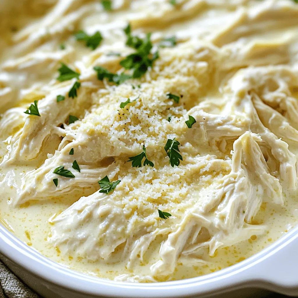 To make this savory 4 ingredient crockpot garlic parm chicken, gather these simple items: - 4 boneless, skinless chicken breasts - 1 cup heavy cream - 1 cup freshly grated Parmesan cheese - 4 cloves garlic, minced - Salt and pepper to taste - Fresh parsley, chopped (for garnish) Each ingredient plays a key role. The chicken provides the main protein, while heavy cream adds richness. Freshly grated Parmesan gives a sharp, savory flavor, and garlic brings that lovely aroma. Salt and pepper enhance the taste, and parsley adds a bright finish. These few ingredients make for a dish that’s both easy and delicious. You’ll be surprised at how much flavor you can pack into one recipe with just four key components. For the full recipe, check out the details on preparation and cooking. Start by taking your chicken breasts. Place them in the bottom of the crockpot. Make sure to arrange them in a single layer. This helps them cook evenly and stay juicy. Next, grab a bowl. Combine the heavy cream, grated Parmesan cheese, and minced garlic in it. Stir well until the mixture becomes smooth. A smooth sauce helps coat the chicken nicely. Now it’s time to coat the chicken. Carefully pour the creamy sauce over the chicken breasts. Make sure every piece is well-covered. This ensures each bite is full of flavor. Cover your crockpot with the lid. Choose either the low or high cooking setting. Cook on low for 6-7 hours or high for 3-4 hours. The chicken should become tender and fully cooked. After cooking, use two forks to shred the chicken in the sauce. This blends the chicken with the creamy sauce. The result is a flavorful and creamy dish. When serving, plate the chicken over pasta or rice. Drizzle some extra sauce from the crockpot on top. You can also garnish with more Parmesan and chopped parsley for a nice touch. This adds color and makes your dish look great. For the complete recipe, check out the Full Recipe. To make this dish extra creamy, you can add a few options. Consider using cream cheese or sour cream. Both can enhance the dish's richness. If you want more cheese flavor, increase the Parmesan. Just keep in mind that too much can overpower the garlic. For added flavor, sprinkle some dried herbs like oregano or thyme. You can even toss in some Italian seasoning. Marinating the chicken is another great idea. A few hours in a simple mix of oil, garlic, and herbs can deepen the taste. One common mistake is overcooking the chicken. If you cook it too long, it can become dry. Stick to the cooking times: low for 6-7 hours or high for 3-4 hours. Another tip is to layer the ingredients well. Place chicken at the bottom and pour the sauce on top for even cooking. {{image_4}} You can easily swap chicken for another protein. Try using turkey or pork. If you want a vegetarian option, use firm tofu. These proteins will soak up the flavors well. For dairy-free needs, use coconut cream instead of heavy cream. Nutritional yeast can replace Parmesan cheese. This way, you still get the creamy taste without dairy. You can add veggies to this dish for a complete meal. Consider green beans, broccoli, or bell peppers. They add color and nutrients. When adding veggies, adjust the cooking time. Cut them into small pieces so they cook evenly. Add them halfway through the cooking time to keep them crisp. To give your dish an Italian twist, add dried oregano or basil. These herbs boost the garlic and cheese flavors. If you want to try something different, use a smoky seasoning blend. A bit of paprika or cumin can create a unique flavor. Experiment to find your perfect mix! To keep your 4 Ingredient Crockpot Garlic Parm Chicken fresh, store leftovers in the fridge. Place the chicken in an airtight container. This helps keep it moist and flavorful. You can also use a glass dish with a tight lid. After cooking, let it cool for about 30 minutes before sealing it up. This way, it won’t steam inside. If you want to save some for later, freezing is a great option. First, let the chicken cool completely. Then, pack it in freezer-safe bags or containers. Remove as much air as possible to prevent freezer burn. For best taste, try to eat it within three months. When you're ready to eat, thaw it in the fridge overnight. Reheat it in a pot on low heat or in the microwave until warm. In the fridge, your leftovers will last about 3 to 4 days. If frozen, they can stay good for 2 to 3 months. Always check for signs of spoilage before eating. If you see any mold or if it smells off, it’s best to throw it away. Trust your senses to keep your meals safe and tasty. Yes, you can use frozen chicken. Just keep these tips in mind: - Cook on high for 4-5 hours instead of low for 6-7 hours. - Ensure the chicken is in a single layer for even cooking. - Check the internal temperature to make sure it reaches 165°F. This chicken pairs well with many sides. Here are some ideas: - Steamed broccoli for a healthy touch. - Garlic bread for a tasty addition. - Mashed potatoes for a comforting side. - A fresh green salad for a light balance. To check if your chicken is done: - Use a meat thermometer. It should read 165°F. - Look for clear juices when you cut into the chicken. - The meat should be white and not pink. Yes, an Instant Pot works great! Here’s how: - Use the sauté function to mix the sauce first. - Add the chicken and sauce. - Cook on high pressure for 8-10 minutes. - Let it release naturally for about 10 minutes. For a spicy kick, try these tips: - Add red pepper flakes to the sauce. - Mix in some hot sauce before cooking. - Use spicy garlic or add jalapeños for heat. For the full recipe, check the details above! This recipe is simple and rewarding. You learned how to prepare creamy chicken in a crockpot with just a few ingredients. Following the steps ensures tender chicken and rich flavor. From mixing the sauce to shredding the chicken, each step adds to the dish’s success. Remember, you can customize flavors and ingredients to match your taste. Fresh herbs and veggies can elevate your meal. Store leftovers properly for extended enjoyment. With this guide, you can impress anyone at your dinner table. Enjoy your cooking journey!