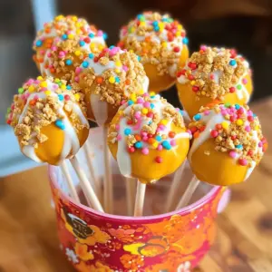 To make these delightful pumpkin pie cake pops, gather these essential ingredients: - 1 box yellow cake mix - 1 cup canned pumpkin puree - 3 large eggs - 1/2 cup vegetable oil These ingredients create a moist and flavorful base for your cake pops. The yellow cake mix pairs perfectly with pumpkin, giving it that classic fall taste. Next, let’s add some warm spices to bring out the pumpkin flavor. You will need: - 1 teaspoon ground cinnamon - 1/2 teaspoon ground nutmeg - 1/2 teaspoon ground ginger - 1/4 teaspoon ground allspice These spices provide that cozy feeling. They make your cake pops taste like a slice of pumpkin pie. Now, for the filling and coating, you will need: - 1/2 cup cream cheese, softened - 1 cup powdered sugar - 1-2 tablespoons milk (adjust for desired consistency) - 1 cup white chocolate chips - Assorted sprinkles or crushed graham crackers - Lollipop sticks The cream cheese filling adds a rich taste. The white chocolate coating makes these pops sweet and fun. Use your favorite sprinkles or graham crackers for a festive touch. For the full recipe, check out the details to make these tasty treats! - Preheat oven to 350°F (175°C). - Grease or line a 9x13 inch baking pan. - Combine cake mix, pumpkin puree, eggs, oil, and spices. - Mix until smooth and well blended. - Pour batter into prepared pan. - Bake for 25-30 minutes. - Check with a toothpick; it should come out clean. - Cool the cake completely in the pan. Making pumpkin pie cake pops starts with a simple cake. You want to ensure that your oven is preheated to 350°F first. This step is key to getting that perfect bake. Greasing or lining your pan helps the cake pop out easily later. Next, blending the ingredients is important. You combine the yellow cake mix with the pumpkin puree, eggs, oil, and spices. I always mix until everything is smooth. If the batter is lumpy, it won’t bake well. After mixing, pour the batter into your prepared pan. Bake for 25-30 minutes. I like to set a timer and check at 25 minutes. When a toothpick comes out clean, the cake is ready. Let it cool completely before moving on. This cooling time is crucial for the next steps. You can find the full recipe at the end for all the details! To get the best texture in your cake pops, use room temperature ingredients. This helps them mix better and creates a smooth batter. Make sure the cake is fully cooled before you crumble it. If the cake is warm, it can make the mixture too wet. This can lead to messy pops that do not hold their shape. Melting white chocolate can be tricky. To avoid lumps, heat it slowly. You can use the microwave or a double boiler. If you choose the microwave, heat it in 30-second bursts. Stir after each burst. This prevents overheating. If you use a double boiler, keep the water simmering, but not boiling. Stir the chocolate until it is smooth and shiny. Make your cake pops look festive with fun toppings. You can use colorful sprinkles, crushed graham crackers, or even chopped nuts. For a more seasonal touch, try using small candy pumpkins or fall-themed sprinkles. Presentation can make a big difference. Display your cake pops in a cute fall container or a mini pumpkin. This adds charm to any event or gathering. {{image_4}} You can change the flavor of your cake pops easily. Instead of yellow cake mix, try chocolate or spice cake. Each option offers a unique taste. You can also add extracts for more flavor. A dash of vanilla or almond gives a nice twist. If you need gluten-free treats, look for gluten-free cake mixes. Many brands offer options that taste great. For dairy-free cake pops, swap cream cheese with a dairy-free alternative. Coconut cream or cashew cream works well. These changes keep the cake pops delicious for everyone. You can adapt these cake pops for any holiday. For Christmas, use red and green sprinkles. For Halloween, add orange and black toppings. Each season brings a chance to get creative with colors and flavors. Have fun with your decorations to match the theme! To keep your Pumpkin Pie Cake Pops fresh, store them in an airtight container. This helps prevent them from drying out. Place parchment paper between layers of cake pops if you stack them. This avoids sticking and makes for easy access. A simple plastic or glass container works well for storage. You can freeze cake pops for later use. First, let them cool completely after decorating. Then, arrange them on a baking sheet lined with parchment paper. Freeze them for about two hours until solid. Once frozen, transfer the cake pops to a zip-top freezer bag. Be sure to remove as much air as possible. To thaw, place them in the fridge overnight. This keeps their texture from getting soggy. In the fridge, cake pops last about one week. If stored in the freezer, they can last for up to three months. The texture stays better when you freeze them. Always check for any signs of freezer burn before using. Enjoy these tasty treats at your next gathering! Yes, you can make pumpkin pie cake pops ahead of time! I suggest making them up to three days in advance. Store them in an airtight container in the fridge. This keeps them fresh and tasty. You can also freeze them for longer storage. Just wrap each one in plastic wrap, then place them in a freezer bag. You can freeze them for up to two months. When ready to eat, let them thaw in the fridge overnight. Your cake pops are ready when they are firm to the touch. After chilling for 30 minutes, they should hold their shape well. If they feel too soft or mushy, give them more time in the fridge. When they are cool, the texture will help the coating stick better. This ensures a smooth dip without any melting. If you don't want to use white chocolate, try candy melts or dark chocolate. Candy melts come in many colors and flavors. They give your cake pops a fun look. Dark chocolate adds a rich, bold flavor that pairs well with pumpkin. Just melt them the same way as white chocolate. You can even use milk chocolate for a sweeter taste. To keep your cake pops from falling off the sticks, dip the stick in melted chocolate first. This helps the stick stick to the cake ball. Once you insert the stick, let it set for a minute before dipping the whole pop. Make sure your cake balls are firm and chilled. This gives them the support they need during coating and serving. This post covered how to make delicious pumpkin pie cake pops. With easy steps, you learned about essential ingredients, mixing, and baking. We also shared tips for perfect texture and unique decorations. You can create fun variations too, catering to different diets and seasons. These cake pops are a tasty treat for any gathering. Whether you follow our steps or add your spin, enjoy every bite!