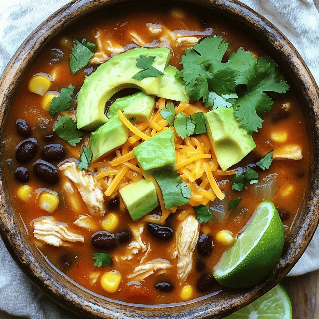 For a tasty chicken taco soup, gather these ingredients: - 1 lb boneless, skinless chicken breasts, diced - 1 medium onion, chopped - 3 cloves garlic, minced - 1 can (15 oz) black beans, rinsed and drained - 1 can (15 oz) corn, drained - 1 can (14.5 oz) diced tomatoes with green chilies - 1 can (15 oz) tomato sauce - 2 cups low-sodium chicken broth - 1 tablespoon taco seasoning - 1 teaspoon ground cumin - Salt and pepper to taste - 1 tablespoon olive oil - Fresh cilantro, chopped (for garnish) - Avocado slices (for topping) - Shredded cheese (for topping) - Lime wedges (for serving) To make this soup, you will need: - Large pot - Cutting board - Knife - Measuring spoons - Can opener - Stirring spoon - Ladle If you lack some ingredients, here are some swaps you can use: - Chicken: Use turkey or cooked shredded chicken instead. - Beans: Any beans work, such as pinto or kidney beans. - Corn: You can use frozen corn if canned is not available. - Tomatoes: Fresh diced tomatoes can replace canned ones. - Broth: Vegetable broth works well for a lighter flavor. These substitutions keep the soup delicious while making it easy to adapt. For the full recipe, check out the details above. To make your Easy Chicken Taco Soup, start with a large pot. Heat 1 tablespoon of olive oil over medium heat. When the oil shimmers, add 1 chopped onion. Sauté the onion for 3-4 minutes until it turns soft and clear. Then, add 3 minced garlic cloves. Cook for 30 seconds, stirring often. The garlic should smell great but not brown. Next, add 1 lb of diced chicken breasts to the pot. Cook the chicken for 5-7 minutes. Stir often to brown all sides. When the chicken is fully cooked, sprinkle on 1 tablespoon of taco seasoning and 1 teaspoon of ground cumin. Mix well to coat the chicken in spices. Now, pour in 1 can of diced tomatoes with green chilies, 1 can of tomato sauce, 1 can of rinsed black beans, and 1 can of drained corn. Then add 2 cups of low-sodium chicken broth. Stir everything together so all the ingredients blend. Increase the heat to bring the soup to a boil. Once it bubbles, reduce the heat to low. Let it simmer for 20-25 minutes. This simmering time helps all the flavors mix nicely. After that, taste your soup. Add salt and pepper as needed. When ready to serve, ladle the soup into bowls. Top each with fresh avocado slices, shredded cheese, and chopped cilantro. Don't forget to add lime wedges for a zesty kick. For the best results, use fresh ingredients. Fresh herbs and spices make a big difference in flavor. Don’t skip the toppings! They add great texture and taste. Try adding tortilla chips around the bowl for fun. If you want a thicker soup, let it simmer longer. For a lighter soup, add more broth. Experiment with your favorite toppings. You can use sour cream or jalapeños for a twist. If you use frozen chicken, increase the cooking time. A good rule is to add an extra 5-10 minutes. Always check that the chicken is cooked through. It should reach an internal temperature of 165°F. If you want to make a smaller batch, cut the ingredients in half. Adjust the cooking times slightly too. You can still enjoy this simple and tasty delight no matter the size! For the full recipe, check out the full recipe. To boost the taste of your chicken taco soup, try these ideas. First, use fresh herbs like cilantro and lime for a bright flavor. You can also add a dash of hot sauce for heat. If you like smoky flavors, add a bit of smoked paprika. For depth, try a pinch of sugar to balance the acidity from the tomatoes. Don’t forget to taste as you cook. Adjusting salt and pepper at the end makes a big difference. Make your soup look great when you serve it. Use colorful bowls to draw attention. Top each bowl with fresh avocado slices, shredded cheese, and chopped cilantro. This adds color and texture. You can arrange tortilla chips around the bowl for a fun touch. A lime wedge on the side gives a pop of freshness. This not only makes it pretty but also adds flavor when squeezed over the soup. Avoid these common mistakes for the best soup. First, don’t skip the sautéing step. Cooking the onion and garlic first builds flavor. Also, don’t overcook the chicken; it should be tender, not dry. If you add too much liquid, the soup may be thin. Keep an eye on the seasoning; taste before serving. Lastly, don’t forget to let it simmer. This step helps the flavors blend well and creates a rich soup. For the complete recipe, check the Full Recipe section. {{image_4}} You can make a tasty vegetarian version of chicken taco soup. Instead of chicken, use 1 can of chickpeas. You can also add extra veggies like bell peppers or zucchini. Replace chicken broth with vegetable broth to keep it plant-based. This way, you still enjoy a hearty, flavorful soup. If you love heat, try the spicy version! Add 1-2 diced jalapeños to the pot when cooking the onions. You can also include a teaspoon of cayenne pepper or chili powder for extra kick. For even more spice, top your soup with hot salsa or crushed red pepper flakes before serving. Using a slow cooker makes this recipe easy and hands-free. Start by sautéing the onion and garlic in a pan. Then, add all ingredients, including the chicken, to the slow cooker. Set it on low for 6-8 hours or high for 3-4 hours. This method allows the flavors to meld beautifully, creating a comforting bowl of soup. Check the Full Recipe for more details. I love making a big pot of chicken taco soup. If you have leftovers, store them in an airtight container. Let the soup cool before sealing it. This step keeps the flavors fresh. It will last in the fridge for up to three days. Be sure to label the container with the date. To freeze chicken taco soup, first, let it cool completely. Use freezer-safe containers or bags for storage. Leave some space at the top, as liquids expand when frozen. You can freeze the soup for up to three months. When you're ready to eat, just thaw it overnight in the fridge. Reheating your soup is simple. You can use the stove or microwave. For the stove, heat it over medium heat. Stir it often until hot. If using the microwave, place it in a bowl, cover it, and heat in short bursts. Stir between intervals to ensure even heating. Enjoy your warm soup with fresh toppings! For the full recipe, check out the detailed steps. Yes, you can make this soup ahead of time. It tastes even better the next day! Just let it cool and store it in an airtight container. When you're ready to eat, simply reheat it on the stove. The flavors will blend nicely, making it a perfect meal for busy days. Chicken Taco Soup pairs well with many sides. You can serve it with: - Tortilla chips for crunch - A fresh green salad for lightness - Rice or quinoa for a filling option - Sliced avocados for creaminess - Sour cream to cool it down These options make the meal more fun and tasty. Feel free to mix and match! To make the soup less spicy, you can: - Use mild diced tomatoes instead of those with green chilies. - Reduce the amount of taco seasoning. - Add a dollop of sour cream or yogurt when serving. This can help cool down the spice. - Increase the amount of corn or beans to balance the heat. Adjusting these ingredients lets you control the spice level, making it perfect for everyone! For the full recipe, check the previous section. This article shared how to make Easy Chicken Taco Soup. You learned about the key ingredients and useful tools needed. I explained the steps to cook it perfectly every time. I also gave tips to boost flavors and avoid common mistakes. Variations show ways to change the recipe for your taste. Remember, you can store leftovers and reheat them easily. Enjoy your cooking adventure with this tasty soup!