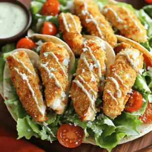 - 2 large boneless chicken breasts - 1 cup panko breadcrumbs - ½ cup all-purpose flour - 1 large egg - 1 tablespoon olive oil - 1 cup romaine lettuce, finely chopped - ½ cup cherry tomatoes, halved - ½ cup Caesar dressing - ¼ cup grated Parmesan cheese - 4 large tortilla wraps (flour or whole wheat) - Salt and freshly cracked black pepper to taste For substitutions, you can use gluten-free breadcrumbs in place of panko. If you want a lighter option, replace the Caesar dressing with a yogurt-based dressing. You can swap the chicken for tofu or grilled shrimp for different flavors. - Baking sheet - Parchment paper - Medium mixing bowl - Sharp knife - Large mixing bowl - Clean surface for wrapping - Serving platter These tools will help you prepare, cook, and serve your wraps with ease. Using a sharp knife makes cutting the wraps neat and easy. A large platter will impress your guests and keep everything organized. To start, you need to season the chicken. Sprinkle salt and pepper on both sides of the chicken breasts. This step adds flavor. Next, dredge each breast in flour. Shake off any extra flour for a light coating. Now, crack one large egg into a bowl and beat it well. Dip each flour-coated chicken breast into the egg. Make sure to cover every part. This helps the breadcrumbs stick. For the final step, roll each chicken breast in panko breadcrumbs. Press down gently to ensure a good coating. This is what makes the chicken crispy. Preheat your oven to 400°F. Place the breaded chicken on a lined baking sheet. Drizzle a bit of olive oil on top. Bake the chicken for 20-25 minutes. It should be golden brown and reach an internal temperature of 165°F. This ensures it is fully cooked. While the chicken bakes, you can prepare the filling. In a large bowl, mix chopped romaine lettuce, halved cherry tomatoes, Caesar dressing, and grated Parmesan cheese. Toss everything gently to coat the lettuce. Once the chicken is done, let it rest for about 5 minutes. This keeps it juicy. Slice the chicken into strips for easy wrapping. To assemble, lay a tortilla flat on a clean surface. Add a portion of the lettuce mix in the center. Top it with several strips of crispy chicken. Now, fold in the sides of the tortilla. Start rolling from the bottom to create a tight wrap. This step is key to avoid spilling. After wrapping, you can enjoy your meal. Serve the wraps on a large platter. For an extra touch, add a small bowl of Caesar dressing for dipping. A great way to present these wraps is to slice each one in half diagonally. This makes them easier to handle and looks nice on the plate. You can also sprinkle more Parmesan on top for extra flavor. For full details on the preparation, refer to the Full Recipe. To get the crispiest chicken, start with dry chicken. Pat it with a paper towel. This helps the coating stick. Use panko breadcrumbs; they are light and airy. They create a crunch in every bite. Avoid wet batter; it makes the wrap soggy. Also, don’t skip the olive oil drizzle. It helps the chicken brown nicely. Common mistakes include not seasoning the flour. Always add salt and pepper. Another mistake is overcrowding the baking sheet. Give each piece space to cook evenly. To amp up the flavor, try adding garlic powder or paprika to the breadcrumbs. A pinch of cayenne can add heat if you like spice. You can also mix in fresh herbs like chopped parsley or basil for a fresh twist. If you want to switch up the dressing, try ranch or blue cheese. These alternatives can really change the taste. For serving, place the wraps on a large platter. Cut them in half for easy eating. You can arrange them in a circle for a fun look. Garnish with extra grated Parmesan or fresh herbs. A small bowl of Caesar dressing on the side is great for dipping. This adds color and makes it more inviting. For a nice touch, serve with lemon wedges. The fresh squeeze can brighten the flavors. For the full recipe, check out the details above. {{image_4}} You can make Crispy Chicken Caesar Wraps lighter. Use these swaps: - Instead of regular tortillas, choose whole wheat or low-carb wraps. - Try Greek yogurt in place of Caesar dressing for fewer calories. - Add fresh veggies like spinach, bell peppers, or cucumbers for crunch and nutrients. These changes keep your meal tasty without the extra calories. They also boost fiber and vitamins in your diet. If you want a vegetarian option, swap chicken for grilled tofu or chickpeas. Both add protein and flavor. Use these dressings: - For a vegan Caesar, try tahini or a creamy avocado dressing. - Hummus can also work well, adding a rich taste. These options keep the wraps hearty and satisfying while meeting plant-based needs. You can serve these wraps in fun ways. Try these ideas: - Turn your wrap into a salad by chopping the ingredients and mixing them in a bowl. - For a buffet, set up all the ingredients separately. Let guests build their own wraps. These serving styles add a fun twist to any gathering and make it easy to please everyone. To keep your Crispy Chicken Caesar Wraps fresh, wrap them tightly in plastic wrap or foil. This helps prevent air from drying them out. Place them in an airtight container. This will keep your wraps tasty for up to three days. When reheating, you want to keep that crunch. Preheat your oven to 350°F (175°C). Place the wraps on a baking sheet for about 10-15 minutes. This method helps maintain their crispy texture. You can also use an air fryer at 350°F for about 5-7 minutes. Both methods work well! To freeze your wraps, wrap each one in plastic wrap, then place them in a freezer bag. This helps avoid freezer burn. They can stay in the freezer for up to three months. To prepare them later, let them thaw overnight in the fridge. Reheat them using the oven or air fryer as mentioned above. This ensures they taste just as good as when you first made them. For the full recipe, check out the complete guide! Making Crispy Chicken Caesar Wraps takes about 40 minutes. You spend 15 minutes on prep and 25 minutes baking the chicken. This quick time makes it great for busy days. Yes, you can prepare parts of the wraps ahead of time. You can bake the chicken and store it in the fridge for up to three days. Prepare the salad mix separately. Just assemble the wraps right before serving for best taste. These wraps pair well with many sides. Here are some ideas: - Sweet potato fries - Fresh fruit salad - Crunchy vegetable sticks - A light soup like tomato basil - Chips for a fun crunch These sides complement the wraps and add variety to your meal. Crispy Chicken Caesar Wraps offer delicious flavors and fun textures. We discussed essential ingredients, tools, and step-by-step instructions for cooking. I shared tips for perfecting the wraps and suggested tasty variations for different diets. Storing and reheating your wraps keeps them fresh and enjoyable. With my guidance, you can create your own wraps at home with ease. Explore and enjoy your cooking adventure!