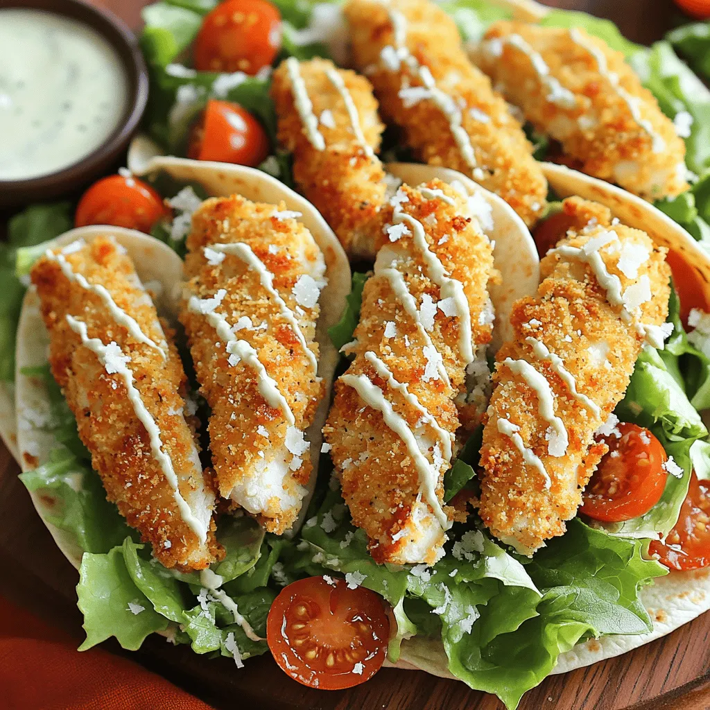 - 2 large boneless chicken breasts - 1 cup panko breadcrumbs - ½ cup all-purpose flour - 1 large egg - 1 tablespoon olive oil - 1 cup romaine lettuce, finely chopped - ½ cup cherry tomatoes, halved - ½ cup Caesar dressing - ¼ cup grated Parmesan cheese - 4 large tortilla wraps (flour or whole wheat) - Salt and freshly cracked black pepper to taste For substitutions, you can use gluten-free breadcrumbs in place of panko. If you want a lighter option, replace the Caesar dressing with a yogurt-based dressing. You can swap the chicken for tofu or grilled shrimp for different flavors. - Baking sheet - Parchment paper - Medium mixing bowl - Sharp knife - Large mixing bowl - Clean surface for wrapping - Serving platter These tools will help you prepare, cook, and serve your wraps with ease. Using a sharp knife makes cutting the wraps neat and easy. A large platter will impress your guests and keep everything organized. To start, you need to season the chicken. Sprinkle salt and pepper on both sides of the chicken breasts. This step adds flavor. Next, dredge each breast in flour. Shake off any extra flour for a light coating. Now, crack one large egg into a bowl and beat it well. Dip each flour-coated chicken breast into the egg. Make sure to cover every part. This helps the breadcrumbs stick. For the final step, roll each chicken breast in panko breadcrumbs. Press down gently to ensure a good coating. This is what makes the chicken crispy. Preheat your oven to 400°F. Place the breaded chicken on a lined baking sheet. Drizzle a bit of olive oil on top. Bake the chicken for 20-25 minutes. It should be golden brown and reach an internal temperature of 165°F. This ensures it is fully cooked. While the chicken bakes, you can prepare the filling. In a large bowl, mix chopped romaine lettuce, halved cherry tomatoes, Caesar dressing, and grated Parmesan cheese. Toss everything gently to coat the lettuce. Once the chicken is done, let it rest for about 5 minutes. This keeps it juicy. Slice the chicken into strips for easy wrapping. To assemble, lay a tortilla flat on a clean surface. Add a portion of the lettuce mix in the center. Top it with several strips of crispy chicken. Now, fold in the sides of the tortilla. Start rolling from the bottom to create a tight wrap. This step is key to avoid spilling. After wrapping, you can enjoy your meal. Serve the wraps on a large platter. For an extra touch, add a small bowl of Caesar dressing for dipping. A great way to present these wraps is to slice each one in half diagonally. This makes them easier to handle and looks nice on the plate. You can also sprinkle more Parmesan on top for extra flavor. For full details on the preparation, refer to the Full Recipe. To get the crispiest chicken, start with dry chicken. Pat it with a paper towel. This helps the coating stick. Use panko breadcrumbs; they are light and airy. They create a crunch in every bite. Avoid wet batter; it makes the wrap soggy. Also, don’t skip the olive oil drizzle. It helps the chicken brown nicely. Common mistakes include not seasoning the flour. Always add salt and pepper. Another mistake is overcrowding the baking sheet. Give each piece space to cook evenly. To amp up the flavor, try adding garlic powder or paprika to the breadcrumbs. A pinch of cayenne can add heat if you like spice. You can also mix in fresh herbs like chopped parsley or basil for a fresh twist. If you want to switch up the dressing, try ranch or blue cheese. These alternatives can really change the taste. For serving, place the wraps on a large platter. Cut them in half for easy eating. You can arrange them in a circle for a fun look. Garnish with extra grated Parmesan or fresh herbs. A small bowl of Caesar dressing on the side is great for dipping. This adds color and makes it more inviting. For a nice touch, serve with lemon wedges. The fresh squeeze can brighten the flavors. For the full recipe, check out the details above. {{image_4}} You can make Crispy Chicken Caesar Wraps lighter. Use these swaps: - Instead of regular tortillas, choose whole wheat or low-carb wraps. - Try Greek yogurt in place of Caesar dressing for fewer calories. - Add fresh veggies like spinach, bell peppers, or cucumbers for crunch and nutrients. These changes keep your meal tasty without the extra calories. They also boost fiber and vitamins in your diet. If you want a vegetarian option, swap chicken for grilled tofu or chickpeas. Both add protein and flavor. Use these dressings: - For a vegan Caesar, try tahini or a creamy avocado dressing. - Hummus can also work well, adding a rich taste. These options keep the wraps hearty and satisfying while meeting plant-based needs. You can serve these wraps in fun ways. Try these ideas: - Turn your wrap into a salad by chopping the ingredients and mixing them in a bowl. - For a buffet, set up all the ingredients separately. Let guests build their own wraps. These serving styles add a fun twist to any gathering and make it easy to please everyone. To keep your Crispy Chicken Caesar Wraps fresh, wrap them tightly in plastic wrap or foil. This helps prevent air from drying them out. Place them in an airtight container. This will keep your wraps tasty for up to three days. When reheating, you want to keep that crunch. Preheat your oven to 350°F (175°C). Place the wraps on a baking sheet for about 10-15 minutes. This method helps maintain their crispy texture. You can also use an air fryer at 350°F for about 5-7 minutes. Both methods work well! To freeze your wraps, wrap each one in plastic wrap, then place them in a freezer bag. This helps avoid freezer burn. They can stay in the freezer for up to three months. To prepare them later, let them thaw overnight in the fridge. Reheat them using the oven or air fryer as mentioned above. This ensures they taste just as good as when you first made them. For the full recipe, check out the complete guide! Making Crispy Chicken Caesar Wraps takes about 40 minutes. You spend 15 minutes on prep and 25 minutes baking the chicken. This quick time makes it great for busy days. Yes, you can prepare parts of the wraps ahead of time. You can bake the chicken and store it in the fridge for up to three days. Prepare the salad mix separately. Just assemble the wraps right before serving for best taste. These wraps pair well with many sides. Here are some ideas: - Sweet potato fries - Fresh fruit salad - Crunchy vegetable sticks - A light soup like tomato basil - Chips for a fun crunch These sides complement the wraps and add variety to your meal. Crispy Chicken Caesar Wraps offer delicious flavors and fun textures. We discussed essential ingredients, tools, and step-by-step instructions for cooking. I shared tips for perfecting the wraps and suggested tasty variations for different diets. Storing and reheating your wraps keeps them fresh and enjoyable. With my guidance, you can create your own wraps at home with ease. Explore and enjoy your cooking adventure!