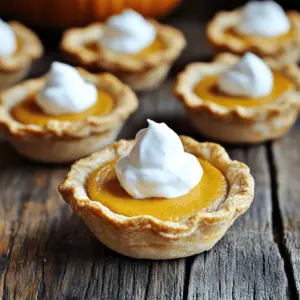To make these mini pumpkin pies, you need simple yet delicious ingredients. Here’s what you’ll need: - 1 cup pumpkin puree - 1/2 cup coconut milk (canned) - 1/3 cup brown sugar - 2 large eggs - 1 teaspoon vanilla extract - 1 teaspoon ground cinnamon - 1/2 teaspoon ground nutmeg - 1/4 teaspoon ground ginger - 1/4 teaspoon salt - 1 package pre-made mini pie crusts (or make your own from scratch) - Whipped cream (for serving) These ingredients create a rich, creamy filling that makes every bite delightful. You can customize your mini pumpkin pies to fit your taste. Here are some fun options: - Add a pinch of cloves for extra spice. - Use almond milk instead of coconut milk for a different flavor. - Swap out brown sugar for maple syrup for a unique sweetness. - Top with chocolate shavings for a twist on the classic pie. Experimenting with these ingredients can lead to exciting new flavors. To prepare your mini pumpkin pies, you’ll need some basic tools: - Mixing bowl - Whisk - Measuring cups and spoons - Mini pie crust pans or muffin tins - Baking sheet - Oven mitts These tools help ensure that your pies bake evenly and come out perfectly every time. For the full recipe, check out the detailed steps and enjoy making this delightful fall dessert! To start, preheat your oven to 375°F (190°C). This ensures a perfect bake. If you want, you can use pre-made mini pie crusts, which save time. They are easy to find at grocery stores. If you prefer to make your own, roll out your dough and cut it into small circles. Place each circle into a muffin tin for a perfect fit. In a large bowl, mix the pumpkin puree, coconut milk, brown sugar, eggs, and vanilla extract. Use a whisk for a smooth blend. Then, add the spices: ground cinnamon, nutmeg, ginger, and salt. Mix again until everything is well combined. This filling gives your pies a warm, fall flavor that everyone loves. Now, pour the pumpkin filling into each mini pie crust. Fill them about three-quarters full. This allows the filling to rise without spilling over. Place the muffin tin in the oven and bake for 20 to 25 minutes. They are done when the filling is firm. To check, insert a toothpick in the center; it should come out clean. After baking, let the pies cool for 10 minutes before transferring them to a wire rack. Enjoy them with whipped cream for an extra special treat. For the complete recipe, refer to the Full Recipe section. To keep your crust crispy, pre-bake the crusts for 5-7 minutes. This helps harden the bottom. Use a fork to poke small holes in the crust. This lets steam escape and stops sogginess. Always fill the crusts only 3/4 full. This gives the filling room to puff up. Mix your pumpkin filling well to avoid lumps. Use a whisk for a smooth texture. When filling, pour slowly to prevent spills. A small measuring cup works great for this. Make sure each pie has an even amount of filling. This helps them bake evenly and look nice. Serve your mini pumpkin pies warm or at room temperature. Top each pie with a dollop of whipped cream. A sprinkle of cinnamon or nutmeg adds a nice touch. For a fun twist, drizzle some caramel sauce on top. Pair them with a scoop of vanilla ice cream for a special treat. For the full recipe, check out the details above. {{image_4}} To make gluten-free mini pumpkin pies, use gluten-free pie crusts. You can find these in stores or make your own. For a homemade crust, combine almond flour, coconut flour, and a bit of butter. Press it into your mini pie pans. The filling remains the same. Just follow the full recipe, and you will have tasty pies that everyone can enjoy. For a vegan twist, replace eggs with flaxseed meal. Mix one tablespoon of flaxseed meal with three tablespoons of water. Let it sit for five minutes to thicken. Use almond or soy milk instead of coconut milk. The rest of the ingredients stay the same. This version is creamy and delicious, perfect for plant-based eaters. You can add fun flavors to your mini pumpkin pies. For a chocolate kick, mix in some cocoa powder. About two tablespoons should do the trick. Maple syrup can add a sweet twist; just reduce the brown sugar slightly. Try adding a splash of bourbon or rum for warmth. Each option creates a unique taste, making your mini pumpkin pies even more delightful! To keep your mini pumpkin pies fresh, let them cool completely. Place them in an airtight container. You can store them in the fridge for up to four days. If you plan to eat them later, this method works best. When you're ready to enjoy your mini pumpkin pies, preheat your oven to 350°F (175°C). Place the pies on a baking sheet. Heat them for about 10 to 15 minutes. This brings back their lovely texture and warmth. Avoid using the microwave, as it can make the crust soggy. Freezing mini pumpkin pies is a great option for longer storage. Wrap each pie tightly in plastic wrap. Then, place them in a freezer bag or an airtight container. They can stay in the freezer for up to three months. When ready to eat, thaw them in the fridge overnight. Reheat them in the oven for the best results. Enjoy your mini pumpkin pies at any time! For the full recipe, check the section above. Mini pumpkin pies can last about three days in the fridge. Store them in an airtight container. This keeps them fresh and tasty. If you want to keep them longer, consider freezing. Yes, you can make mini pumpkin pies ahead of time. You can bake them and chill them for up to three days. Or, you can prepare the filling and crust separately. Just assemble and bake them when you are ready. If you cannot find pumpkin puree, you can use butternut squash puree. It has a similar taste and texture. You can also use sweet potato puree in a pinch. Both options work well in this recipe. You can buy mini pie crusts at most grocery stores. Look in the baking aisle or freezer section. Many stores offer pre-made options. You can also make your own if you prefer. Serve mini pumpkin pies warm or at room temperature. Top them with whipped cream for a nice touch. You can also sprinkle some cinnamon or nutmeg on top. This adds extra flavor and makes them look pretty. For the full recipe, check out the complete cooking instructions above. - 1 cup pumpkin puree - 1/2 cup coconut milk (canned) - 1/3 cup brown sugar - 2 large eggs - 1 teaspoon vanilla extract - 1 teaspoon ground cinnamon - 1/2 teaspoon ground nutmeg - 1/4 teaspoon ground ginger - 1/4 teaspoon salt - 1 package pre-made mini pie crusts (or make your own from scratch) - Whipped cream (for serving) 1. Preheat your oven to 375°F (190°C). This step warms your oven for baking. 2. In a large bowl, mix the pumpkin puree, coconut milk, brown sugar, eggs, and vanilla. 3. Add in the spices: cinnamon, nutmeg, ginger, and salt. Whisk until smooth. 4. Place the mini pie crusts on a baking sheet. This keeps them steady when filling. 5. Carefully pour the pumpkin filling into each crust, filling them to about 3/4 full. 6. Bake the mini pies for 20 to 25 minutes. They are done when the filling is firm. 7. Remove the pies from the oven and cool for 10 minutes. Then, transfer them to a rack. 8. Serve with whipped cream on top for a delicious touch. Each mini pumpkin pie serves up a delightful mix of flavor and nutrition. They contain about: - Calories: 150 - Protein: 2g - Carbohydrates: 20g - Fat: 7g - Fiber: 1g Enjoy this easy and tasty treat! For the full recipe, check out the details above. Making mini pumpkin pies is simple and fun. We covered the key ingredients, tools, and how to prepare the crust and filling. I shared tips to keep your crust crisp and suggested tasty variations. You learned how to store, reheat, and freeze these delightful treats. Now, you have everything to create your mini pumpkin pie masterpiece. Enjoy every bite and experiment with flavors as you go! Happy baking!