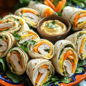 - 6 slices of lean turkey breast - 6 slices of sharp cheddar cheese - 4 whole grain tortillas - 1 cup fresh baby spinach leaves - 1 medium carrot, peeled and julienned - ½ bell pepper, thinly sliced (any color you prefer) - Salt and pepper to taste - 2 tablespoons creamy hummus When I prepare Turkey Cheddar Lunch Roll Ups, I focus on fresh and tasty ingredients. The turkey breast provides lean protein, while sharp cheddar cheese adds flavor and creaminess. Whole grain tortillas give a nice texture and are filling too. If you want to add more nutrition, consider fresh baby spinach leaves. They add a pop of color and nutrients. Carrots and bell peppers also bring crunch and sweetness. You can mix and match these as you like. For seasoning, a little salt and pepper can really enhance the taste. Creamy hummus adds a delightful twist. It acts as a spread and brings everything together. For the full recipe, check out the detailed instructions. - Laying out the tortilla Start by taking a whole grain tortilla. Lay it flat on a clean cutting board. Make sure it is smooth and unwrinkled. This helps keep your roll-up tight. - Spreading the hummus Take about half a tablespoon of creamy hummus. Spread it evenly over the tortilla. Leave a small border around the edges, about half an inch. This allows for easier rolling and keeps the filling inside. - Layering turkey and cheese Place one slice of lean turkey breast directly on the hummus. Make sure it covers most of the hummus. Next, add one slice of sharp cheddar cheese on top of the turkey. This adds a nice creamy taste. - Adding veggies Now, add a handful of fresh baby spinach leaves on the cheese. Then, sprinkle a few sticks of julienned carrot and slices of bell pepper for crunch. These veggies add color and flavor. Season lightly with salt and pepper for extra taste. - Rolling technique Start rolling from one end of the tortilla. Roll it tightly while tucking in the edges. This keeps all the tasty filling secure inside. - Cutting the roll-ups After rolling, take a sharp knife and slice each roll into pinwheel shapes. You can also cut them in half for easier serving. This makes them fun to eat and easy to share. Following these steps will give you delicious Turkey Cheddar Lunch Roll Ups. Enjoy making this quick and tasty recipe! For detailed instructions, check the Full Recipe. When making Turkey Cheddar Lunch Roll-Ups, placement matters. Start with the tortilla flat. Spread the hummus evenly, leaving a small edge. This helps keep the filling inside. Place the turkey slice over the hummus. Follow with cheddar cheese. This order keeps the flavors together. To roll tightly, start at one end. Tuck in the edges as you go. This keeps everything secure. If you roll too loosely, the filling may spill out. For a great look, arrange the roll-ups on a colorful platter. Use a mix of colors to make it pop. You can add fresh herbs on top for a nice touch. Serve with a small bowl of creamy hummus. This extra dip adds flavor and fun. You can prepare these roll-ups in advance. Just roll them up and store them in the fridge. Wrap them in plastic wrap to keep them fresh. When stored well, they last up to three days. If you want to eat them later, just chill them. This makes lunch easy and tasty! {{image_4}} You can change ingredients to suit your taste. For cheese, try mozzarella or pepper jack. These cheeses add different flavors and textures. If you want a protein swap, consider chicken or ham. Both work well and keep the dish tasty. To boost flavor, add spices or herbs. A sprinkle of paprika or cumin gives a nice kick. Fresh herbs like basil or cilantro add a bright touch. You can also include spreads or sauces. Try mustard or a spicy aioli for more zest. These little changes can make your roll-ups exciting. Pair your roll-ups with simple sides. Fresh fruit or crunchy veggies work well. You can also transform the roll-ups into a salad. Slice them and toss with greens, a light dressing, and extra toppings. This adds a new twist while keeping it healthy and fun. Enjoy your meal! To store leftovers, wrap each Turkey Cheddar Lunch Roll Up tightly in plastic wrap. This keeps them fresh and prevents drying out. Place them in an airtight container for extra protection. I recommend using a glass or BPA-free plastic container with a tight seal. These containers help maintain the roll-ups' texture and flavor. You can freeze the roll-ups if you want to keep them longer. First, wrap each roll-up in plastic wrap. Then place them in a freezer bag to keep out air. When you want to eat them, take them out and thaw in the fridge overnight. To reheat, you can warm them in the microwave for about 30 seconds. This keeps them soft and tasty. In the fridge, these roll-ups last about 3 to 4 days. Always check for signs of spoilage. If you see mold, or if they smell bad, it’s best to throw them away. Freshness is key for the best flavor and texture. To make these roll-ups gluten-free, choose gluten-free tortillas. Look for brands that use rice or corn flour. Many grocery stores stock these options. Check the label to ensure they are certified gluten-free. This way, everyone can enjoy these tasty rolls without worry. Yes, you can make these roll-ups ahead of time! After rolling them, wrap each roll in plastic wrap. This keeps them fresh. Store them in the fridge for up to two days. Just remember to slice them just before serving for the best look. For healthier dipping options, try Greek yogurt with herbs. It adds creaminess and flavor. You can also use salsa for a fresh taste. Another great choice is tzatziki, which is cool and refreshing. These dips pair well with the turkey and cheese, making snack time even better! In this blog post, we covered how to make tasty Turkey Cheddar Lunch Roll-Ups. We discussed the main and optional ingredients, like turkey, cheese, and fresh veggies. You learned step-by-step how to prepare, assemble, and serve them perfectly. We shared tips for a great presentation, meal prep, and exciting variations. Finally, we covered storage and answered common questions. Enjoy these roll-ups as an easy meal, snack, or lunch. They are sure to please!