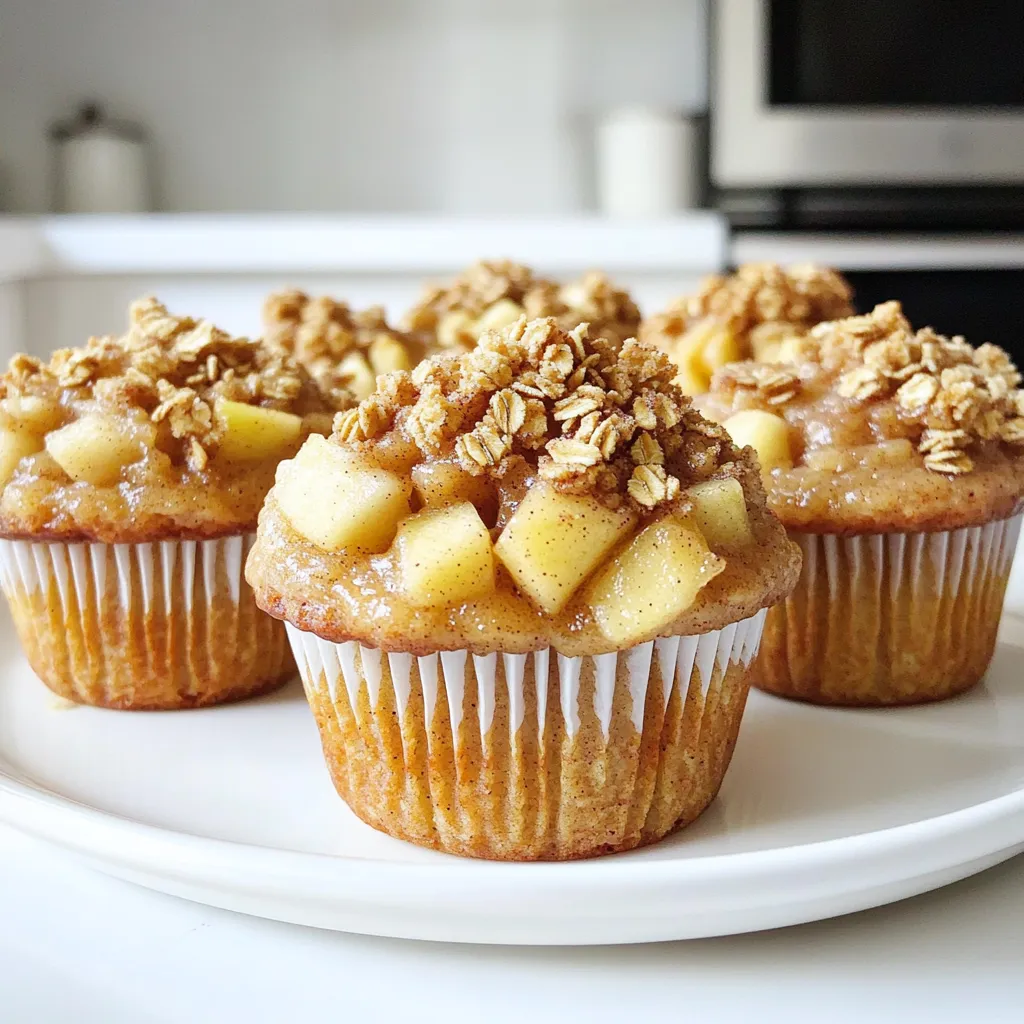 For the dry mix, you need: - 1 ½ cups all-purpose flour - 1 cup rolled oats - 1 cup brown sugar, packed - 2 teaspoons baking powder - 1 teaspoon baking soda - ½ teaspoon salt - ½ teaspoon cinnamon These ingredients create a strong base for your muffins. The flour and oats add structure and texture. Brown sugar brings sweetness and moisture, while baking powder and baking soda help the muffins rise. Salt and cinnamon enhance the flavors. For the wet mix, gather: - 1 cup buttermilk - ½ cup vegetable oil - 2 large eggs - 1 teaspoon vanilla extract - 2 medium apples, peeled and diced (like Granny Smith or Honeycrisp) - ½ cup chopped walnuts or pecans (optional) - 1 tablespoon lemon juice The buttermilk keeps the muffins moist and fluffy. Oil adds richness, and eggs bind everything together. Vanilla extract gives a sweet aroma. The diced apples bring natural sweetness and a juicy bite. Lemon juice adds brightness, and nuts give a nice crunch. For the crisp topping, mix together: - ½ cup brown sugar - ½ cup flour - ½ cup rolled oats - ½ teaspoon cinnamon - ¼ cup cold butter, cubed This topping adds a delightful crunch. Brown sugar and flour create a crumbly texture, while oats add chewiness. Cinnamon brings warmth, and cold butter helps form those perfect crumbs. You’ll love how it contrasts with the soft muffins beneath. First, heat your oven to 375°F (190°C). This is the perfect temp for baking. While the oven warms up, get your muffin tin ready. You can use paper liners or spray the tin with non-stick spray. This helps the muffins come out easily. In a big bowl, mix the dry ingredients. Add 1 ½ cups of flour, 1 cup of oats, 1 cup of brown sugar, 2 teaspoons of baking powder, 1 teaspoon of baking soda, ½ teaspoon of salt, and ½ teaspoon of cinnamon. Whisk them together until they blend well. This step is key for a fluffy muffin. In another bowl, combine the wet ingredients. Use 1 cup of buttermilk, ½ cup of vegetable oil, 2 large eggs, and 1 teaspoon of vanilla extract. Mix them until they are smooth. Slowly pour this mixture into the dry ingredients. Stir gently until just combined. Do not overmix! This keeps your muffins light. Now, it’s time to add some flavor. Fold in 2 diced apples, which you should peel first. You can use Granny Smith or Honeycrisp apples for a sweet-tart taste. If you like nuts, add ½ cup of chopped walnuts or pecans. Don’t forget to squeeze in 1 tablespoon of lemon juice. This brightens the flavor. For the topping, grab another bowl. Mix ½ cup of brown sugar, ½ cup of flour, ½ cup of oats, and ½ teaspoon of cinnamon. Then, cut in ¼ cup of cold, cubed butter. Use your fingers or a fork to mix until it looks crumbly. This will add a great crunch to your muffins. Now it’s time to bake! Spoon the batter into your muffin tin, filling each cup about ¾ full. Sprinkle the crisp topping generously over each muffin. Bake for 20-25 minutes. To check if they are done, insert a toothpick in the center. If it comes out clean, they are ready! Let the muffins cool for about 5 minutes in the pan. After that, transfer them to a wire rack. Enjoy your warm, delicious muffins! To get the best muffins, focus on mixing. Mix dry and wet ingredients just enough. If you overmix, the muffins may be tough. The batter should be lumpy. This helps keep them soft and fluffy. Use room temperature eggs and buttermilk for better blending. The apples add moisture, so pick juicy ones. Granny Smith or Honeycrisp work great here. For more flavor, try adding spices. A pinch of nutmeg can boost the warmth. You could also swap some brown sugar for maple syrup. This gives a nice twist to the taste. If you want a hint of citrus, add more lemon juice. It brightens the flavors and balances the sweetness well. Don't forget to add a splash of vanilla for richness. Serving your muffins with flair makes them shine. Dust with powdered sugar for a touch of elegance. A dollop of whipped cream on top adds creaminess. For a fun twist, pair with vanilla ice cream. This makes a lovely dessert option. Arrange muffins on a decorative plate for a bakery-style look. The more inviting they appear, the more people will enjoy them! {{image_2}} You can switch the apples for other fruits. Pears or berries work great. This change adds new flavors. Mixed fruits also create a fun twist. Try using ripe bananas, too. They add sweetness and moisture. Remember to adjust the lemon juice for balance. This keeps your muffins fresh and bright. If you don’t like walnuts or pecans, try different nuts. Almonds or hazelnuts add a nice crunch. You can even skip the nuts if you prefer. Seeds like pumpkin or sunflower work well, too. Just ensure you chop them into small pieces for even mixing. This gives you a tasty bite every time. To make gluten-free muffins, use a gluten-free flour blend. Look for one that contains xanthan gum. This helps mimic the texture of regular flour. You can also replace the oats with gluten-free oats. Make sure to check labels to avoid gluten. These small changes keep the muffins soft and delicious. To keep your apple crisp muffins fresh, place them in an airtight container. This helps keep them moist. You can store them at room temperature for up to three days. If you want them to last longer, consider refrigerating them. Just remember to let them cool completely before packing them away. These muffins freeze well, making them a great make-ahead option. Wrap each muffin in plastic wrap, then place them in a freezer-safe bag. They can last in the freezer for up to three months. When you’re ready to enjoy them, simply thaw them overnight in the fridge. To reheat, preheat your oven to 350°F (175°C). Place the muffins on a baking sheet and heat for about 10 minutes. This will help revive their warmth and crispiness. You can also use a microwave, but be mindful. Heat them for just 15 to 30 seconds to avoid making them tough. Enjoy your delightful treats warm! Yes, you can use milk mixed with vinegar or lemon juice. Just add 1 tablespoon of vinegar or lemon juice to 1 cup of milk. Let it sit for five minutes. This creates a tangy flavor similar to buttermilk. You can check for doneness with a toothpick. Insert it in the center of a muffin. If it comes out clean or with a few crumbs, they are ready. The muffins should also bounce back when pressed lightly. Yes, you can prepare the batter a day before. Just store it in the fridge. When ready to bake, fill the muffin tin and bake as usual. This keeps them fresh and tasty. If you prefer not to use nuts, you can skip them entirely. For added crunch, try using seeds like pumpkin or sunflower seeds. You can also add more oats or dried fruit for texture. Absolutely! These muffins freeze well. Just let them cool completely, then wrap them in plastic wrap and place them in a freezer bag. They can last for up to three months. When ready, thaw them at room temperature or warm them in the oven. You learned how to make delicious muffins with the right balance of flavors and texture. We covered essential ingredients, step-by-step instructions, and tips to enhance your baking. You can also try various fruit and nut options or make gluten-free versions. Don't forget how to store and reheat your muffins for the best taste. With these insights, you can enjoy fresh muffins any time. Now, it's your turn to bake and share your yummy results!