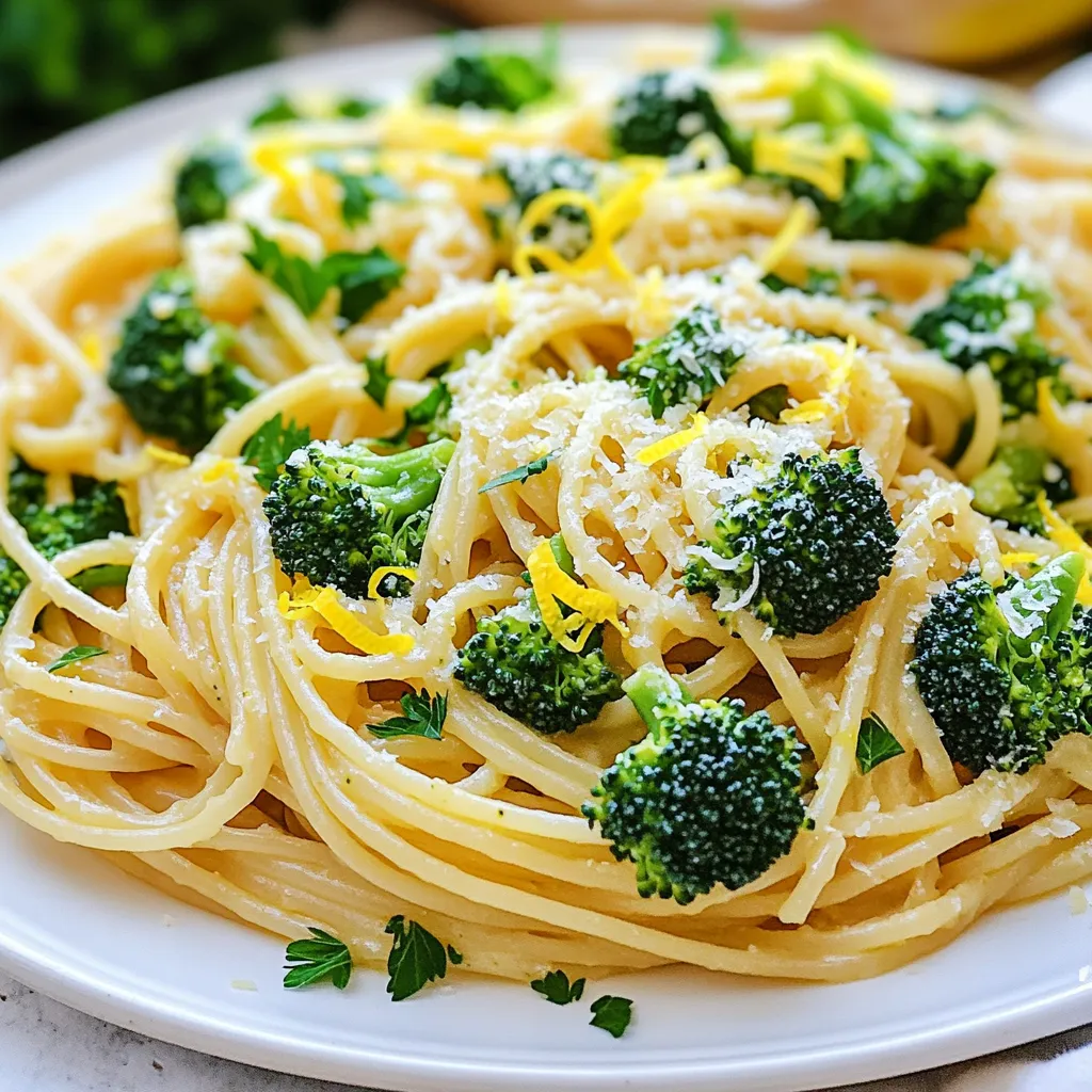 - 8 oz spaghetti or linguine - 2 cups broccoli florets - 4 cloves garlic, minced - 1/4 cup olive oil The main ingredients make this dish simple yet tasty. You can choose either spaghetti or linguine for the pasta. Broccoli adds color and nutrition. Garlic gives a bold flavor, while olive oil makes everything rich. - 1 teaspoon red pepper flakes - Zest and juice of 1 large lemon - 1/2 cup grated Parmesan cheese (or a vegan alternative) Adding optional ingredients can boost the flavor. Red pepper flakes give a little heat. The zest and juice of lemon provide brightness and freshness. Parmesan cheese adds creaminess and umami. You can swap it for a vegan cheese if you prefer. - Salt and black pepper to taste - Fresh parsley, chopped Seasoning is key for great taste. Add salt and black pepper to balance flavors. Chopped parsley adds a fresh touch as a garnish. It also makes your dish look beautiful on the plate. 1. Bring salted water to a boil: Fill a large pot with water. Add a good amount of salt. The salt helps flavor the pasta. 2. Cook spaghetti or linguine until al dente: Add 8 oz of spaghetti or linguine to the boiling water. Cook it according to the package instructions. You want the pasta to have a slight bite. 3. Add broccoli florets for the last 3 minutes: When the pasta has about three minutes left, toss in 2 cups of broccoli florets. This cooks the broccoli perfectly without losing its bright green color. 1. Heat olive oil and add minced garlic: While the pasta cooks, take a large skillet. Heat 1/4 cup of olive oil over medium heat. Add 4 minced garlic cloves. Cook them for about 1-2 minutes. Be careful not to let the garlic brown. 2. Infuse with red pepper flakes if using: If you want some heat, add 1 teaspoon of red pepper flakes. This step brings a nice kick to the sauce. 1. Toss cooked pasta and broccoli with sauce: Once the pasta and broccoli are done, drain them. Add them to the skillet with the garlic oil. Toss everything together to coat. 2. Add lemon juice, zest, and reserved pasta water: Squeeze the juice of 1 large lemon into the mix. Also add the lemon zest. If the pasta looks dry, pour in some reserved pasta water gradually. 3. Stir in Parmesan cheese, salt, and pepper: Finally, stir in 1/2 cup of grated Parmesan cheese. Season with salt and black pepper to taste. Toss everything until it’s well mixed and heated through. - Cooking pasta al dente: To get the best texture, cook your pasta just until it is tender but firm. Follow the package instructions, but check it a minute early. This keeps the pasta from becoming mushy. - Perfectly blanching broccoli for color and crunch: Blanch the broccoli by adding it to the boiling pasta water in the last three minutes of cooking. This step keeps the broccoli bright green and crisp. Drain them both together for easy cleanup. - Suggestions for additional spices: You can add spices like red pepper flakes for a kick. If you like herbs, try adding oregano or basil. These spices add depth and extra flavor to your dish. - Alternative cheeses or vegan options: Instead of Parmesan, you can use Pecorino Romano for a sharper taste. For vegan options, look for plant-based cheeses that melt well. Nutritional yeast is another great choice for a cheesy flavor without dairy. - Pairing with proteins: This pasta goes great with grilled chicken or shrimp. You can simply season and grill them for a tasty combo. For a meat-free option, try adding sautéed tofu or chickpeas for protein. - Best sides to complement the dish: Serve your pasta with a simple side salad or garlic bread. A light salad with lemon vinaigrette matches well, balancing the richness of the pasta. {{image_2}} You can switch up the pasta type in this dish. Try whole wheat pasta for more fiber. Gluten-free pasta works well too if you need that option. Instead of broccoli, you can use other veggies. Asparagus adds a nice crunch, while spinach gives a soft touch. Both will make your dish colorful and tasty. If you want a vegan version, look for dairy-free cheese. Many brands offer great alternatives that melt nicely. You can also add plant-based proteins like chickpeas or lentils. They will boost nutrition and flavor. Want to make this dish heartier? Add protein like chicken, shrimp, or tofu. Chicken works well when grilled or sautéed. Shrimp cooks fast and soaks up flavors. Tofu is a great option, especially when marinated. Marinate chicken or shrimp in lemon juice and garlic. This will enhance the taste and make every bite delicious. To store your Lemon Garlic Broccoli Pasta, let it cool first. Then, transfer it to an airtight container. This helps to keep it fresh. Store it in the fridge for up to three days. When reheating, I prefer using the stovetop. It helps keep the pasta from getting mushy. Add a splash of water or olive oil to help it heat evenly. If you use a microwave, cover it loosely. Heat it in short intervals to avoid overcooking. You can freeze this dish for meal prep. Let it cool completely before putting it in a freezer-safe container. It will stay good for about two months. To thaw, place it in the fridge overnight. For a quicker method, you can use the microwave on low. Reheat until it’s warm all the way through. Yes, you can. Broccoli is just one choice. Try asparagus, spinach, or bell peppers. Each veggie adds a unique taste. Carrots and zucchini also work well. Just remember to adjust cooking times as needed. To make this dish gluten-free, choose gluten-free pasta. Options include rice, corn, or quinoa pasta. These types cook well and taste great. Always check the package for cooking times. You have options if you need a substitute. Nutritional yeast gives a cheesy flavor. Vegan cheese works too; just pick your favorite. You can also use ground cashews for creaminess. Want more heat? Add more red pepper flakes to the oil. You can also use crushed red pepper or diced jalapeños. Each adds a different level of spice. Adjust to your taste. This blog covered a simple, tasty pasta dish with broccoli and garlic. We explored key ingredients, step-by-step cooking, and ways to enhance flavor. You can easily swap ingredients for variety and store leftovers for later. Remember, adjusting spices and protein options can make this dish your own. Enjoy experimenting with flavors and textures. Trust me, this pasta dish will delight your taste buds!