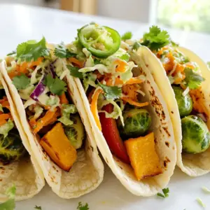 For the best fall veggie tacos, I like to use: - 1 medium butternut squash, peeled and diced - 1 red bell pepper, sliced - 1 cup Brussels sprouts, thinly sliced These vegetables give a lovely mix of sweet and savory flavors. The butternut squash adds creaminess. The red bell pepper brings brightness. Brussels sprouts add a nice crunch. To make the chili lime slaw, gather: - 2 cups green cabbage, finely shredded - 1 carrot, grated - 1 jalapeño, finely sliced (remove seeds for less heat) - 3 tablespoons fresh lime juice - 1 tablespoon honey - 1 teaspoon chili powder - Salt to taste - Fresh cilantro, for garnish This slaw pairs well with the tacos. The lime juice gives it a fresh kick. Honey adds a touch of sweetness to balance the heat. For seasoning and tortillas, you will need: - 1 tablespoon olive oil - 1 teaspoon smoked paprika - 1 teaspoon cumin - Salt and pepper to taste - 8 small corn tortillas The olive oil helps the veggies roast nicely. Smoked paprika and cumin add depth to the flavor. Corn tortillas are perfect for holding all the goodness! Start by preheating your oven to 400°F (200°C). This ensures your veggies roast evenly. In a large bowl, combine the diced butternut squash, sliced red bell pepper, and thinly sliced Brussels sprouts. These colorful veggies bring great taste and nutrition. Drizzle one tablespoon of olive oil over them. Add one teaspoon of smoked paprika, one teaspoon of cumin, salt, and pepper. Toss everything together until the veggies are well coated. Spread the mixture on a baking sheet lined with parchment paper. Roast them for about 25-30 minutes. Toss the veggies halfway through for even cooking. They will turn tender and caramelized, bringing out their natural sweetness. While your veggies roast, it’s time to prepare the chili lime slaw. Grab a large bowl and combine two cups of finely shredded green cabbage, one grated carrot, and one sliced jalapeño. If you prefer less heat, remove the seeds from the jalapeño. In a small bowl, whisk together three tablespoons of fresh lime juice, one tablespoon of honey, one teaspoon of chili powder, and a pinch of salt. Pour this tangy dressing over the slaw mix and toss it all together. This slaw adds a zesty crunch to your tacos. Once the veggies are roasted and the slaw is ready, it’s time to assemble your tacos. Warm eight small corn tortillas on a skillet over medium heat. Heat them for about 30 seconds on each side until they are pliable. To build your taco, add a generous helping of the roasted veggies to each tortilla. Then, top it off with a handful of chili lime slaw. For an extra touch, garnish with fresh cilantro. This brings a burst of flavor and color to each bite! Roasting veggies brings out their natural sweetness. Start by preheating your oven to 400°F (200°C). Cut your butternut squash, red bell pepper, and Brussels sprouts into even pieces. This helps them cook evenly. Toss the veggies with olive oil, smoked paprika, cumin, salt, and pepper in a bowl. Spread them out on a lined baking sheet. Roast for 25-30 minutes. Don’t forget to stir them halfway through. This will help them brown and caramelize nicely. You can add your own twist to the chili lime slaw. Try adding sliced radishes or diced bell peppers for crunch. Want more heat? Add more jalapeño or some hot sauce. If you prefer a sweeter slaw, increase the honey a bit. Fresh herbs like parsley or mint can also brighten the slaw. Just make sure to toss everything well in the dressing to get the best flavor. Warming your tortillas makes them soft and foldable. Use a skillet over medium heat. Place each tortilla in the skillet for about 30 seconds on each side. You can also wrap them in a damp paper towel and microwave them for about 15-20 seconds. This keeps them warm and soft. Avoid overheating, as this can make them brittle. Warm tortillas will hold all your tasty fillings beautifully! {{image_2}} You can change up the veggies in your tacos. Think about using sweet potatoes instead of butternut squash. Zucchini and eggplant also work well. Try adding carrots or parsnips for extra crunch. Seasonal veggies keep your tacos fresh and exciting. You can mix and match based on what you find at your local market. The key is to pick vegetables you enjoy. If you want to switch up the slaw, there are many options. A yogurt-based dressing can add creaminess. You can mix Greek yogurt with lime juice and some spices. Another option is a vinegar-based dressing. Use apple cider vinegar, olive oil, and a little sugar for a tangy twist. Each dressing gives the slaw a unique taste. Feel free to experiment until you find your favorite. For meat lovers, adding protein is easy. Grilled chicken or shrimp can make your tacos heartier. You can also use ground beef or turkey seasoned with similar spices. If you want a smoky flavor, try adding pulled pork. To keep the meal balanced, add the meat on top of the veggies. This way, you still get the great taste of fall veggies with a protein boost. To store your leftover tacos, place them in an airtight container. Keep the tacos separate from the slaw. This helps keep the tortillas from getting soggy. You can store them in the fridge for up to three days. When you’re ready to enjoy your tacos again, reheat them in a skillet. Heat the skillet over medium heat. Add the tacos for about two minutes on each side. This warms them up and keeps them crispy. You can also use the microwave. Just heat them for 30 seconds, but the texture may not be as good. For the slaw, store it in a separate airtight container. It stays fresh for two days in the fridge. If you notice any water in the container, drain it off. This keeps the slaw crunchy and tasty. You can also add a little extra lime juice when serving to refresh the flavors. Yes, you can make these tacos ahead of time. First, roast the veggies and cool them. Store them in the fridge in an airtight container. You can prepare the chili lime slaw as well. Just keep the dressing separate until you are ready to serve. This way, the slaw stays fresh. Assemble the tacos just before serving for the best taste. If you want to replace honey, use maple syrup or agave nectar. Both options add sweetness without changing the slaw’s taste much. You can also try brown sugar. Just mix it with the lime juice well so it dissolves. This keeps the slaw flavorful. The spice level of these tacos depends on the jalapeño. If you remove the seeds, they will be milder. If you want more heat, add some seeds back in. You can also use a different pepper, like a serrano, for extra kick. Adjust the amount to your liking for the perfect spice. In this post, we explored taco ingredients, like fresh veggies and zesty slaw. I shared step-by-step instructions for prepping, making, and assembling your tacos. You learned tips for roasting, customizing slaw, and warming tortillas. We also discussed variations, including seasonal veggies and meat options. Lastly, I provided storage advice and answered common questions. Making these tacos can be easy and fun. Enjoy the flavors and let your creativity shine!