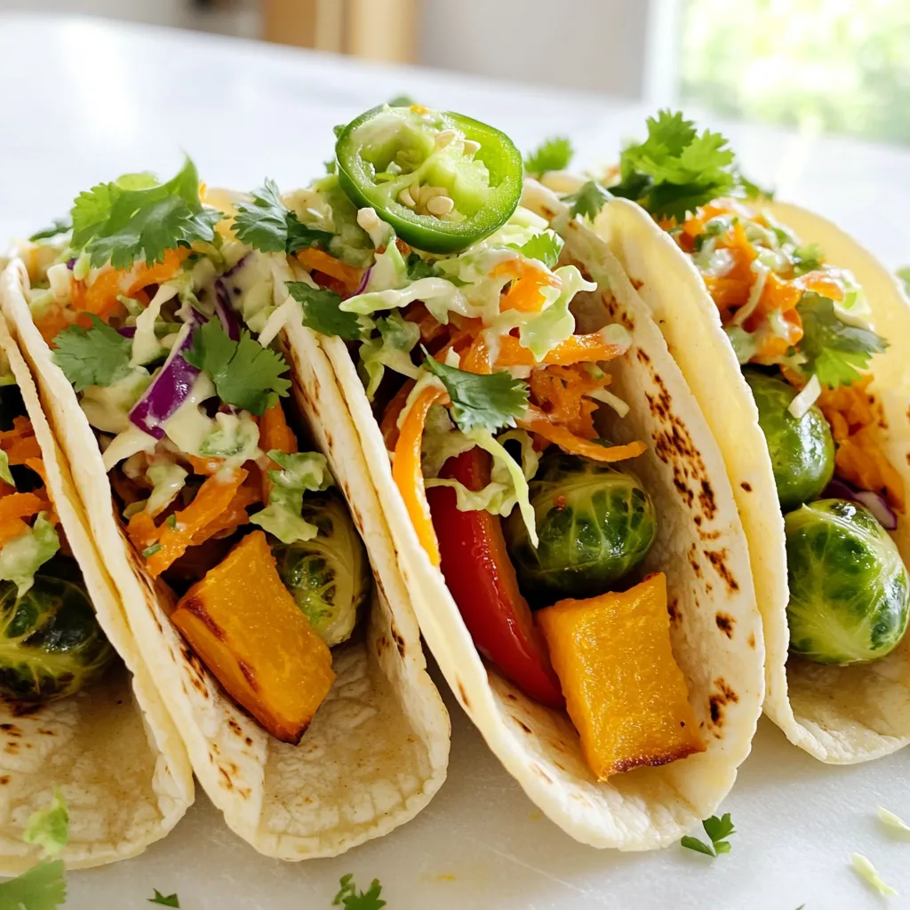For the best fall veggie tacos, I like to use: - 1 medium butternut squash, peeled and diced - 1 red bell pepper, sliced - 1 cup Brussels sprouts, thinly sliced These vegetables give a lovely mix of sweet and savory flavors. The butternut squash adds creaminess. The red bell pepper brings brightness. Brussels sprouts add a nice crunch. To make the chili lime slaw, gather: - 2 cups green cabbage, finely shredded - 1 carrot, grated - 1 jalapeño, finely sliced (remove seeds for less heat) - 3 tablespoons fresh lime juice - 1 tablespoon honey - 1 teaspoon chili powder - Salt to taste - Fresh cilantro, for garnish This slaw pairs well with the tacos. The lime juice gives it a fresh kick. Honey adds a touch of sweetness to balance the heat. For seasoning and tortillas, you will need: - 1 tablespoon olive oil - 1 teaspoon smoked paprika - 1 teaspoon cumin - Salt and pepper to taste - 8 small corn tortillas The olive oil helps the veggies roast nicely. Smoked paprika and cumin add depth to the flavor. Corn tortillas are perfect for holding all the goodness! Start by preheating your oven to 400°F (200°C). This ensures your veggies roast evenly. In a large bowl, combine the diced butternut squash, sliced red bell pepper, and thinly sliced Brussels sprouts. These colorful veggies bring great taste and nutrition. Drizzle one tablespoon of olive oil over them. Add one teaspoon of smoked paprika, one teaspoon of cumin, salt, and pepper. Toss everything together until the veggies are well coated. Spread the mixture on a baking sheet lined with parchment paper. Roast them for about 25-30 minutes. Toss the veggies halfway through for even cooking. They will turn tender and caramelized, bringing out their natural sweetness. While your veggies roast, it’s time to prepare the chili lime slaw. Grab a large bowl and combine two cups of finely shredded green cabbage, one grated carrot, and one sliced jalapeño. If you prefer less heat, remove the seeds from the jalapeño. In a small bowl, whisk together three tablespoons of fresh lime juice, one tablespoon of honey, one teaspoon of chili powder, and a pinch of salt. Pour this tangy dressing over the slaw mix and toss it all together. This slaw adds a zesty crunch to your tacos. Once the veggies are roasted and the slaw is ready, it’s time to assemble your tacos. Warm eight small corn tortillas on a skillet over medium heat. Heat them for about 30 seconds on each side until they are pliable. To build your taco, add a generous helping of the roasted veggies to each tortilla. Then, top it off with a handful of chili lime slaw. For an extra touch, garnish with fresh cilantro. This brings a burst of flavor and color to each bite! Roasting veggies brings out their natural sweetness. Start by preheating your oven to 400°F (200°C). Cut your butternut squash, red bell pepper, and Brussels sprouts into even pieces. This helps them cook evenly. Toss the veggies with olive oil, smoked paprika, cumin, salt, and pepper in a bowl. Spread them out on a lined baking sheet. Roast for 25-30 minutes. Don’t forget to stir them halfway through. This will help them brown and caramelize nicely. You can add your own twist to the chili lime slaw. Try adding sliced radishes or diced bell peppers for crunch. Want more heat? Add more jalapeño or some hot sauce. If you prefer a sweeter slaw, increase the honey a bit. Fresh herbs like parsley or mint can also brighten the slaw. Just make sure to toss everything well in the dressing to get the best flavor. Warming your tortillas makes them soft and foldable. Use a skillet over medium heat. Place each tortilla in the skillet for about 30 seconds on each side. You can also wrap them in a damp paper towel and microwave them for about 15-20 seconds. This keeps them warm and soft. Avoid overheating, as this can make them brittle. Warm tortillas will hold all your tasty fillings beautifully! {{image_2}} You can change up the veggies in your tacos. Think about using sweet potatoes instead of butternut squash. Zucchini and eggplant also work well. Try adding carrots or parsnips for extra crunch. Seasonal veggies keep your tacos fresh and exciting. You can mix and match based on what you find at your local market. The key is to pick vegetables you enjoy. If you want to switch up the slaw, there are many options. A yogurt-based dressing can add creaminess. You can mix Greek yogurt with lime juice and some spices. Another option is a vinegar-based dressing. Use apple cider vinegar, olive oil, and a little sugar for a tangy twist. Each dressing gives the slaw a unique taste. Feel free to experiment until you find your favorite. For meat lovers, adding protein is easy. Grilled chicken or shrimp can make your tacos heartier. You can also use ground beef or turkey seasoned with similar spices. If you want a smoky flavor, try adding pulled pork. To keep the meal balanced, add the meat on top of the veggies. This way, you still get the great taste of fall veggies with a protein boost. To store your leftover tacos, place them in an airtight container. Keep the tacos separate from the slaw. This helps keep the tortillas from getting soggy. You can store them in the fridge for up to three days. When you’re ready to enjoy your tacos again, reheat them in a skillet. Heat the skillet over medium heat. Add the tacos for about two minutes on each side. This warms them up and keeps them crispy. You can also use the microwave. Just heat them for 30 seconds, but the texture may not be as good. For the slaw, store it in a separate airtight container. It stays fresh for two days in the fridge. If you notice any water in the container, drain it off. This keeps the slaw crunchy and tasty. You can also add a little extra lime juice when serving to refresh the flavors. Yes, you can make these tacos ahead of time. First, roast the veggies and cool them. Store them in the fridge in an airtight container. You can prepare the chili lime slaw as well. Just keep the dressing separate until you are ready to serve. This way, the slaw stays fresh. Assemble the tacos just before serving for the best taste. If you want to replace honey, use maple syrup or agave nectar. Both options add sweetness without changing the slaw’s taste much. You can also try brown sugar. Just mix it with the lime juice well so it dissolves. This keeps the slaw flavorful. The spice level of these tacos depends on the jalapeño. If you remove the seeds, they will be milder. If you want more heat, add some seeds back in. You can also use a different pepper, like a serrano, for extra kick. Adjust the amount to your liking for the perfect spice. In this post, we explored taco ingredients, like fresh veggies and zesty slaw. I shared step-by-step instructions for prepping, making, and assembling your tacos. You learned tips for roasting, customizing slaw, and warming tortillas. We also discussed variations, including seasonal veggies and meat options. Lastly, I provided storage advice and answered common questions. Making these tacos can be easy and fun. Enjoy the flavors and let your creativity shine!