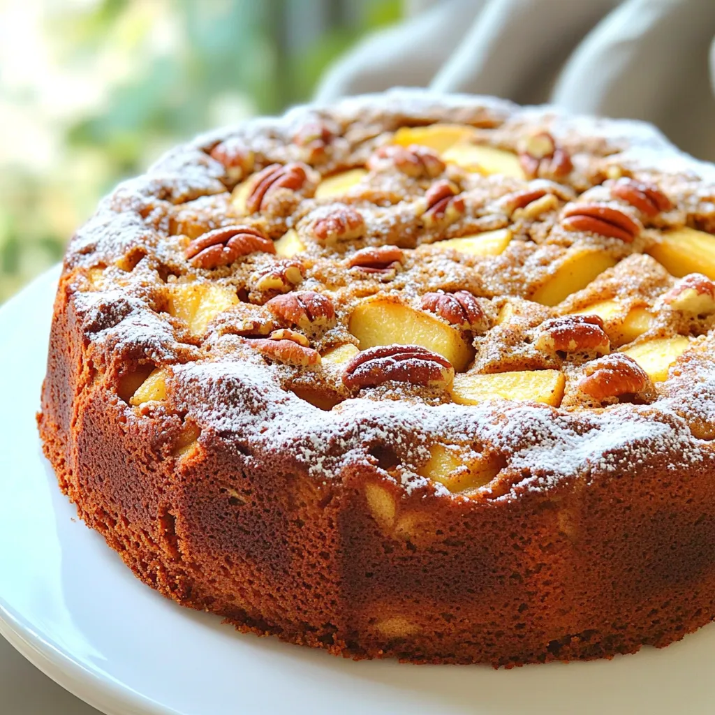 - 1 cup unsalted butter (2 sticks), browned - 1 ½ cups granulated sugar - 3 large eggs - 1 teaspoon vanilla extract - 2 cups all-purpose flour - 1 teaspoon baking powder - ½ teaspoon baking soda - ½ teaspoon salt - 1 teaspoon ground cinnamon - 2 cups apples, peeled and diced (about 2 medium apples) - 1 cup pecans, chopped - ½ cup sour cream or Greek yogurt You can make this cake your own with some easy swaps. Use salted butter if you like a saltier taste. Brown sugar can replace granulated sugar for a deeper flavor. If you run out of eggs, use a flax egg by mixing one tablespoon of flaxseed meal with three tablespoons of water. For a dairy-free option, try coconut yogurt in place of sour cream. Choose apples that feel firm and have no bruises. Look for bright colors, which show they are fresh. Varieties like Honeycrisp or Granny Smith add great flavor. When picking pecans, go for nuts that smell sweet and nutty. Avoid any that are soft or have a dusty coating. Fresh nuts give the best crunch and taste. Start by preheating your oven to 350°F (175°C). Next, grab a 9x5 inch loaf pan. Grease it well with butter. You can also flour it to ensure easy removal. If you prefer, line it with parchment paper for less mess. In a medium saucepan, melt 1 cup of unsalted butter over medium heat. Stir it occasionally. Keep cooking until it turns a golden brown. This takes about 5-7 minutes. You will notice a nutty aroma. Remove it from heat and let it cool slightly. In a large mixing bowl, whisk together the browned butter and 1 ½ cups of granulated sugar. Mix until smooth. Now, add 3 large eggs one at a time. Make sure to mix well after each one. Stir in 1 teaspoon of vanilla extract for a nice touch. In another bowl, combine 2 cups of all-purpose flour, 1 teaspoon of baking powder, ½ teaspoon of baking soda, ½ teaspoon of salt, and 1 teaspoon of ground cinnamon. Whisk these dry ingredients together. Now, gradually add the dry mixture into the wet mixture. Alternate with ½ cup of sour cream or Greek yogurt. Start and end with the flour mixture. Mix until just combined. Gently fold in 2 cups of peeled and diced apples and 1 cup of chopped pecans. Make sure they are evenly distributed throughout the batter. This will give your cake great flavor and texture. Pour the batter into your prepared loaf pan. Smooth the top with a spatula. Bake for 50-60 minutes. Check with a toothpick. It should come out clean when done. If the top browns too quickly, cover it loosely with foil. Once baked, remove it from the oven. Let the pound cake cool in the pan for about 15 minutes. Then transfer it to a wire rack to cool completely. Enjoy the delightful smell as it cools! To make brown butter, start with unsalted butter. Heat it in a medium saucepan. Stir it often to avoid burning. Watch for a golden color and nutty smell. This usually takes about 5 to 7 minutes. Once it reaches that stage, remove it from heat. Let it cool a bit before adding it to your batter. This step adds a rich flavor to your pound cake. To enhance texture, use both sour cream and eggs. These ingredients keep the cake moist. The diced apples add freshness and sweetness. Chopped pecans provide a lovely crunch. Using a mix of textures makes each bite special. For a deeper flavor, add ground cinnamon. It pairs perfectly with apples and pecans. One common mistake is overmixing the batter. Mix just until combined to keep it soft. Another mistake is not cooling the brown butter enough. If it’s too hot, it can cook the eggs. Also, remember to check your oven temperature. An oven that runs hot can burn the cake. Lastly, don’t skip the parchment paper. It helps with easy removal and keeps your cake intact. {{image_2}} You can switch up the nuts in this cake. Try walnuts or almonds instead of pecans. Each nut gives a new taste and texture. You can also change the spices. Add nutmeg or ginger for some warmth. These changes keep the cake fresh and fun. If you want a gluten-free cake, use a gluten-free flour blend. This works well in most recipes. For a dairy-free option, swap out the butter for coconut oil. Use almond milk or a dairy-free yogurt instead of sour cream. These swaps make the cake friendly for different diets. In fall, add cranberries for a tart burst. They pair well with the sweet apples. You can also mix in pumpkin spice for a cozy flavor. In winter, use citrus zest, like orange or lemon, for brightness. These seasonal add-ins make the cake even more special. To keep your pound cake fresh, wrap it tightly in plastic wrap. This helps keep moisture in. Store it at room temperature for up to three days. If you want it to last longer, place it in the fridge. Just remember, it might dry out a bit. Freezing is a great way to save extra cake. First, let the pound cake cool completely. Then, slice it into pieces. Wrap each slice in plastic wrap, then place them in a freezer bag. Remove as much air as possible. Your cake can last in the freezer for up to three months. To enjoy your pound cake again, thaw it in the fridge overnight. For a warm slice, preheat your oven to 350°F (175°C). Place the slice on a baking sheet for about 10 minutes. This warms it up nicely without drying it out. You can also use a microwave. Heat it for about 10-15 seconds at a time, checking often. Enjoy your cake warm for the best flavor! Yes, you can use brown sugar or coconut sugar. Brown sugar adds a richer taste. Coconut sugar is a great choice for a lower glycemic index. Just remember, brown sugar can make the cake a bit more moist. Adjust your baking time if you notice a change in texture. Check the cake at 50 minutes. Insert a toothpick in the center. If it comes out clean, the cake is done. If it has batter on it, bake a little longer. The top should also be golden brown. If it browns too fast, cover it loosely with foil. This cake is great on its own. You can add a dusting of powdered sugar for a nice touch. Serve it with whipped cream or vanilla ice cream for extra flavor. A scoop of ice cream melts nicely on warm cake. Fresh apple slices or more chopped pecans can add a lovely garnish. In this blog post, we explored the delicious journey of making a Brown Butter Apple Pecan Pound Cake. We covered key ingredients, substitutions, and how to choose the best apples and pecans. I shared step-by-step baking instructions, handy tips for perfecting the brown butter, and common mistakes to avoid. We also discussed tasty variations and how to store your leftovers. Remember, this cake is all about flavor and comfort. Enjoy sharing it with family and friends!