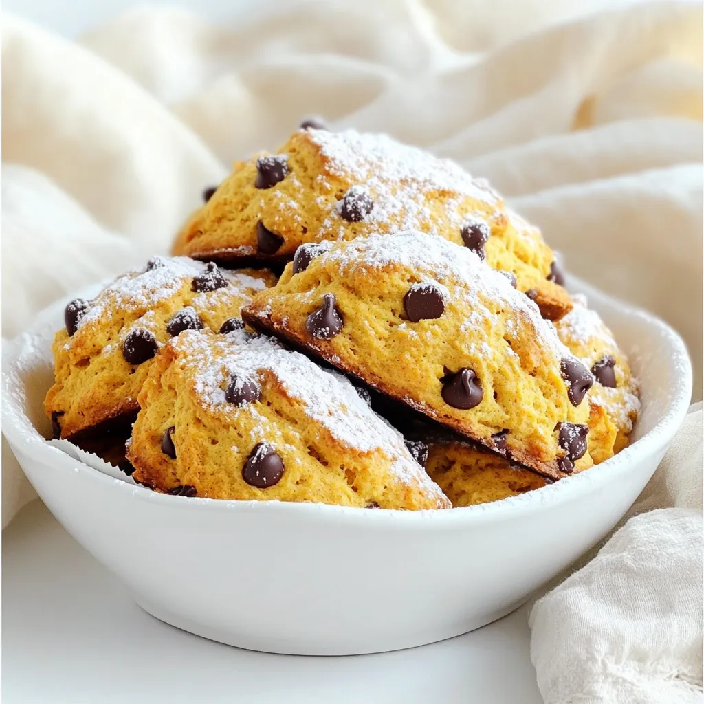 To make delicious pumpkin chocolate chip scones, gather the following items: - 2 cups all-purpose flour - 1/3 cup granulated sugar - 1 tablespoon baking powder - 1/2 teaspoon baking soda - 1/2 teaspoon salt - 1 teaspoon ground cinnamon - 1/2 teaspoon ground nutmeg - 1/4 cup cold unsalted butter, cubed - 1/2 cup pumpkin puree - 1/4 cup heavy cream - 1 large egg - 1 teaspoon vanilla extract - 1/2 cup chocolate chips - Additional sugar for sprinkling You can switch some ingredients if needed. Here are some good options: - Use whole wheat flour for a nuttier taste. - Swap granulated sugar with brown sugar for a richer flavor. - Coconut oil can replace butter for a dairy-free option. - Use almond milk instead of heavy cream for a lighter scone. - Try using dark chocolate chips for a deeper chocolate flavor. Using high-quality ingredients makes a big difference. Here’s what I recommend: - Choose organic flour for better taste and texture. - Look for pure vanilla extract instead of imitation for true flavor. - Use real pumpkin puree, not pumpkin pie filling, for better results. - Select high-quality chocolate chips for a richer flavor and texture. These tips help you create the best pumpkin chocolate chip scones. Enjoy the process and the tasty results! 1. Preheat your oven to 400°F (200°C). Line a baking sheet with parchment paper to prevent sticking. 2. In a large bowl, whisk together these dry ingredients: - 2 cups all-purpose flour - 1/3 cup granulated sugar - 1 tablespoon baking powder - 1/2 teaspoon baking soda - 1/2 teaspoon salt - 1 teaspoon ground cinnamon - 1/2 teaspoon ground nutmeg 3. Cube 1/4 cup of cold unsalted butter and add it to the dry mix. Use your fingers or a pastry cutter to blend it in. Aim for a crumbly texture, like coarse crumbs. 4. In another bowl, mix together: - 1/2 cup pumpkin puree - 1/4 cup heavy cream - 1 large egg - 1 teaspoon vanilla extract Stir until the mixture is smooth and well combined. 5. Pour the pumpkin mixture into the bowl with dry ingredients. Gently fold until just mixed. Avoid overmixing; this keeps the scones light. 6. Fold in 1/2 cup chocolate chips. Make sure they are evenly spread throughout the dough. 1. Turn the dough onto a floured surface. Pat it into a circle about 1-inch thick. 2. Cut the dough into 8 wedges, like cutting a pizza. Place these on your prepared baking sheet. 3. Sprinkle a bit of sugar on top of each scone for extra sweetness and crunch. 4. Bake the scones in the preheated oven for 15-18 minutes. They should turn golden brown. A toothpick inserted in the center should come out clean. 1. After baking, let the scones cool on the baking sheet for a few minutes. 2. Transfer them to a wire rack to cool completely. 3. Serve warm with a pat of butter or a dusting of powdered sugar. For a charming look, arrange them on a rustic wooden platter. To get the best texture in your pumpkin chocolate chip scones, follow these steps: - Use cold butter. It helps create flaky layers. - Combine the dry and wet ingredients gently. Stir until just mixed; don’t overwork the dough. - Pat the dough into a circle instead of rolling it out. This keeps it thick and moist. To make your scones burst with flavor, consider these tips: - Add extra spices. A pinch of ginger or cloves can elevate the taste. - Use high-quality chocolate chips. They make a big difference in flavor. - Try adding a splash of maple syrup to the pumpkin mixture for a deeper sweetness. Here are some common pitfalls when making these scones: - Overmixing the dough. This leads to tough scones instead of tender ones. - Skipping the sugar sprinkle. It adds a nice crunch and extra sweetness on top. - Not checking the oven temperature. An oven that’s too hot or too cool can ruin the bake. Always use an oven thermometer for accuracy. {{image_2}} You can easily make gluten-free pumpkin chocolate chip scones. Just swap the all-purpose flour for a gluten-free blend. Look for one that works cup-for-cup. This keeps the texture nice and light. The result will still taste great and be safe for those avoiding gluten. To make vegan pumpkin chocolate chip scones, replace the butter with coconut oil. Use a plant-based milk instead of heavy cream. You can also substitute the egg with a flaxseed meal. Mix one tablespoon of flaxseed with three tablespoons of water. Let it sit for five minutes. This will work as a binding agent, just like the egg. You can add your favorite nuts to the scone dough. Chopped walnuts or pecans add a nice crunch. You could also boost the spices. Try adding ginger, allspice, or cloves for extra warmth. If you want a sweeter scone, toss in some dried cranberries or raisins. These small changes can create a new flavor profile that keeps it exciting! To keep your pumpkin chocolate chip scones fresh, store them in an airtight container. They stay good at room temperature for about 2 days. If you want to keep them longer, place them in the fridge. This will help them last up to a week. Just remember to let them cool completely before sealing them up. If you want to enjoy these scones later, freezing is a great option. Wrap each scone tightly in plastic wrap. Then, place them in a freezer bag or container. Make sure to label with the date. They can stay frozen for up to 3 months. When you're ready to eat, just take out what you need. To reheat your scones, preheat your oven to 350°F (175°C). Place the scones on a baking sheet. Heat for about 10 minutes. This brings back their crispy edges and soft centers. You can also microwave them for 15-20 seconds. Just be careful, as they can get chewy if heated too long. Enjoy your delicious scones! Yes, you can use fresh pumpkin. First, cook the pumpkin. You can roast or steam it. Once soft, let it cool. Then, mash it until smooth. Use it just like canned puree. This fresh pumpkin adds a nice touch to your scones. You can tell when scones are done by their color. They should be golden brown. Insert a toothpick in the center. If it comes out clean, they are ready. If it has wet batter, bake them a bit longer. Watch closely towards the end of baking. Pumpkin chocolate chip scones taste great with many things. You can serve them warm with butter. Cream cheese or a sweet glaze also works well. For drinks, try coffee or tea. These pair nicely and enhance the flavors of the scones. In this post, we explored all you need for making pumpkin chocolate chip scones. We covered key ingredients, substitutions, and tips to achieve the best texture and flavor. You learned about gluten-free and vegan options, too. Remember to store your leftovers properly and freeze for later use. By avoiding common mistakes and following these steps, you can enjoy tasty scones any time. Use this guide to bake with confidence and impress everyone with your delicious results. Happy baking!