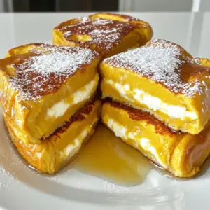 To make Pumpkin Cream Cheese Stuffed French Toast, gather these items: - 8 slices of thick-cut bread (like brioche or challah) - 1 cup pumpkin puree - 8 oz cream cheese, softened - 1/4 cup brown sugar - 1 tsp vanilla extract - 1 tsp pumpkin pie spice - 4 large eggs - 1 cup milk - 1 tsp cinnamon - 1/4 tsp nutmeg - 1 tbsp butter for frying - Maple syrup for serving - Powdered sugar for garnish You can customize your French toast with these tasty toppings: - Whipped cream - Chopped nuts (like pecans or walnuts) - Fresh fruit (like banana slices or berries) - A sprinkle of more pumpkin pie spice Choosing the right bread makes a big difference. The best types are: - Brioche: Soft and rich, it absorbs flavors well. - Challah: Slightly sweet and fluffy, perfect for French toast. - French bread: Offers a nice crust and can hold the filling. - Texas toast: Thick and sturdy, great for stuffing. Start by grabbing a large mixing bowl. Add one cup of pumpkin puree. Next, include eight ounces of softened cream cheese. It should be nice and soft for easy mixing. Then, mix in a quarter cup of brown sugar. This adds sweetness to our filling. Don’t forget a teaspoon of vanilla extract for flavor. Finally, add a teaspoon of pumpkin pie spice. This spice brings a warm, cozy flavor. Mix everything until smooth and creamy. Take four slices of thick-cut bread, like brioche or challah. Spread a generous layer of your pumpkin cream cheese mixture on each slice. Make sure to cover the bread well. Now, take the remaining four slices and place them on top. Press down gently to form sandwiches. This step is key to holding all that delicious filling inside. In a bowl, whisk together four large eggs, one cup of milk, one teaspoon of cinnamon, and a quarter teaspoon of nutmeg. This mix will coat our sandwiches. Heat a skillet or griddle over medium heat. Add a tablespoon of butter until it melts. Dip each sandwich into the egg mixture, coating both sides. Let the excess mixture drip off. Place the sandwiches on the skillet and cook for about three to four minutes per side. Look for a golden brown color. Adjust the heat if they start to burn. Once cooked, keep them warm while you finish the rest. Serve warm with maple syrup and a dusting of powdered sugar for a sweet touch. To make your Pumpkin Cream Cheese Stuffed French Toast shine, use fresh ingredients. Choose ripe pumpkin puree for a deep flavor. I love adding a pinch of salt to the cream cheese mixture. It helps balance the sweetness. Also, let the cream cheese soften enough. This makes it easier to blend with the pumpkin. One common mistake is using stale bread. Fresh, thick-cut bread works best. If your bread is too thin, it may fall apart. Another mistake is not cooking over medium heat. Too high heat can burn the outside while the inside stays raw. Also, don’t skip letting excess egg mixture drip off. This helps prevent soggy French toast. You can easily customize this recipe to fit your taste. Try adding chocolate chips to the cream cheese filling for a sweet twist. If you like nuts, mix in some chopped pecans or walnuts. For a spicier kick, add more pumpkin pie spice or a dash of cayenne. You can even swap out the maple syrup for honey or agave syrup. {{image_2}} Pumpkin Cream Cheese Stuffed French Toast shines in the fall. However, you can change it for other seasons. In winter, try adding peppermint extract to the cream cheese mix. For spring, use fresh strawberries instead of pumpkin. In summer, swap pumpkin for ripe bananas or berries. Each change gives a new twist to a classic dish. You can easily adapt this recipe to fit different diets. For gluten-free French toast, use gluten-free bread. Many brands offer tasty options that hold up well. For a dairy-free version, replace cream cheese with vegan cream cheese. You can also use almond milk instead of regular milk. These swaps keep the dish rich and creamy without dairy. While pumpkin pie spice is a star, other spices work well too. Try adding cardamom for a warm flavor. You can also use allspice for a hint of sweetness. If you like heat, a pinch of ginger can add a nice kick. Be bold and experiment with your favorite spices for a unique taste. After making your Pumpkin Cream Cheese Stuffed French Toast, let it cool. Place the leftover slices in an airtight container. Keep it in the fridge for up to three days. This keeps the flavors fresh and tasty. When you're ready to eat, you can enjoy it warm again. To freeze your stuffed French toast, first, let it cool completely. Then, wrap each slice tightly in plastic wrap. Place wrapped slices in a freezer-safe bag. They can last up to two months in the freezer. This is a great way to save leftovers for later. When you want to reheat, you have a few options. For the best results, use the oven. Preheat it to 350°F (175°C). Place the toast on a baking sheet for about 10-15 minutes. If using a microwave, heat each slice for about 30 seconds. Check if it's warm enough. Enjoy your tasty dish just like fresh! Yes, you can prepare the pumpkin cream cheese mix a day before. Store it in the fridge. You can also assemble the sandwiches ahead of time. Just keep them in the fridge until you are ready to cook. This can save you time in the morning. You can serve this dish with many tasty sides. Here are some ideas: - Fresh fruit like bananas, berries, or apples - Crispy bacon or sausage links - Yogurt for a creamy side - Whipped cream for added sweetness - A sprinkle of chopped nuts for crunch These items add flavor and color to your plate. Look for a golden-brown color on each side. You can gently press down on the toast. If it feels firm and springs back, it is ready. If you cut into it, the inside should feel warm and soft. Make sure the cream cheese is heated through, too. In this post, we covered the tasty recipe for Pumpkin Cream Cheese Stuffed French Toast. We discussed the ingredients, cooking methods, and fun variations. Remember to try different toppings and breads for a unique twist. Avoid common mistakes to get the best flavor. Store leftovers properly so they stay fresh. With these tips, you can impress friends and family with a delicious dish they'll love. Enjoy trying out this recipe!