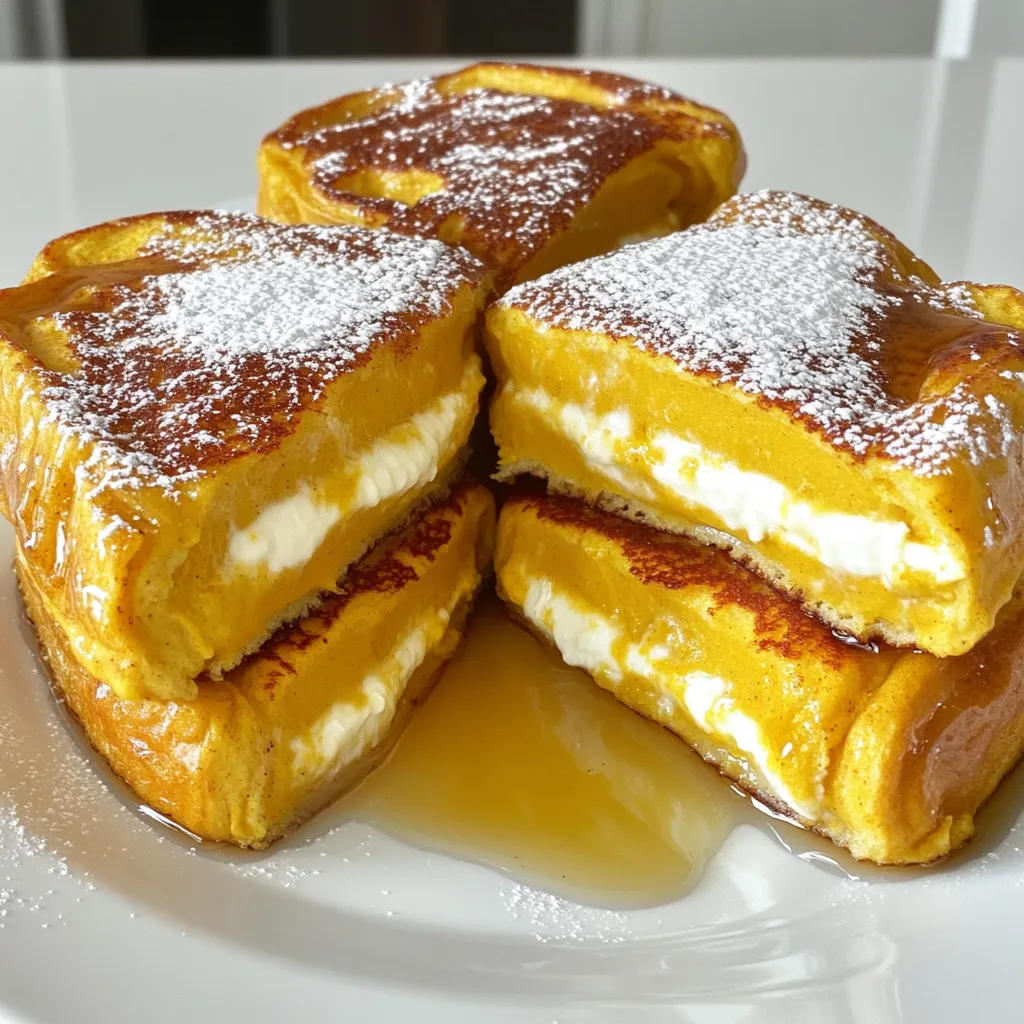 To make Pumpkin Cream Cheese Stuffed French Toast, gather these items: - 8 slices of thick-cut bread (like brioche or challah) - 1 cup pumpkin puree - 8 oz cream cheese, softened - 1/4 cup brown sugar - 1 tsp vanilla extract - 1 tsp pumpkin pie spice - 4 large eggs - 1 cup milk - 1 tsp cinnamon - 1/4 tsp nutmeg - 1 tbsp butter for frying - Maple syrup for serving - Powdered sugar for garnish You can customize your French toast with these tasty toppings: - Whipped cream - Chopped nuts (like pecans or walnuts) - Fresh fruit (like banana slices or berries) - A sprinkle of more pumpkin pie spice Choosing the right bread makes a big difference. The best types are: - Brioche: Soft and rich, it absorbs flavors well. - Challah: Slightly sweet and fluffy, perfect for French toast. - French bread: Offers a nice crust and can hold the filling. - Texas toast: Thick and sturdy, great for stuffing. Start by grabbing a large mixing bowl. Add one cup of pumpkin puree. Next, include eight ounces of softened cream cheese. It should be nice and soft for easy mixing. Then, mix in a quarter cup of brown sugar. This adds sweetness to our filling. Don’t forget a teaspoon of vanilla extract for flavor. Finally, add a teaspoon of pumpkin pie spice. This spice brings a warm, cozy flavor. Mix everything until smooth and creamy. Take four slices of thick-cut bread, like brioche or challah. Spread a generous layer of your pumpkin cream cheese mixture on each slice. Make sure to cover the bread well. Now, take the remaining four slices and place them on top. Press down gently to form sandwiches. This step is key to holding all that delicious filling inside. In a bowl, whisk together four large eggs, one cup of milk, one teaspoon of cinnamon, and a quarter teaspoon of nutmeg. This mix will coat our sandwiches. Heat a skillet or griddle over medium heat. Add a tablespoon of butter until it melts. Dip each sandwich into the egg mixture, coating both sides. Let the excess mixture drip off. Place the sandwiches on the skillet and cook for about three to four minutes per side. Look for a golden brown color. Adjust the heat if they start to burn. Once cooked, keep them warm while you finish the rest. Serve warm with maple syrup and a dusting of powdered sugar for a sweet touch. To make your Pumpkin Cream Cheese Stuffed French Toast shine, use fresh ingredients. Choose ripe pumpkin puree for a deep flavor. I love adding a pinch of salt to the cream cheese mixture. It helps balance the sweetness. Also, let the cream cheese soften enough. This makes it easier to blend with the pumpkin. One common mistake is using stale bread. Fresh, thick-cut bread works best. If your bread is too thin, it may fall apart. Another mistake is not cooking over medium heat. Too high heat can burn the outside while the inside stays raw. Also, don’t skip letting excess egg mixture drip off. This helps prevent soggy French toast. You can easily customize this recipe to fit your taste. Try adding chocolate chips to the cream cheese filling for a sweet twist. If you like nuts, mix in some chopped pecans or walnuts. For a spicier kick, add more pumpkin pie spice or a dash of cayenne. You can even swap out the maple syrup for honey or agave syrup. {{image_2}} Pumpkin Cream Cheese Stuffed French Toast shines in the fall. However, you can change it for other seasons. In winter, try adding peppermint extract to the cream cheese mix. For spring, use fresh strawberries instead of pumpkin. In summer, swap pumpkin for ripe bananas or berries. Each change gives a new twist to a classic dish. You can easily adapt this recipe to fit different diets. For gluten-free French toast, use gluten-free bread. Many brands offer tasty options that hold up well. For a dairy-free version, replace cream cheese with vegan cream cheese. You can also use almond milk instead of regular milk. These swaps keep the dish rich and creamy without dairy. While pumpkin pie spice is a star, other spices work well too. Try adding cardamom for a warm flavor. You can also use allspice for a hint of sweetness. If you like heat, a pinch of ginger can add a nice kick. Be bold and experiment with your favorite spices for a unique taste. After making your Pumpkin Cream Cheese Stuffed French Toast, let it cool. Place the leftover slices in an airtight container. Keep it in the fridge for up to three days. This keeps the flavors fresh and tasty. When you're ready to eat, you can enjoy it warm again. To freeze your stuffed French toast, first, let it cool completely. Then, wrap each slice tightly in plastic wrap. Place wrapped slices in a freezer-safe bag. They can last up to two months in the freezer. This is a great way to save leftovers for later. When you want to reheat, you have a few options. For the best results, use the oven. Preheat it to 350°F (175°C). Place the toast on a baking sheet for about 10-15 minutes. If using a microwave, heat each slice for about 30 seconds. Check if it's warm enough. Enjoy your tasty dish just like fresh! Yes, you can prepare the pumpkin cream cheese mix a day before. Store it in the fridge. You can also assemble the sandwiches ahead of time. Just keep them in the fridge until you are ready to cook. This can save you time in the morning. You can serve this dish with many tasty sides. Here are some ideas: - Fresh fruit like bananas, berries, or apples - Crispy bacon or sausage links - Yogurt for a creamy side - Whipped cream for added sweetness - A sprinkle of chopped nuts for crunch These items add flavor and color to your plate. Look for a golden-brown color on each side. You can gently press down on the toast. If it feels firm and springs back, it is ready. If you cut into it, the inside should feel warm and soft. Make sure the cream cheese is heated through, too. In this post, we covered the tasty recipe for Pumpkin Cream Cheese Stuffed French Toast. We discussed the ingredients, cooking methods, and fun variations. Remember to try different toppings and breads for a unique twist. Avoid common mistakes to get the best flavor. Store leftovers properly so they stay fresh. With these tips, you can impress friends and family with a delicious dish they'll love. Enjoy trying out this recipe!