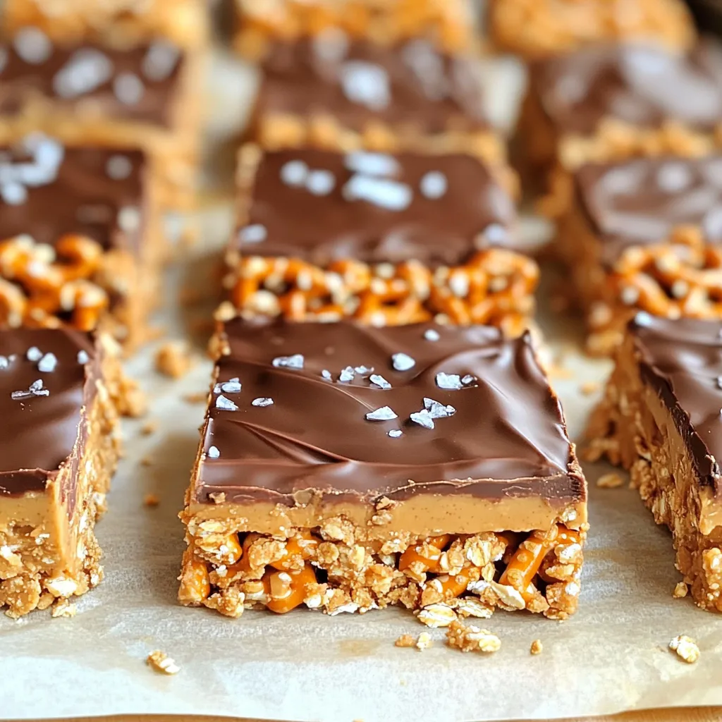 For these tasty bars, you will need: - 2 cups crushed pretzels - 1 cup creamy peanut butter - 1/2 cup honey or maple syrup - 1 cup rolled oats - 1 cup chocolate chips (milk or dark) - 1/2 teaspoon vanilla extract - Sea salt for sprinkling These ingredients create a great mix of sweet and salty. The pretzels give a nice crunch. The peanut butter adds creaminess, while the oats give a hearty bite. You can make these bars even better. Here are some fun add-ins: - Chopped nuts (like almonds or walnuts) - Mini marshmallows - Dried fruit (like cranberries or raisins) - Coconut flakes Adding these can change the flavor and texture. You can also top the bars with: - More melted chocolate - A drizzle of caramel - Extra sea salt for a salted look Feel free to get creative! If you need to swap some items, here are some ideas: - Use crunchy peanut butter for a different texture. - Maple syrup can replace honey for a vegan option. - If you don’t have pretzels, try graham crackers instead. - For a nut-free version, use sun butter or soy nut butter. These swaps keep the recipe simple while catering to your needs. Enjoy your cooking! Start by crushing 2 cups of pretzels. You can use a rolling pin or a food processor. The pieces should be small but not dust. Next, grab a large mixing bowl. Combine the crushed pretzels with 1 cup of rolled oats and a pinch of sea salt. Mix these dry ingredients well. This base gives a nice crunch to your bars. In a small saucepan, add 1 cup of creamy peanut butter and 1/2 cup of honey or maple syrup. Heat on low. Stir until the mix is smooth and blended. This step is key for a creamy texture. Once mixed, take it off the heat and add 1/2 teaspoon of vanilla extract. Stir that in too. This mixture adds sweetness and flavor. Pour the warm peanut butter mix over the pretzel and oat mix. Stir well until everything is coated. This ensures each bite is tasty. Now, line an 8x8-inch baking dish with parchment paper. This helps with easy removal later. Press the mixture firmly into the dish. Make sure it is even across the bottom. Take 1 cup of chocolate chips and place them in a microwave-safe bowl. Heat in 30-second bursts, stirring between each. This prevents burning and helps the chocolate melt evenly. Once melted and smooth, pour the chocolate over the pressed mixture. Spread it evenly for a nice top layer. Finish by sprinkling a little sea salt on top. This adds a great contrast to the sweet chocolate. Refrigerate for at least 2 hours until it sets. To get the best texture in your No Bake Peanut Butter Pretzel Bars, use finely crushed pretzels. I recommend using a food processor for even crushing. If you like, you can leave some bigger pieces for a nice crunch. Combine the pretzels with rolled oats for a chewy base. Press the mixture firmly into your dish. This helps the bars hold together better after chilling. When melting chocolate, slow and steady is key. Use a microwave-safe bowl and heat the chocolate chips in 30-second bursts. Stir the chocolate after each time. This keeps it from burning and helps it melt smoothly. You can also use a double boiler. Just make sure the bowl doesn’t touch the water. Once melted, pour it carefully over the bars for a nice, even layer. To save time, gather all your ingredients before starting. This makes the process smoother. You can crush pretzels and measure oats in advance. While the peanut butter mixture heats, prepare your baking dish. Lining it with parchment paper makes cleanup easy. After assembling, set a timer. This way, you can easily keep track of chilling time. These tips help you whip up these tasty bars in no time! {{image_2}} You can add nuts or seeds for a tasty twist. Try chopped walnuts, almonds, or sunflower seeds. They add crunch and healthy fats. Just mix about half a cup of your choice into the pretzel base. This extra step makes the bars even more filling and fun. For a vegan version, use maple syrup instead of honey. Swap the creamy peanut butter for almond or cashew butter if you have nut allergies. You can also choose sunflower butter for a nut-free option. Make sure to check labels for hidden allergens. These swaps keep the bars safe for all eaters. Want to boost the flavor? Add a dash of cinnamon or cocoa powder to the peanut butter mix. You can also throw in dried fruit like raisins or cranberries. For a fun touch, try mini marshmallows or coconut flakes. Mix and match these ideas to find your favorite flavor combo. To keep your no bake peanut butter pretzel bars fresh, store them in an airtight container. Line the container with parchment paper. This prevents sticking and keeps the bars nice. Place a piece of wax paper between layers if you stack them. Always store them in the refrigerator. This helps them stay firm and tasty. When stored properly, these bars last about one week in the fridge. If you notice any change in smell or texture, it's best to toss them out. Always check for signs of spoilage before enjoying your treat. This ensures you get the best flavor and safety. You can freeze these bars for longer storage. Cut them into squares first, then wrap each piece in plastic wrap. Place wrapped bars in a freezer-safe bag or container. They can last up to three months in the freezer. To thaw, simply remove them from the freezer and let them sit at room temperature for about 30 minutes. Enjoy them as a quick snack or dessert! Yes, you can use crunchy peanut butter. It adds a fun texture. The bars will still hold together well. The flavor remains rich and tasty. Just keep the same amount in the recipe. You can use agave syrup or brown rice syrup. Both work well in this recipe. They keep the bars sweet and sticky. You can also use white sugar mixed with a little water. This will help bind the mixture. The bars are set when they feel firm to the touch. They should not be sticky or soft. After chilling for two hours, check them. If they hold their shape when cut, they are ready. Yes, you can make these bars ahead. They store well in the fridge for up to a week. Cut them into squares and keep them in an airtight container. This makes for a quick snack later on. You learned how to make tasty no-bake peanut butter pretzel bars. We covered key ingredients, mix-ins, and easy steps for perfect bars. I shared tips for texture, melting chocolate, and quick prep. We also explored fun variations and storage tips. These bars are simple to make and fun to enjoy. With a bit of creativity, you can customize them to fit your taste. Enjoy your treats while impressing friends and family!