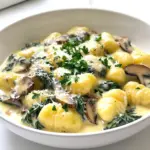 - 1 pound potato gnocchi - 2 tablespoons olive oil - 1 medium onion, finely chopped - 3 cloves garlic, minced - 8 ounces mushrooms, sliced (cremini or button) - 5 ounces fresh spinach - 1 cup heavy cream - 1/2 cup grated Parmesan cheese - 1 teaspoon Italian seasoning - Salt and pepper to taste - Fresh parsley, chopped (for garnish) Gather these ingredients before you start cooking. The potato gnocchi makes this dish soft and fluffy. Olive oil brings a rich taste to the mix. The onion and garlic add depth and great aroma. The sliced mushrooms give a nice texture and umami flavor. Fresh spinach adds a pop of color and nutrition. Heavy cream makes the sauce smooth and rich. Parmesan cheese adds a salty kick that enhances all the flavors. Using Italian seasoning ties everything together with a hint of herbs. Don’t forget salt and pepper to adjust the taste. Finally, fresh parsley will make your dish look beautiful. You can find these ingredients at your local grocery store. If you want to make it more special, choose organic or fresh produce. Enjoy the process of cooking and feel free to explore! 1. Fill a large pot with salted water and bring it to a boil. 2. Once boiling, add the potato gnocchi. Cook them until they float to the surface. This usually takes just a few minutes. 3. Carefully drain the gnocchi and set them aside. They are ready when they float up. 1. In a large skillet, heat the olive oil over medium heat. 2. Add the finely chopped onion. Sauté it until it turns translucent, about 4 to 5 minutes. 3. Next, add the minced garlic and sliced mushrooms to the skillet. Cook for 5 to 7 minutes. The mushrooms should be tender and release their moisture. 4. Toss in the fresh spinach. Cook until it wilts, which takes about 2 minutes. 1. Lower the heat and pour in the heavy cream. Stir well to combine. 2. Let the cream simmer for 3 to 4 minutes, allowing it to thicken slightly. 3. Add the grated Parmesan cheese and Italian seasoning. Stir until the cheese melts and the sauce is creamy. 4. Taste and season with salt and pepper as needed. 1. Gently fold the cooked gnocchi into the creamy sauce. Ensure they are well coated. 2. Remove from heat and let the dish sit for a minute. 3. Adjust the seasoning if necessary, and prepare to serve. Enjoy your delicious creamy spinach mushroom gnocchi! To prevent curdling of the cream, always heat it slowly. High heat can cause the cream to separate. Stir it gently as it warms. This helps keep the texture smooth. For the right consistency, let the sauce simmer. This allows it to thicken naturally. If you want it creamier, add a bit more cheese. The Parmesan not only adds flavor but also helps with texture. If you need an alternative for heavy cream, try using half-and-half or coconut milk. These options still give a rich flavor. You can also use Greek yogurt for a lighter choice. For gluten-free gnocchi, look for brands made from rice or corn. Many stores offer gluten-free options now, making it easy to find the right one. Serve the gnocchi in shallow bowls for a nice look. This helps show off the creamy sauce. Add a sprinkle of extra Parmesan on top for a pop of color. Garnish with freshly chopped parsley for brightness. A drizzle of olive oil adds a lovely finishing touch. This not only enhances flavor but also makes the dish look inviting. {{image_2}} To boost flavor, add more veggies to your creamy spinach mushroom gnocchi. Here are some great options: - Sun-Dried Tomatoes: They add a tangy kick. - Bell Peppers: Sweet and colorful, they bring crunch. - Zucchini: Soft and mild, it blends nicely. - Broccoli: Adds a healthy crunch and bright color. - Peas: Sweet and pop with every bite. You can mix and match these to suit your taste. Each vegetable will change the dish slightly but keep it delicious. Want to make your gnocchi heartier? Add some protein! Here are my favorites: - Grilled Chicken: Tender slices pair well with the creamy sauce. - Shrimp: Quick-cooking and flavorful, shrimp adds a seafood twist. - Italian Sausage: Spicy or sweet, it adds depth to your meal. These proteins work well with the dish and add a satisfying element. You can cook them separately or toss them right into the sauce. If you're looking for a vegan or dairy-free option, I've got you covered. Here are a few tips: - Use Vegan Gnocchi: Many brands offer vegan-friendly options. - Swap the Cream: Use coconut cream or cashew cream for a rich texture. - Nutritional Yeast: Replace Parmesan with nutritional yeast for a cheesy flavor without dairy. These swaps keep the dish tasty while meeting your dietary needs. Enjoy the creamy goodness without missing out! To keep your creamy gnocchi fresh, store it in an airtight container. Let it cool down first. Place it in the fridge. Use it within three days for the best taste. If you want to avoid sogginess, layer parchment paper between servings. This keeps the gnocchi and sauce separate. When you reheat creamy gnocchi, do it slowly. Use low heat on the stove. Add a splash of milk or cream to keep it creamy. Stir often to prevent sticking. You can also use the microwave. Heat it in short bursts, stirring in between. This way, you maintain the right texture. Can you freeze creamy gnocchi? Yes, but it’s best to freeze the sauce and gnocchi separately. Cook the gnocchi until just tender, then cool it. Place it in a freezer bag, removing as much air as possible. For the sauce, let it cool, then freeze in a sealed container. When you’re ready, thaw in the fridge overnight, then reheat. Yes, you can make this dish ahead. To prep in advance, cook the gnocchi and sauce separately. Store them in airtight containers in the fridge. - Cook the gnocchi: Boil and drain them as usual. - Prepare the sauce: Follow the steps up to mixing in the cheese. - Store: Keep gnocchi and sauce separate to avoid sogginess. When you're ready to serve, just reheat the sauce. Then, mix in the gnocchi before serving. Yes, this recipe is perfect for vegetarians. It uses only plant-based ingredients like spinach and mushrooms. The heavy cream and Parmesan cheese are dairy products but are vegetarian-friendly. You can easily scale this recipe. For larger servings, just increase the ingredient amounts. Here are some simple tips: - Double the recipe: Use 2 pounds of gnocchi, 4 tablespoons of olive oil, and double all other ingredients. - Mixing: Cook in batches if your pan is small. This ensures everything cooks evenly. - Adjust seasoning: Always taste as you go. You may need a bit more salt and pepper for larger amounts. In this blog post, we covered how to make a creamy gnocchi dish. I shared main ingredients like potato gnocchi, mushrooms, and heavy cream. We went through step-by-step instructions from cooking the gnocchi to making the sauce. I also shared tips for perfect consistency and ways to customize the dish. You can store leftovers easily and even freeze them. Enjoy this recipe as a cozy meal for yourself or a gathering. With a few tweaks and variations, you can make it your own. Happy cooking!