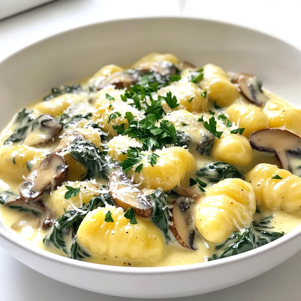 - 1 pound potato gnocchi - 2 tablespoons olive oil - 1 medium onion, finely chopped - 3 cloves garlic, minced - 8 ounces mushrooms, sliced (cremini or button) - 5 ounces fresh spinach - 1 cup heavy cream - 1/2 cup grated Parmesan cheese - 1 teaspoon Italian seasoning - Salt and pepper to taste - Fresh parsley, chopped (for garnish) Gather these ingredients before you start cooking. The potato gnocchi makes this dish soft and fluffy. Olive oil brings a rich taste to the mix. The onion and garlic add depth and great aroma. The sliced mushrooms give a nice texture and umami flavor. Fresh spinach adds a pop of color and nutrition. Heavy cream makes the sauce smooth and rich. Parmesan cheese adds a salty kick that enhances all the flavors. Using Italian seasoning ties everything together with a hint of herbs. Don’t forget salt and pepper to adjust the taste. Finally, fresh parsley will make your dish look beautiful. You can find these ingredients at your local grocery store. If you want to make it more special, choose organic or fresh produce. Enjoy the process of cooking and feel free to explore! 1. Fill a large pot with salted water and bring it to a boil. 2. Once boiling, add the potato gnocchi. Cook them until they float to the surface. This usually takes just a few minutes. 3. Carefully drain the gnocchi and set them aside. They are ready when they float up. 1. In a large skillet, heat the olive oil over medium heat. 2. Add the finely chopped onion. Sauté it until it turns translucent, about 4 to 5 minutes. 3. Next, add the minced garlic and sliced mushrooms to the skillet. Cook for 5 to 7 minutes. The mushrooms should be tender and release their moisture. 4. Toss in the fresh spinach. Cook until it wilts, which takes about 2 minutes. 1. Lower the heat and pour in the heavy cream. Stir well to combine. 2. Let the cream simmer for 3 to 4 minutes, allowing it to thicken slightly. 3. Add the grated Parmesan cheese and Italian seasoning. Stir until the cheese melts and the sauce is creamy. 4. Taste and season with salt and pepper as needed. 1. Gently fold the cooked gnocchi into the creamy sauce. Ensure they are well coated. 2. Remove from heat and let the dish sit for a minute. 3. Adjust the seasoning if necessary, and prepare to serve. Enjoy your delicious creamy spinach mushroom gnocchi! To prevent curdling of the cream, always heat it slowly. High heat can cause the cream to separate. Stir it gently as it warms. This helps keep the texture smooth. For the right consistency, let the sauce simmer. This allows it to thicken naturally. If you want it creamier, add a bit more cheese. The Parmesan not only adds flavor but also helps with texture. If you need an alternative for heavy cream, try using half-and-half or coconut milk. These options still give a rich flavor. You can also use Greek yogurt for a lighter choice. For gluten-free gnocchi, look for brands made from rice or corn. Many stores offer gluten-free options now, making it easy to find the right one. Serve the gnocchi in shallow bowls for a nice look. This helps show off the creamy sauce. Add a sprinkle of extra Parmesan on top for a pop of color. Garnish with freshly chopped parsley for brightness. A drizzle of olive oil adds a lovely finishing touch. This not only enhances flavor but also makes the dish look inviting. {{image_2}} To boost flavor, add more veggies to your creamy spinach mushroom gnocchi. Here are some great options: - Sun-Dried Tomatoes: They add a tangy kick. - Bell Peppers: Sweet and colorful, they bring crunch. - Zucchini: Soft and mild, it blends nicely. - Broccoli: Adds a healthy crunch and bright color. - Peas: Sweet and pop with every bite. You can mix and match these to suit your taste. Each vegetable will change the dish slightly but keep it delicious. Want to make your gnocchi heartier? Add some protein! Here are my favorites: - Grilled Chicken: Tender slices pair well with the creamy sauce. - Shrimp: Quick-cooking and flavorful, shrimp adds a seafood twist. - Italian Sausage: Spicy or sweet, it adds depth to your meal. These proteins work well with the dish and add a satisfying element. You can cook them separately or toss them right into the sauce. If you're looking for a vegan or dairy-free option, I've got you covered. Here are a few tips: - Use Vegan Gnocchi: Many brands offer vegan-friendly options. - Swap the Cream: Use coconut cream or cashew cream for a rich texture. - Nutritional Yeast: Replace Parmesan with nutritional yeast for a cheesy flavor without dairy. These swaps keep the dish tasty while meeting your dietary needs. Enjoy the creamy goodness without missing out! To keep your creamy gnocchi fresh, store it in an airtight container. Let it cool down first. Place it in the fridge. Use it within three days for the best taste. If you want to avoid sogginess, layer parchment paper between servings. This keeps the gnocchi and sauce separate. When you reheat creamy gnocchi, do it slowly. Use low heat on the stove. Add a splash of milk or cream to keep it creamy. Stir often to prevent sticking. You can also use the microwave. Heat it in short bursts, stirring in between. This way, you maintain the right texture. Can you freeze creamy gnocchi? Yes, but it’s best to freeze the sauce and gnocchi separately. Cook the gnocchi until just tender, then cool it. Place it in a freezer bag, removing as much air as possible. For the sauce, let it cool, then freeze in a sealed container. When you’re ready, thaw in the fridge overnight, then reheat. Yes, you can make this dish ahead. To prep in advance, cook the gnocchi and sauce separately. Store them in airtight containers in the fridge. - Cook the gnocchi: Boil and drain them as usual. - Prepare the sauce: Follow the steps up to mixing in the cheese. - Store: Keep gnocchi and sauce separate to avoid sogginess. When you're ready to serve, just reheat the sauce. Then, mix in the gnocchi before serving. Yes, this recipe is perfect for vegetarians. It uses only plant-based ingredients like spinach and mushrooms. The heavy cream and Parmesan cheese are dairy products but are vegetarian-friendly. You can easily scale this recipe. For larger servings, just increase the ingredient amounts. Here are some simple tips: - Double the recipe: Use 2 pounds of gnocchi, 4 tablespoons of olive oil, and double all other ingredients. - Mixing: Cook in batches if your pan is small. This ensures everything cooks evenly. - Adjust seasoning: Always taste as you go. You may need a bit more salt and pepper for larger amounts. In this blog post, we covered how to make a creamy gnocchi dish. I shared main ingredients like potato gnocchi, mushrooms, and heavy cream. We went through step-by-step instructions from cooking the gnocchi to making the sauce. I also shared tips for perfect consistency and ways to customize the dish. You can store leftovers easily and even freeze them. Enjoy this recipe as a cozy meal for yourself or a gathering. With a few tweaks and variations, you can make it your own. Happy cooking!