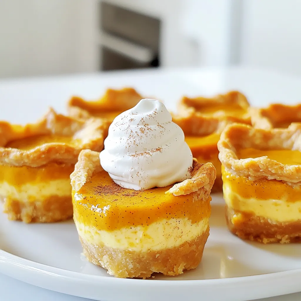 - 1 cup pumpkin puree - 8 oz cream cheese, softened - 1/2 cup granulated sugar - 1/4 cup brown sugar - 1 teaspoon vanilla extract - 1 teaspoon ground cinnamon - 1/2 teaspoon ground nutmeg - 1/4 teaspoon ground ginger - 1/4 teaspoon salt - 1 package refrigerated pie crust (or homemade) - 1 egg, beaten (for egg wash) - Whipped cream and ground cinnamon for garnish You can swap pumpkin puree with sweet potato puree for a different flavor. Cream cheese can be replaced with mascarpone cheese for a richer taste. If you want a lower sugar option, use a sugar substitute like stevia. For a dairy-free version, choose a plant-based cream cheese. To make these bites, you need: - A large mixing bowl for mixing ingredients - A rolling pin to flatten the pie crust - A cookie cutter or glass for cutting circles - An air fryer for cooking - A fork for sealing the bites - A brush for applying the egg wash To start, I mix the creamy filling. In a large bowl, combine 8 oz of softened cream cheese, 1 cup of pumpkin puree, 1/2 cup of granulated sugar, and 1/4 cup of brown sugar. I add 1 teaspoon of vanilla extract for flavor. Then, I blend this mixture until it’s smooth and creamy. Next, I add spices. I sprinkle in 1 teaspoon of ground cinnamon, 1/2 teaspoon of ground nutmeg, 1/4 teaspoon of ground ginger, and 1/4 teaspoon of salt. I mix until everything is well combined. This filling is rich and full of fall flavors. Now, it's time to shape the bites. I roll out my pie crust on a floured surface. I make sure it’s nice and smooth. Using a cookie cutter or a glass, I cut out circles, about 3-4 inches wide. For each circle, I scoop 1 tablespoon of the pumpkin cheesecake filling and place it in the center. Next, I fold the crust over the filling. To seal the bites, I crimp the edges with a fork. This creates a nice pocket for the filling. I brush each bite with a beaten egg. This step helps them turn golden brown when cooked. I preheat my air fryer to 330°F (165°C). Once it’s hot, I carefully place the bites in the basket. I ensure they don’t touch. This helps them cook evenly. I air fry for 10-12 minutes, or until they are golden brown. Halfway through the cooking time, I check the bites. If they need it, I gently shake the basket to help them cook evenly. This little tip keeps them from sticking together. Once they’re done, I take them out and let them cool a bit. They smell amazing! I serve them warm with a dollop of whipped cream and a sprinkle of ground cinnamon. Enjoy this delightful treat! For a perfect golden finish, brush each bite with beaten egg. This step helps the crust turn a lovely shade of brown. The air fryer cooks quickly, so keep an eye on them. If they're not golden after 10 minutes, air fry for another 2 minutes. This small change can make a big difference. One common mistake is overfilling the bites. If you add too much filling, they may burst. Aim for one tablespoon of filling per bite. Another mistake is not sealing the edges well. Use a fork to crimp them tight. This keeps the filling inside and the crust crisp. To boost the flavor, try adding a pinch of ground cloves. It pairs well with pumpkin and spices. You can also mix in some chocolate chips for a sweet twist. Top the bites with a dusting of cinnamon after cooking. These small changes can take your bites to the next level. {{image_2}} You can easily change these bites for the seasons. Adding cranberries gives a nice twist. The tartness of cranberries contrasts well with the sweet pumpkin filling. You can mix in about half a cup of fresh or dried cranberries into the filling. This adds color and a fresh taste. It’s a fun way to make your bites festive and bright. You don’t have to stick with pie crust. Try using phyllo dough for a lighter option. Phyllo gives a crispy texture that many enjoy. You can also use graham cracker crumbs mixed with melted butter for a sweet crust. Just press the mixture into the bottom of your air fryer basket before adding the filling. Each crust option brings its own charm, so feel free to experiment! The filling is not just for pumpkin. You can mix in different flavors too. Try adding a pinch of cocoa powder for a chocolatey twist. Or, mix in some maple syrup for a deeper sweetness. You can even add a splash of orange zest for a citrus kick. These little changes can make your bites unique and fun to share. To keep your pumpkin pie cheesecake bites fresh, store them in an airtight container. Make sure they are completely cool before sealing. This helps prevent moisture. You can keep them in the fridge for up to three days. If you want to enjoy them later, freezing is a great option. To reheat your bites, use the air fryer again. Preheat the air fryer to 300°F (150°C). Place the bites in a single layer and heat for about 5 minutes. This will make them warm and crispy again. You can also use a microwave, but the crust may not stay crispy. Heat in 10-second intervals until warm. Freezing is simple! First, let the bites cool completely. Then, place them on a baking sheet lined with parchment paper. Freeze them for about 1 hour. After that, transfer them to a freezer-safe bag. They can stay in the freezer for up to three months. When you want to eat them, just reheat as mentioned above. Enjoy your tasty treats anytime! Yes, you can use homemade pie crust. Just make sure it is thin and easy to fold. Roll it out to about 1/8 inch thick. Cut it into circles like you would with the store-bought crust. Homemade crust can taste fresher and give a nice touch. To make these bites gluten-free, use a gluten-free pie crust. Many stores offer pre-made options. You can also make your own with gluten-free flour. Just mix gluten-free flour, butter, and a bit of water. This way, everyone can enjoy them! Serve these bites warm for the best flavor. Top them with a dollop of whipped cream. A sprinkle of ground cinnamon adds a nice touch. You can pair them with coffee or apple cider. For an extra treat, serve with a scoop of vanilla ice cream. These bites are perfect for fall gatherings or cozy nights. You learned about making pumpkin pie cheesecake bites, from ingredients to storage. Remember to check your tools and follow cooking steps closely. Avoid common mistakes for the best bites. Feel free to try new flavors or crusts to make this treat your own. Store leftovers properly for fresh taste. Enjoy these bites with your favorite drinks or snacks. Experiment and have fun in the kitchen!