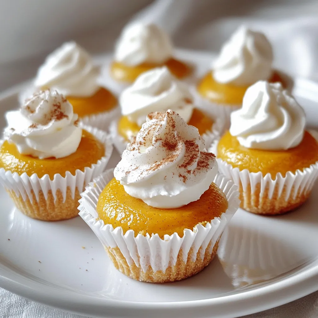 - 1 cup graham cracker crumbs - 8 oz cream cheese, softened - 1/2 cup pumpkin puree The main ingredients create a rich and creamy base. Graham cracker crumbs give a sweet, crunchy crust. Cream cheese adds smoothness and a rich taste. Pumpkin puree brings warmth and a lovely fall flavor. - 1/4 cup granulated sugar - 1/2 cup powdered sugar - 1/2 teaspoon ground cinnamon - 1/2 teaspoon ground nutmeg - 1/2 teaspoon ground ginger Sweeteners balance the flavors. Granulated sugar enhances the crust. Powdered sugar sweetens the filling. Cinnamon, nutmeg, and ginger add warmth and spice. Together, they create a cozy flavor perfect for fall. - 1/4 cup unsalted butter, melted - 1 egg - Whipped cream (for topping) Unsalted butter binds the crust and adds richness. One egg helps the filling set. Whipped cream on top adds a light and airy finish. A sprinkle of cinnamon garnishes each cupcake beautifully. - Preheat the oven to 325°F (160°C). - Line a mini muffin tin with cupcake liners. Start by heating your oven. This step is key for a good bake. While the oven warms, prepare your mini muffin tin. Use cupcake liners to make removing the cupcakes easy. - Combine graham cracker crumbs, sugar, and cinnamon. - Melt butter and mix into the crust mixture. - Press the crust into muffin liners. In a bowl, mix graham cracker crumbs, sugar, and cinnamon. This blend gives a sweet and spicy taste. Next, melt the butter. Once melted, pour it into the crumb mixture. Stir until it looks moist. Now, press this mix into the bottom of the muffin liners. Use a shot glass or your fingers to pack it tightly. Bake the crust for 5-7 minutes until it’s lightly golden. - Beat cream cheese until smooth. - Add pumpkin puree and other filling ingredients. - Beat until silky and lump-free. In a separate bowl, beat the cream cheese until it is smooth and creamy. This makes the filling rich. Then, add pumpkin puree, powdered sugar, egg, vanilla extract, nutmeg, ginger, and a pinch of salt. Beat this mixture until it is silky and free of lumps. Make sure everything blends well for perfect flavor. - Fill muffin liners with cheesecake mixture. - Bake for 15-18 minutes. - Cool and refrigerate before serving. Now, spoon the cheesecake filling into the muffin liners. Fill them about three-quarters full. Bake these mini cupcakes for 15-18 minutes. They are done when the filling is set, and a toothpick comes out clean. Let them cool in the tin for about 10 minutes. After that, move them to a wire rack. Cool them completely, then refrigerate for at least 1 hour. This helps the filling firm up nicely before you serve them. To make your pumpkin cheesecake mini cupcakes flawless, focus on two key areas: avoiding cracks and ensuring proper cooling. - Avoiding Cracks: Bake your cupcakes at a low temperature. A sudden, high heat can cause cracks. Keep an eye on the oven. Open the door only at the end of the baking time. This helps maintain a steady temperature. - Cooling Time: Once out of the oven, let the cupcakes cool in the tin for about 10 minutes. Then transfer them to a wire rack. Cooling helps the texture stay smooth and creamy. Refrigerating them for at least an hour sets the filling just right. Serving these mini cupcakes with flair makes them even more delightful. - Topping with Whipped Cream: Use a piping bag for a fun and neat look. A dollop of whipped cream adds charm. - Garnishing Ideas: Sprinkle a touch of ground cinnamon on top for extra flavor. You can also add a slice of caramel or a tiny pumpkin candy for a festive touch. A little creativity in presentation makes a big impact! {{image_2}} You can get creative with flavors for your pumpkin cheesecake mini cupcakes. One fun twist is making chocolate pumpkin cheesecake. To do this, mix in a half cup of melted dark chocolate with the pumpkin filling. This adds a rich, decadent taste that pairs perfectly with the spices. Another option is to swap out spices for new flavor profiles. For a warm, cozy taste, try adding cardamom or allspice instead of nutmeg. You could also use pumpkin pie spice for a full blend of flavors. This small change can make your cupcakes unique and exciting. If you need a gluten-free option, use gluten-free graham cracker crumbs. Just ensure that all your ingredients are gluten-free. This way, everyone can enjoy these treats without worry. For a vegan alternative, replace the cream cheese with a vegan cream cheese or silken tofu blended until smooth. Use flaxseed meal mixed with water instead of the egg. This will keep the texture creamy while making it friendly for a plant-based diet. Remember, these changes keep the essence of pumpkin cheesecake intact while meeting dietary needs. Pumpkin cheesecake mini cupcakes stay fresh in the fridge for up to five days. To keep them tasty, place them in an airtight container. This helps keep moisture in and odors out. You can stack them, but try to put a layer of parchment paper between each layer. This way, they do not stick together. To freeze mini cupcakes, first, let them cool completely. Then, place them on a baking sheet. Freeze them for about two hours or until firm. Once frozen, transfer them to a freezer-safe bag. Remove as much air as you can before sealing. This keeps them fresh for up to three months. When you want to serve them, take the cupcakes out of the freezer. Let them thaw in the fridge overnight. If you're in a hurry, you can thaw them at room temperature for about two hours. Serve them chilled, and don't forget to top with whipped cream and a sprinkle of cinnamon! Yes, you can use store-bought pumpkin puree. It saves time and still tastes great. However, homemade puree has a fresher flavor. When you make it at home, you control the texture and taste. Store-bought options may contain additives. Always check the label for any extra ingredients. If you want a dairy-free or vegan option, try using silken tofu. Blend it until smooth for a creamy texture. Another choice is dairy-free cream cheese. Brands like Kite Hill or Tofutti work well. These substitutes keep the cupcakes rich without dairy. Look for a few signs. The tops should look set and not shiny. A toothpick inserted in the center should come out clean. If you see wet batter, bake a bit longer. Let them cool in the tin for ten minutes before moving them. These mini pumpkin cheesecake cupcakes are easy to make and fun to eat. You learned how to prepare the crust, filling, and bake them perfectly. Use tips for the best texture and ways to present them. Get creative with flavor and dietary options to suit your needs. Remember to store extras well for future treats. Enjoy your baking adventure and share these tasty cupcakes with loved ones!