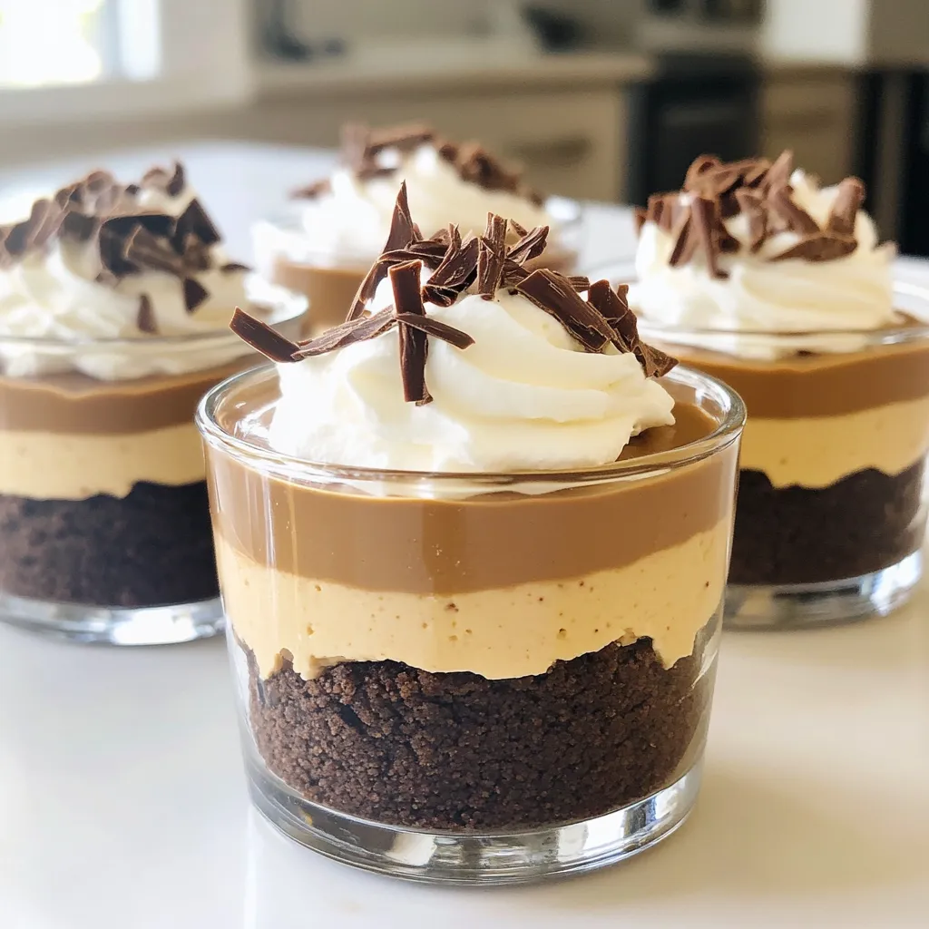 - 1 cup chocolate cookie crumbs - 1/4 cup melted butter - 8 oz cream cheese, softened - 1/2 cup peanut butter - 1/2 cup powdered sugar - 1 teaspoon vanilla extract - 1 cup heavy whipping cream To create your chocolate peanut butter cheesecake cups, you need some key ingredients. The chocolate cookie crumbs form a sweet base. You will mix these with melted butter to create a crust. Then, you will need cream cheese, which gives this treat its rich, smooth texture. Peanut butter adds a nutty flavor, while powdered sugar sweetens the mix. The vanilla extract enhances the taste, and heavy cream helps make it light and fluffy. - Chocolate shavings - Cocoa powder Garnishes can add that extra touch. Chocolate shavings bring a nice look and taste. You can also use cocoa powder for a rich finish. These are not required but can make your cups even more special. - Mixing bowls - Electric mixer - Serving cups or mini dessert glasses To make this recipe, you will need some basic tools. Mixing bowls are essential for combining your ingredients. An electric mixer helps you blend everything smoothly. Finally, serving cups or mini dessert glasses hold your cheesecake cups, making them easy to serve and enjoy. 1. In a medium bowl, combine 1 cup of chocolate cookie crumbs with 1/4 cup of melted butter. 2. Mix well until the crumbs are nicely coated. 3. Take individual serving cups or mini dessert glasses. 4. Use a tablespoon to press the cookie mixture into the bottom of each cup. 1. In a large mixing bowl, beat 8 oz of softened cream cheese with an electric mixer. 2. Mix until the cream cheese is smooth and creamy. 3. Add 1/2 cup of peanut butter, 1/2 cup of powdered sugar, and 1 teaspoon of vanilla extract. 4. Blend until fully combined and smooth. 1. In a separate bowl, whip 1 cup of heavy cream until stiff peaks form. 2. Gently fold the whipped cream into the peanut butter mixture. 3. Spoon the cheesecake filling over the crust in each cup. 4. Smooth the top with the back of a spoon. 5. Refrigerate the cups for at least 4 hours or until set. Before serving, you can add chocolate shavings or cocoa powder on top for a nice touch. Enjoy this easy and decadent treat! To make your cheesecake cups smooth and creamy, start by whipping the heavy cream to stiff peaks. This helps give your filling a light texture. It’s key to incorporate air into the cream. Next, always use cream cheese that is at room temperature. Cold cream cheese can make lumps in your mix. Softened cream cheese blends easily, ensuring a silky finish. Want to tweak the taste? Add a pinch of salt to your peanut butter mixture. This small touch can enhance the sweetness and balance the flavors. You can also swap peanut butter for other nut butters, like almond or cashew. Each nut butter brings its own flavor, making your cups unique every time. For a beautiful presentation, serve your cheesecake cups on a decorative platter. You can drizzle extra peanut butter and chocolate sauce on top. This adds a fancy touch that impresses guests. For a fresh twist, pair your cups with sliced strawberries or raspberries. The fruit adds color and a bright flavor that complements the rich cheesecake. {{image_2}} You can easily change this recipe with swaps and substitutions. If you need a gluten-free option, use gluten-free cookies for the crust. They work just as well and keep the taste rich. You can also try flavored cream cheese, like vanilla, for a fun twist. This small change can add a new depth to the cheesecake flavor. When it comes to serving, the size can vary. You can create mini cups for a cute presentation or go for larger dessert servings. Mini cups are great for parties or events. Adjust the serving sizes based on your gathering. Everyone loves a little treat, so having different sizes means everyone gets to enjoy! For those with dietary needs, there are options too. You can make vegan cheesecake cups by using plant-based cream cheese and whipped cream. This way, everyone can enjoy the dessert. If you follow a low-carb or keto diet, consider using sugar-free powdered sugar. This lets you satisfy your sweet tooth without the carbs. These adaptations make the dessert inclusive for all. To keep your chocolate peanut butter cheesecake cups fresh, store them in an airtight container. This helps prevent them from drying out or absorbing other smells in your fridge. Always keep these treats chilled until serving. The cold helps maintain their creamy texture and delicious flavor. If you want to save some for later, you can freeze the cheesecake cups. First, place them in a freezer-safe container. Make sure to cover them well to avoid freezer burn. When you are ready to enjoy them, take them out of the freezer. Let them thaw in the fridge overnight for the best taste and texture. These cheesecake cups can last about 5 days in the fridge. After that, they may not taste as fresh. Look for signs of spoilage, like an off smell or changes in texture. If you see any mold, it’s best to toss them out. Keeping an eye on these signs will help you enjoy your treats at their best! Yes, you can make these cheesecake cups ahead of time. I recommend chilling them for at least 4 hours. This allows the flavors to blend and the filling to set properly. You can also make them the night before! Just cover them well and keep them in the fridge. If you need an alternative, try using Greek yogurt or mascarpone cheese. Both options give a nice creamy texture. For a dairy-free choice, use vegan cream cheese. Each option will change the taste slightly, but they all work well in this recipe. To avoid a crumbly crust, mix the chocolate cookie crumbs well with melted butter. Make sure every crumb is coated. When pressing the mixture into the cups, press firmly and evenly. This helps create a strong base that holds together nicely. This blog post guides you in making delicious cheesecake cups. You need simple ingredients like chocolate cookie crumbs, cream cheese, and peanut butter. We explored tips for texture and flavor. You can customize these desserts with optional garnishes and variations to suit your needs. Remember to store them well to keep them fresh. With this recipe, you can create a tasty treat for any occasion. Enjoy every sweet bite!