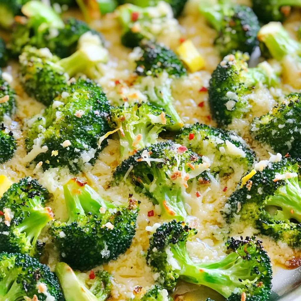 You need one pound of fresh broccoli florets. Look for bright green pieces. They should feel firm and crisp. Avoid any yellowing or wilting. Fresh broccoli makes a big difference in taste and texture. For the flavor base, gather these key items: - 3 tablespoons olive oil - 4 cloves garlic, minced - 1/2 cup grated Parmesan cheese - Salt and pepper, to taste The olive oil helps the broccoli roast well. It also adds a nice richness. Minced garlic brings that strong, savory note. Parmesan cheese adds a salty creaminess that pairs perfectly with the broccoli. If you want to spice things up, consider these extras: - 1/4 teaspoon red pepper flakes (optional) - Zest of 1 lemon - 1 tablespoon lemon juice Red pepper flakes add a hint of heat. The lemon zest and juice brighten the dish. They give a fresh kick that balances the richness. You can mix and match these options based on your taste. First, set your oven to 425°F (220°C). This high heat helps the broccoli get crispy edges. In a big bowl, add 1 pound of fresh broccoli florets. Pour in 3 tablespoons of olive oil and mix well. This oil helps the broccoli roast nicely. Next, add 4 minced garlic cloves and 1/2 cup of grated Parmesan cheese. If you want a little kick, toss in 1/4 teaspoon of red pepper flakes. Season with salt and pepper to taste. Mix everything until the broccoli is covered in the yummy garlic and cheese. Spread the broccoli mixture on a baking sheet lined with parchment paper. Make sure to lay it out in a single layer for even cooking. Roast in the oven for 20-25 minutes. Stir the broccoli halfway through to help it cook evenly. It’s done when it is tender and the edges turn brown. When it's out of the oven, sprinkle with lemon zest and drizzle with 1 tablespoon of lemon juice. This adds a lovely fresh flavor. Enjoy your garlic Parmesan roasted broccoli hot! To get the best roasted broccoli, start with fresh florets. They should be bright green and firm. Cut them into similar sizes for even cooking. Use a good amount of olive oil to coat them. This helps the broccoli crisp up nicely. Spread the florets in a single layer on the baking sheet. This keeps them from steaming and helps them roast well. Stir halfway through cooking to ensure even browning. For a strong garlic taste, use fresh minced garlic. You can also roast the garlic with the broccoli to mellow its flavor. If you want a stronger kick, add more garlic cloves. Mixing the garlic with olive oil before adding it to the broccoli can help spread the flavor. You can also sprinkle some garlic powder for an extra punch. Serve the broccoli hot for the best taste. It pairs well with grilled chicken or fish. You can add lemon zest on top for a fresh look and taste. A sprinkle of extra Parmesan cheese can make it even more delicious. For a colorful dish, add cherry tomatoes or bell peppers. Serve it in a nice bowl to show off the vibrant green color. {{image_2}} You can mix in other veggies with the broccoli. Carrots, bell peppers, or cauliflower work well. Just chop them to fit the size of the broccoli. Toss them with olive oil and seasonings like you do with the broccoli. Keep in mind that cooking times might change. Check for tenderness often while roasting. If you want a twist, try different cheeses. Cheddar adds a sharp taste. Feta gives a salty kick. You can even mix cheeses for a unique flavor. Just remember to keep the amount of cheese similar to the Parmesan. This way, the texture stays nice and creamy. Want more heat? Try using cayenne pepper or chili powder instead of red pepper flakes. For a milder option, use black pepper or smoked paprika. Each spice adds its own flair, so feel free to experiment. Start with a small amount and then add more if you like it spicy. Store any leftover garlic Parmesan roasted broccoli in an airtight container. Make sure it cools down first. It can last for about three to four days in the fridge. This way, you can enjoy it later without losing flavor. When you are ready to eat your leftovers, reheat them in the oven. Preheat your oven to 350°F (175°C). Place the broccoli on a baking sheet and cover it with foil. This helps keep the broccoli moist. Heat for about 10 minutes or until warm. You can also use the microwave, but the oven gives better results. If you want to save garlic Parmesan roasted broccoli for later, freezing is a great option. Let it cool completely, then place it in a freezer-safe bag. Remove as much air as possible before sealing. It can stay frozen for up to three months. When you are ready to cook it, thaw it in the fridge overnight. Reheat it in the oven for the best taste and texture. Yes, you can use frozen broccoli. It is convenient and saves time. However, it may be softer when cooked. To use it, thaw the broccoli first. Drain any excess water before mixing it with the other ingredients. This helps keep the flavors strong. To make this dish dairy-free, swap the Parmesan cheese for a plant-based cheese. Nutritional yeast is another great option. It adds a cheesy flavor without dairy. You can also use vegan butter instead of olive oil for a richer taste. Garlic Parmesan roasted broccoli is packed with nutrients. Broccoli is high in vitamins C and K. It also has fiber, which aids digestion. Garlic can boost your immune system. Parmesan adds protein and calcium. This dish is a tasty way to enjoy healthy veggies. Roasting broccoli is simple and fun. We covered fresh broccoli, seasonings, and how to get the best flavor. You learned effective steps for preheating to serving ideas. Tips for enhancing taste can make your dish shine. You can even change things up with other veggies or spices. And remember, knowing how to store your leftovers will help reduce waste. Roasting broccoli not only tastes great but is also good for you. Enjoy this tasty dish any time!