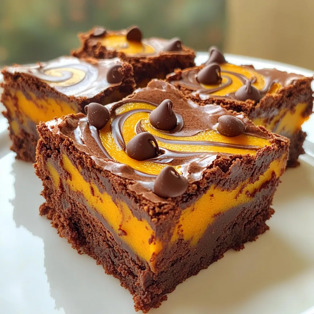 - 1/2 cup (1 stick) unsalted butter, melted - 1 cup granulated sugar - 2 large eggs - 1 teaspoon vanilla extract - 1/3 cup unsweetened cocoa powder - 1/2 cup all-purpose flour - 1/4 teaspoon baking powder - 1/4 teaspoon salt - 1/2 cup semi-sweet chocolate chips - 1 cup canned pumpkin puree - 1 teaspoon pumpkin pie spice - 1/4 teaspoon cinnamon You can swap some of these ingredients for a twist. Use coconut oil instead of butter for a dairy-free option. If you want a richer flavor, try dark chocolate chips in place of semi-sweet. You can also add chopped nuts for extra crunch. These brownies are a fun mix of chocolate and pumpkin. The flavors work so well together. The pumpkin adds moisture and a nice spice. You can really taste the pumpkin pie spice and cinnamon. This makes each bite warm and cozy. Make sure you have everything ready before you start. It helps to measure out ingredients first. This way, you will have a smooth cooking experience. Enjoy making these delightful brownies! 1. Preheat the oven to 350°F (175°C). This step warms up the oven for even baking. 2. Prepare your baking pan. Grease an 8x8 inch pan and line it with parchment paper. Leave some paper hanging over the edges. This helps you lift the brownies out easily later. 3. Mix the brownie batter. In a medium bowl, whisk together 1/2 cup melted butter and 1 cup sugar until smooth. Add 2 large eggs, one at a time, whisking after each. Stir in 1 teaspoon vanilla extract. 4. Combine dry ingredients. In another bowl, sift together 1/3 cup cocoa powder, 1/2 cup flour, 1/4 teaspoon baking powder, and 1/4 teaspoon salt. Gradually mix these dry ingredients into the wet mixture until just combined. 5. Add chocolate chips. Fold in 1/2 cup semi-sweet chocolate chips into the brownie batter. Set this aside. 6. Prepare the pumpkin batter. In a separate bowl, mix 1 cup canned pumpkin puree with 1 teaspoon pumpkin pie spice and 1/4 teaspoon cinnamon until smooth. 1. Layer the mixtures. In the prepared baking pan, pour half of the chocolate brownie batter. Spread it evenly across the bottom. 2. Add pumpkin mixture. Spoon dollops of the pumpkin batter on top of the brownie layer. Then, add the rest of the brownie batter on top. 3. Create the swirl effect. Use a knife or skewer to gently swirl the top layers together. Make sure to mix just a bit, so you see both colors. 1. Bake the brownies. Place your pan in the preheated oven. Bake for 25-30 minutes. 2. Check for doneness. Insert a toothpick into the center. It should come out with a few moist crumbs, not wet batter. 3. Cool the brownies. Allow them to cool in the pan for at least 15 minutes. Use the parchment paper to lift them out. Let them cool completely on a wire rack before slicing. To get that beautiful swirl, you need to be gentle. After spreading the brownie batter, drop spoonfuls of the pumpkin mix on top. Use a knife or skewer to swirl the two together. Don’t mix too much! You want to see both colors. This creates a lovely marbled look. You can boost the flavor of your brownies with some fun add-ins. Try adding chopped nuts, like walnuts or pecans, for crunch. A pinch of sea salt on top can also enhance the sweetness. You can even sprinkle some chocolate chips on top for added richness. Watch out for these common pitfalls. First, don’t skip the cooling time. Brownies need to set a little before slicing. Second, be careful not to overmix the batter. This can make your brownies tough instead of soft. Finally, check your oven temperature. An oven that’s too hot can burn the edges while leaving the center undercooked. {{image_2}} You can switch things up in many ways. Try adding different spices like nutmeg or ginger for warmth. You can also use dark chocolate instead of semi-sweet for a richer taste. White chocolate chips can add a fun twist too! You can make these brownies fit various diets. For gluten-free brownies, use a gluten-free flour blend. To make them dairy-free, replace butter with coconut oil or vegan butter. If you want vegan brownies, swap the eggs for flax eggs or applesauce. There are many ways to enjoy these brownies. Serve them warm with a scoop of vanilla ice cream. Top with whipped cream and a sprinkle of cinnamon for extra flair. A drizzle of caramel sauce can take them to the next level! To keep your brownies fresh, store them in an airtight container. Place parchment paper between layers to prevent sticking. You can keep them at room temperature for a few days. If you want them to last longer, store them in the fridge. You can freeze brownies for later enjoyment. First, let them cool completely. Wrap each brownie in plastic wrap tightly. Place the wrapped brownies in a freezer-safe bag or container. They can stay frozen for up to three months. To thaw, move them to the fridge overnight or let them sit at room temperature for a couple of hours. These brownies stay fresh for about 3 to 4 days at room temperature. If stored in the fridge, they can last up to a week. Freezing extends their life, keeping them tasty for months. Enjoy them anytime you crave a sweet treat! Yes, you can use fresh pumpkin. Start by roasting or steaming a pumpkin. Once it cools, scoop out the flesh and mash it until smooth. You want the same texture as canned pumpkin. Be sure to measure it the same way, using 1 cup. If your brownies turn out too dense, check your ingredients. Overmixing the batter can cause this. Instead, mix just until combined. Adding a bit more baking powder can help too. Another option is to bake them for a shorter time. Absolutely! You can bake these brownies a day ahead. Just let them cool completely, then store them in an airtight container. They will stay fresh for up to three days. For longer storage, freeze them for up to three months. You learned how to make delicious pumpkin brownies from scratch. We covered the important ingredients, helpful tips, and common mistakes. Remember to layer the batters carefully for a pretty swirl. For taste, consider fun add-ins. Store the brownies right to keep them fresh. These brownies are not just tasty; they’re fun to make. Enjoy sharing them with family and friends. Happy baking!