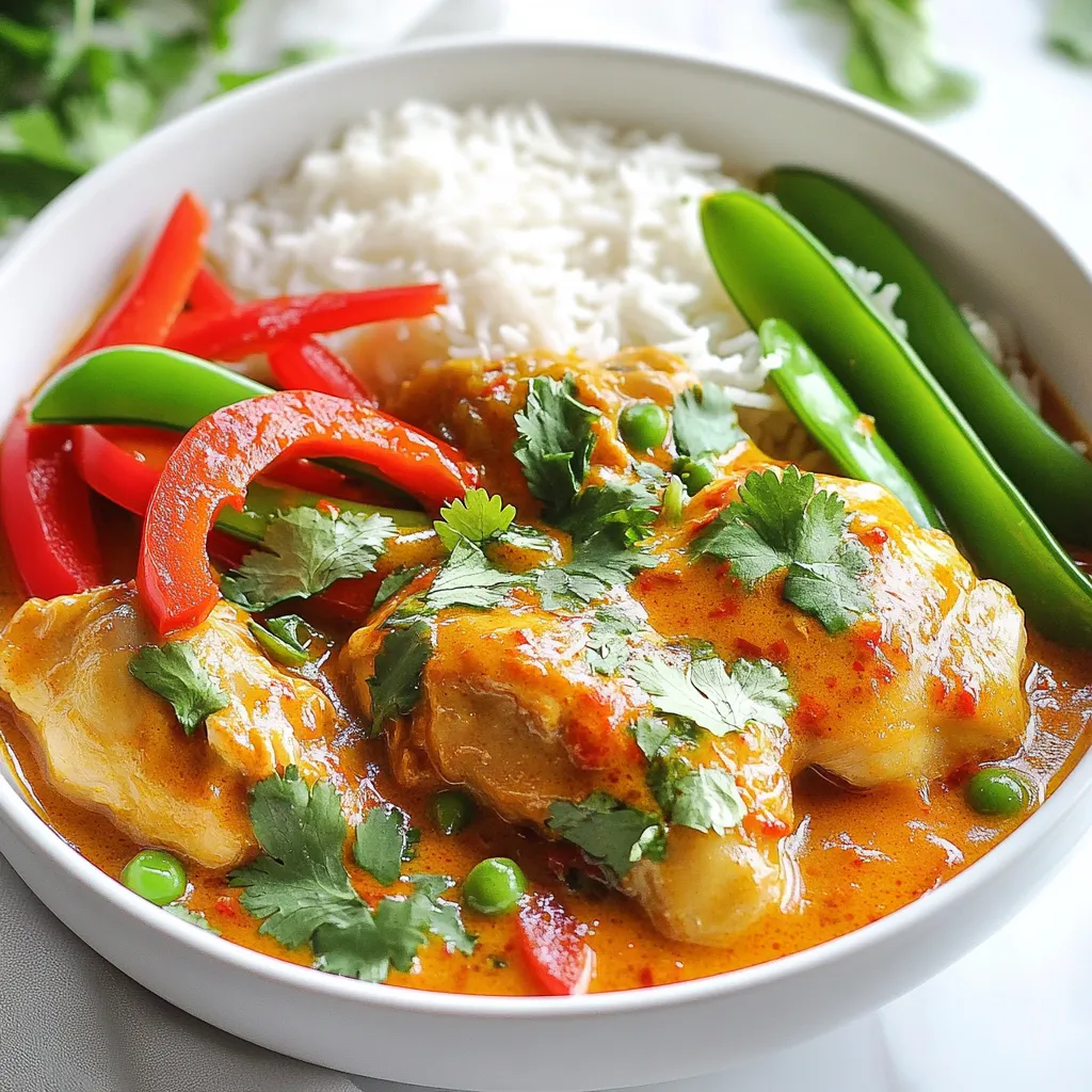 To make slow cooker Thai coconut chicken curry, you need some key items. Here’s what to gather: - 2 lbs boneless, skinless chicken thighs, cut into chunks - 1 can (14 oz) coconut milk - 1 tablespoon red curry paste - 1 tablespoon fresh ginger, minced - 3 cloves garlic, minced - 1 red bell pepper, sliced - 1 cup snow peas or green beans - 1 tablespoon fish sauce (or soy sauce for a vegetarian option) - 1 tablespoon brown sugar - Juice of 1 lime - Fresh cilantro, for garnish - Cooked jasmine rice, for serving These ingredients blend perfectly to create a rich and creamy curry. The chicken thighs add flavor and stay moist during cooking. Coconut milk gives it a smooth texture, while red curry paste brings heat and depth. You can add more flavors or textures to your curry. Consider these optional items: - Chopped green onions for a fresh kick - Sliced jalapeños for extra heat - Peanuts for crunch - Additional veggies like carrots or zucchini These options let you customize the dish based on your taste. Feel free to experiment! Don’t have everything? No problem! Here are some substitutions: - Chicken breasts can replace chicken thighs, but they may dry out faster. - Vegetable broth can substitute for fish sauce to keep it vegetarian. - Coconut cream works if you want a thicker curry. - Use lime juice to brighten up flavors instead of vinegar. These swaps help you adapt the recipe to what you have at home. Enjoy the process and make it your own! Start by gathering all your ingredients. You need: - 2 lbs boneless, skinless chicken thighs, cut into chunks - 1 can (14 oz) coconut milk - 1 tablespoon red curry paste - 1 tablespoon fresh ginger, minced - 3 cloves garlic, minced - 1 red bell pepper, sliced - 1 cup snow peas or green beans - 1 tablespoon fish sauce (or soy sauce for a vegetarian option) - 1 tablespoon brown sugar - Juice of 1 lime - Fresh cilantro, for garnish - Cooked jasmine rice, for serving Make sure to wash and chop the bell pepper and any other veggies. This helps them cook evenly. In your slow cooker, add the chicken chunks. Pour in the coconut milk. Then, add the red curry paste, minced ginger, and minced garlic. Mix well until the curry paste blends nicely. Next, add your sliced red bell pepper and snow peas or green beans. Gently stir them into the mix, so they soak up the curry flavor. Now, drizzle in the fish sauce or soy sauce. Sprinkle the brown sugar in, too. Give it one last stir to combine everything. Close the lid and set your slow cooker. Cook on low for 6-7 hours or on high for 3-4 hours. The chicken should be tender and fully cooked. When the cooking time is up, squeeze in the lime juice. Stir it well to mix in the tart flavor. You can taste and adjust the seasoning if needed. To serve, spoon the curry over bowls of jasmine rice. Garnish each bowl with fresh cilantro for a pop of color and freshness. Enjoy this tasty dish with family and friends! To make your Slow Cooker Thai Coconut Chicken Curry shine, use fresh ingredients. Fresh ginger and garlic give the best taste. Also, choose high-quality coconut milk for a rich flavor. Mix the red curry paste well, so every bite has a burst of spice. If you like heat, add more curry paste or some red chili flakes. If your curry is too thin, you can thicken it. Mix a bit of cornstarch with water and stir it in. If it tastes too salty, add more lime juice or sugar to balance it out. For dryness, ensure the chicken is fully coated with the sauce before cooking. If you cooked it too long, it might become tough. Keep an eye on the time! Serve your curry with fluffy jasmine rice; it soaks up the sauce well. You can add a side of steamed veggies for color and crunch. Consider offering lime wedges and extra cilantro for garnish. For a refreshing drink, serve Thai iced tea or a simple lemonade. These pair wonderfully with the rich flavors of the curry. {{image_2}} You can easily make this dish vegetarian or vegan. Instead of chicken, use firm tofu. Cut the tofu into cubes and add it to the slow cooker. Replace fish sauce with soy sauce or tamari for a vegan option. The coconut milk will still give you that rich flavor. You can also add more vegetables like carrots or bell peppers for extra color and taste. If you like heat, add more red curry paste. For a smoky twist, try adding a pinch of smoked paprika. You can also include sliced jalapeños or Thai bird chilies. Adjust the amount based on your spice level. Remember, a little goes a long way! Experiment with different vegetables to change the flavor. For instance, swap snow peas for broccoli or cauliflower. You can also use sweet potatoes instead of bell peppers. Each swap adds a unique taste and texture. Try using different herbs like basil or mint for fresh notes. This dish is very flexible, so get creative! Store your leftover Thai coconut chicken curry in an airtight container. Keep it in the fridge. The curry will stay fresh for up to three days. Make sure it cools down first. This helps avoid condensation in the container. When you are ready to enjoy the leftovers, reheat the curry on the stove. Pour it into a pot and heat over medium heat. Stir often to warm it evenly. You can also use the microwave. Place the curry in a microwave-safe bowl and cover it. Heat for one to two minutes. Stir halfway through to ensure it warms up well. To freeze the curry, use freezer-safe containers. Leave some space at the top since it may expand. Label the containers with the date. You can freeze the curry for up to three months. When ready to eat, thaw it in the fridge overnight. Reheat it on the stove or microwave as mentioned above. Enjoy a taste of Thailand anytime! Yes, you can use chicken breasts instead of thighs. Chicken breasts are leaner and cook faster. They will still taste great in this curry. Just cut them into chunks like the thighs. You may need to check the cooking time. Cook them until they are tender and juicy. To reduce the spice, use less red curry paste. Start with half a tablespoon. You can also add more coconut milk to mellow the heat. Adding sugar can help as well. You can serve it with extra lime. This gives a fresh taste without adding heat. Thai coconut chicken curry pairs nicely with lime and cilantro. The lime adds brightness, and cilantro brings freshness. You can also serve it with jasmine rice. This rice soaks up the rich sauce well. Try adding some peanuts for crunch too. This adds a nice texture and flavor. This blog post covered key elements for making a great dish. We explored essential and optional ingredients, plus handy substitutes. I guided you through each step for prepping and cooking in a slow cooker. You learned tips for enhancing flavors and serving suggestions. We also looked at variations, storage, and FAQs for any questions. Now, you have all the tools to create a delicious meal. Enjoy cooking and experimenting with your own flavors!