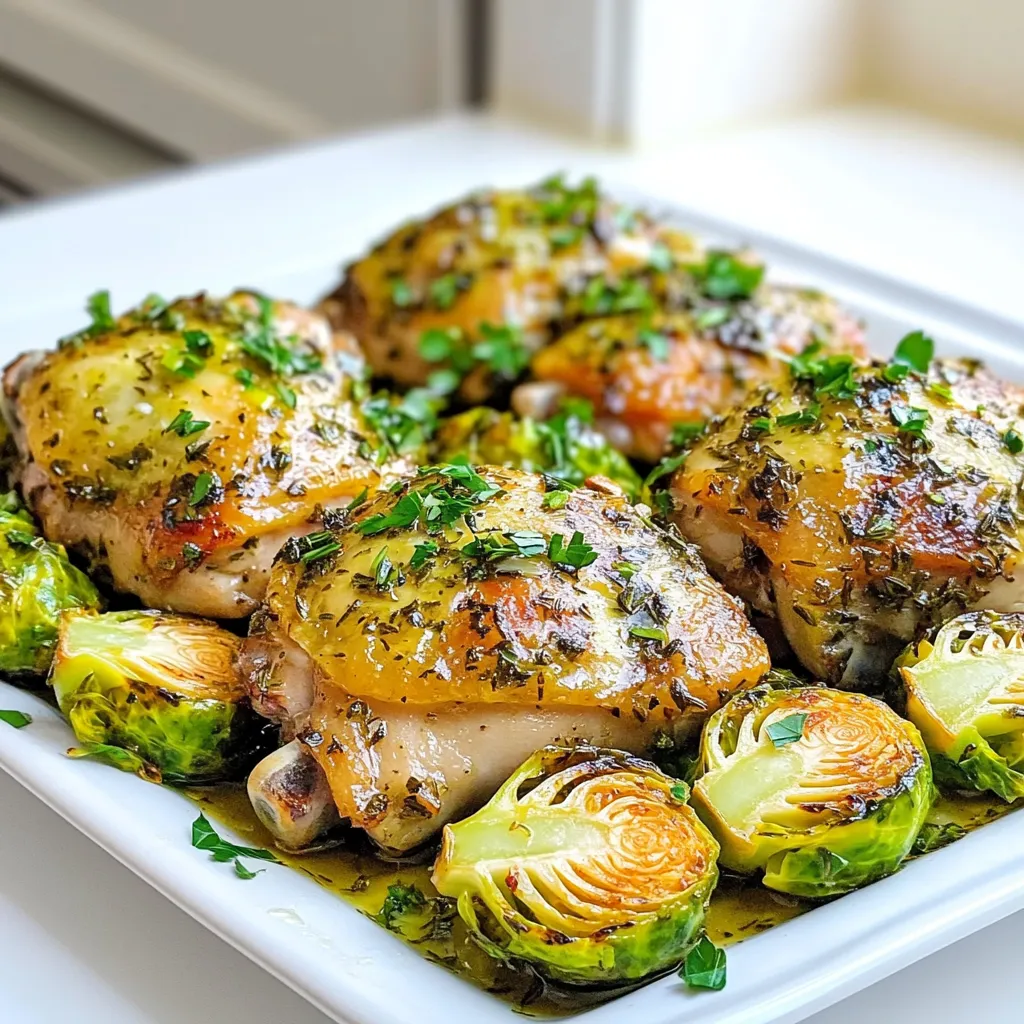 For this dish, you will need: - 4 boneless, skinless chicken thighs - 4 cloves garlic, minced - 2 tablespoons fresh rosemary, chopped - 2 tablespoons fresh thyme, chopped - 1 lemon, juiced and zested - 3 tablespoons olive oil - Salt and pepper to taste - 1 teaspoon paprika These chicken thighs are juicy and full of flavor. The garlic adds zest, while rosemary and thyme give it a fresh touch. Lemon juice brightens the dish, making it taste alive. You will also need: - 1 lb Brussels sprouts, halved - Olive oil - Salt and pepper to taste Brussels sprouts have a unique taste that pairs well with chicken. When roasted, they become tender and have a slight sweetness. The olive oil helps them crisp up nicely. To create a flavorful marinade, mix these ingredients: - Minced garlic - Chopped rosemary - Chopped thyme - Lemon juice - Lemon zest - Olive oil - Paprika - Salt and pepper This marinade is the key to tasty chicken. It infuses every bite with rich, herbaceous flavor. Plus, the acid from lemon juice helps tenderize the chicken. This blend makes every part of the meal shine. First, set your oven to 400°F (200°C). This high heat helps the chicken and Brussels sprouts cook well. While the oven heats, grab your chicken thighs. They should be boneless and skinless for the best results. In a big bowl, mix together 4 cloves of minced garlic, 2 tablespoons each of chopped rosemary and thyme, juice and zest from 1 lemon, 3 tablespoons of olive oil, 1 teaspoon of paprika, and salt and pepper. This mix is your marinade. Add the chicken thighs to the marinade and coat them completely. Let them sit for at least 15 minutes. If you have more time, marinate them in the fridge for a few hours. While the chicken marinates, take 1 pound of Brussels sprouts and cut them in half. In another bowl, drizzle them with olive oil and season with salt and pepper. Toss the sprouts well so they get coated. This step adds flavor and helps them roast nicely. Once the chicken has marinated, take a large sheet pan. Place the chicken thighs on the pan, spaced out well. Next, add the seasoned Brussels sprouts around the chicken. Pour any leftover marinade over the sprouts for more taste. Put the sheet pan in your preheated oven. Roast for 25 to 30 minutes. The chicken should reach an internal temperature of 165°F (75°C). The Brussels sprouts will be tender and caramelized. When done, take them out and let them rest for a few minutes. Before serving, sprinkle with fresh parsley for a pop of color and flavor. Enjoy your meal! To get the best taste, marinate the chicken. I use garlic, herbs, and lemon juice. This combo adds a nice kick. Let the chicken sit in the marinade for at least 15 minutes. For deeper flavor, marinate for a few hours or overnight. The longer, the better! This helps the chicken soak up all the tasty juices. If you use chicken breasts instead of thighs, adjust your cooking time. Breasts cook faster due to less fat. They may need about 20 to 25 minutes. Always check for doneness. The chicken should reach 165°F (75°C). A meat thermometer ensures you don’t overcook. For great Brussels sprouts, cut them in half. This helps them cook evenly. Toss them with olive oil, salt, and pepper. Spread them out on the pan. Crowding can make them soggy. Aim for a single layer. Roast until they turn golden brown and crisp. This brings out their natural sweetness! {{image_2}} You can swap chicken thighs for chicken breasts. Breasts cook faster, so check them early. Bone-in chicken legs work well too. They stay juicy and add rich flavor. Just remember to adjust the cooking time. If using other meats, consider their cooking times. Brussels sprouts are great, but you can try other veggies. Carrots add sweetness and color. Broccoli provides a nice crunch. Cauliflower can soak up flavors well. Bell peppers bring a pop of freshness. Just cut them into even pieces to ensure they cook evenly. Herbs and spices can change this dish a lot. Instead of rosemary and thyme, use oregano or basil for a twist. A sprinkle of cumin adds warmth and depth. If you like heat, try chili flakes or cayenne pepper. Experimenting helps you find your perfect flavor! After your meal, let the chicken and Brussels sprouts cool down. This step prevents condensation in your storage container. Once cool, place them in an airtight container. You can store them in the fridge for up to three days. This keeps your meal fresh and safe to eat. Remember to label the container with the date. This way, you will know how long it has been stored. When you are ready to enjoy leftovers, you can reheat them easily. Preheat your oven to 350°F (175°C). Place the chicken and Brussels sprouts on a baking sheet. Cover them with foil to keep moisture in. Heat for about 15-20 minutes, or until warmed through. You can also use a microwave if you're in a hurry. Just heat in short bursts, stirring in between to ensure even heating. If you want to save leftovers for later, freezing is a good option. First, let the chicken and Brussels sprouts cool completely. Then, divide them into small portions. Place each portion in a freezer-safe bag or container. Make sure to remove as much air as possible before sealing. Label each bag with the date. You can freeze them for up to three months. When you are ready to eat, thaw in the fridge overnight before reheating. You can check if the chicken is done by using a meat thermometer. Insert it into the thickest part of the thigh. The safe internal temperature for chicken is 165°F (75°C). If you don't have a thermometer, cut into the chicken. The meat should be white, not pink. Yes, you can use frozen Brussels sprouts. However, they may release extra moisture when cooked. This can make them less crispy. If you want a better texture, thaw and pat them dry before using. This dish pairs well with many sides. You could serve it with rice, quinoa, or mashed potatoes. A fresh salad or crusty bread also makes a great addition. Choose sides that you enjoy to complete your meal. Absolutely! This recipe is perfect for meal prep. You can cook a batch and store it in the fridge. It lasts for about 3 to 4 days. Just reheat portions as needed for a quick and healthy meal. Garlic Herb Chicken with Brussels sprouts is simple and tasty. We covered key ingredients, like chicken and veggies, and how to roast them right. I shared tips for marinating for more flavor and cooking different chicken cuts. You also learned about variations to keep meals fresh and exciting, plus storage tips for leftovers. Enjoy cooking this dish and feel proud of your meal. Follow these steps and tips for success. Happy cooking!