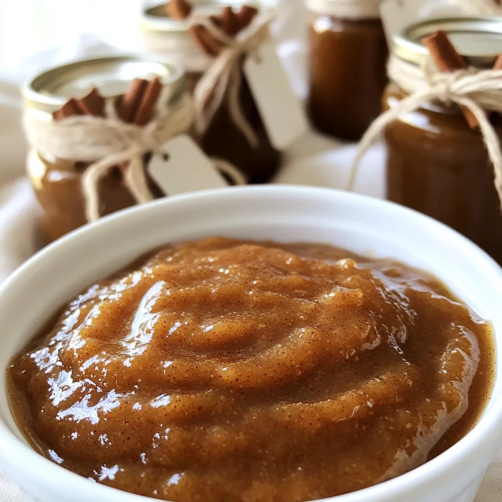 To make this rich apple butter, gather these main ingredients: - 6 pounds of assorted apples (like Honeycrisp, Granny Smith, and Fuji), peeled and diced - 1 cup brown sugar - 1/2 cup granulated sugar - 1 tablespoon lemon juice - 1/2 cup apple cider - 1/4 teaspoon salt These ingredients form the base of your apple butter, giving it sweetness and depth. The right spices make this apple butter truly special. Here are the key spices to add: - 2 teaspoons ground cinnamon - 1/2 teaspoon ground nutmeg - 1/4 teaspoon ground allspice - 1/4 teaspoon ground cloves These spices bring warmth and flavor to your apple butter, enhancing the taste of the apples. Selecting the right apples is crucial for great apple butter. I recommend using a mix of sweet and tart apples. Honeycrisp apples add sweetness, while Granny Smith apples provide a nice tartness. Fuji apples also offer a sweet flavor and good texture. This blend creates a well-rounded taste that makes your apple butter shine. Start by peeling and dicing your apples. I like using a mix of sweet and tart apples. Honeycrisp, Granny Smith, and Fuji work well together. Aim for about 6 pounds of apples. The more variety, the better the flavor. In a big bowl, combine the diced apples with sugar and spices. Add 1 cup of brown sugar and 1/2 cup of granulated sugar. Sprinkle in 2 teaspoons of ground cinnamon, 1/2 teaspoon of nutmeg, and a pinch of allspice and cloves. Don’t forget the tablespoon of lemon juice and 1/2 cup of apple cider! Mix everything well. This ensures that every piece of apple gets coated. Now, transfer this tasty apple mix to your slow cooker. Spread it out evenly and cover it with the lid. Set the slow cooker to low and let it cook for 8 to 10 hours. Stir the mixture halfway through. The apples should become soft and easy to mash. After cooking, it’s time to blend! Use an immersion blender to make it smooth. If you don’t have one, you can use a regular blender in small batches. Once it's blended, return it to the slow cooker. Cook it uncovered for an extra hour. This step helps thicken the apple butter and makes the flavors pop. Let it cool before putting it into jars. To get the right thickness for your apple butter, blending is key. After cooking, use an immersion blender. This tool makes it easy to mix the apples until smooth. If you don’t have one, use a regular blender. Just blend in small batches. After blending, cook it uncovered for an hour. This step will help thicken it up nicely. You can make your apple butter even tastier with simple tweaks. Try adding a splash of vanilla extract. This adds a warm depth to the flavor. You can also mix in a bit of maple syrup for a sweet twist. If you like it spicy, add more cinnamon or a pinch of ginger. Just remember to taste as you go! Stirring your apple butter is important. It helps prevent sticking and burning. I suggest stirring halfway through the cooking time. This way, you can check the consistency too. Keep an eye on your slow cooker. If you notice it getting too thick too quickly, add a bit of apple cider. This keeps your apple butter nice and smooth. {{image_2}} You can swap out regular sugar for healthier sweeteners. Try honey or maple syrup. These options add a nice flavor and can lower the calorie count. If you prefer a no-calorie option, use stevia or monk fruit sweetener. Just adjust the amount, as these are often sweeter than sugar. Feel free to get creative with spices! You can add ginger for a warm kick. Cardamom brings a lovely floral note. Try adding a pinch of cayenne for a spicy twist. Each spice changes the apple butter's flavor profile, making it fun to experiment. You don't have to stick with just apples. You can mix in pears or peaches for a fruity blend. Try adding some berries for a tart flavor. Just remember to adjust the sugar based on the sweetness of the fruit you choose. Mixing fruits gives a fresh twist to the classic apple butter. I recommend using clean glass jars to store your apple butter. Make sure the jars are dry. Fill each jar, leaving some space at the top. Seal them tightly with lids. Store the jars in a cool, dark place. You can also keep some in the fridge for easy access. Homemade apple butter lasts up to two weeks in the fridge. If you want it to last longer, you can freeze it. In the freezer, it stays good for up to six months. Just make sure to use airtight containers or freezer bags. This will prevent freezer burn and keep it fresh. If you have leftover apple butter, there are many ways to use it. Spread it on toast or pancakes for breakfast. It’s also great in oatmeal or yogurt. You can mix it into smoothies for added flavor. Try using it as a filling for pastries or cakes. The options are endless! Yes, you can make apple butter on the stove. Cook the apples in a large pot over low heat. Stir often to prevent burning. You will need to watch it closely. The cooking time may be shorter, around 2-3 hours. Blend it like you would in the slow cooker. Homemade apple butter lasts about 1 week in the fridge. Store it in a clean jar with a tight lid. If you want to keep it longer, freeze it. It can last up to 6 months in the freezer. Just thaw it in the fridge before using. Apple butter is great on toast, pancakes, and scones. You can use it in baking, too, like in muffins or cakes. It adds moisture and flavor. You can even swirl it into yogurt or oatmeal for a tasty breakfast treat. Yes, you can can apple butter! Use sterilized jars and lids. Fill jars while hot, leaving a little space at the top. Process them in a water bath for about 10-15 minutes. This will help it last for up to a year on your shelf. This blog post covers how to make delicious cinnamon spiced apple butter. We explored the main ingredients, spices, and the best apples to use. I shared step-by-step instructions, plus tips for perfect consistency and flavor. You also learned about fun variations and proper storage methods. Homemade apple butter offers a tasty treat that lasts. Try it as a spread or in recipes. Now, it's time to make your own apple butter and enjoy its sweet flavors!