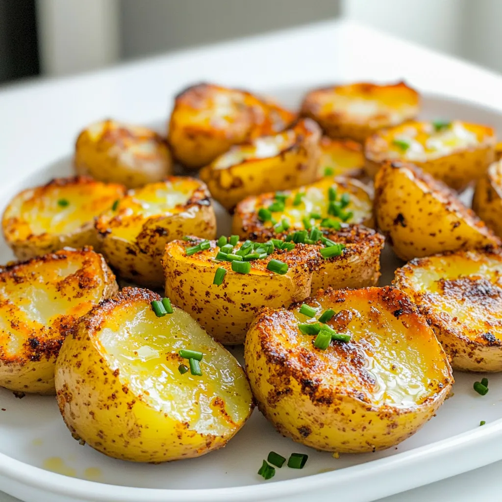 To make Air Fryer Ranch Potato Bites, gather these ingredients: - 1 pound baby potatoes, halved - 2 tablespoons olive oil - 2 tablespoons ranch seasoning mix - 1 teaspoon garlic powder - 1 teaspoon onion powder - ½ teaspoon smoked paprika - Salt and pepper to taste - Fresh chives or parsley, chopped (for garnish) You can easily swap some ingredients. If you don’t have baby potatoes, use regular potatoes. Just cut them into smaller pieces. For olive oil, try avocado oil or canola oil. If ranch seasoning is not on hand, mix dried herbs like dill and parsley with some salt. Garlic and onion powder can be replaced with fresh garlic or onion, but use less. Smoked paprika adds a nice touch, but regular paprika works too. Each serving of Air Fryer Ranch Potato Bites has about: - Calories: 180 - Protein: 3g - Carbohydrates: 26g - Fat: 7g - Fiber: 3g - Sugars: 1g These bites are a tasty snack. They have good carbs and healthy fats. Enjoy them in moderation for a balanced diet. To make Air Fryer Ranch Potato Bites, start with fresh baby potatoes. You need one pound of these small gems. First, wash them well and then slice each potato in half. This helps them cook evenly and get crispy. In a large bowl, take two tablespoons of olive oil. Pour the oil over the potato halves. Toss them gently until every piece is coated. Next, add two tablespoons of ranch seasoning mix. This gives the potatoes a tasty flavor. Then, sprinkle one teaspoon each of garlic powder and onion powder. Finally, add half a teaspoon of smoked paprika, plus salt and pepper to taste. Mix everything until the potatoes are well coated in the spices. Now that your potatoes are ready, it's time to preheat the air fryer. Set it to 400°F (200°C) and let it heat for about five minutes. Preheating is key for getting that crispy texture. While the air fryer warms up, you can prepare the potatoes, saving time for later. Once the air fryer is hot, place the seasoned potato halves in the basket. Make sure to spread them out in a single layer. Avoid crowding the basket; this helps them cook evenly. Close the air fryer and cook for 15 to 20 minutes. At the halfway mark, shake the basket gently to move the potatoes around. This ensures they brown nicely on all sides. When they’re golden and crispy on the outside but tender inside, they are done. Carefully remove the potato bites and let them cool for a couple of minutes. For a finishing touch, garnish with fresh chives or parsley before serving. Enjoy your tasty snack! For crispy potato bites, start by cutting the baby potatoes in half. This increases the surface area for crispiness. Toss them well with olive oil. Make sure each potato half gets a good coat. Don’t overcrowd the air fryer basket. Give each piece space to breathe. This helps hot air circulate and crisp them up. Shake the basket halfway through cooking. This ensures even crispiness on all sides. Aim for a golden color on the outside and a tender inside. Ranch seasoning is a star here, but you can mix it up. Try adding some cayenne pepper for heat. You can use different herbs like dill or thyme for a fresh taste. If you want a smokier flavor, more smoked paprika works wonders. Adjust salt and pepper to your liking. Fresh garlic adds great taste, so consider using minced garlic for an extra kick. Always taste as you go to find your perfect mix. These potato bites shine as a snack or side dish. Serve them with a side of ranch dressing for dipping. They pair great with grilled chicken or burgers. Add a fresh salad to make a complete meal. For a fun twist, top them with cheese and jalapeños. Fresh chives or parsley as a garnish adds color and flavor. Enjoy them hot for the best taste! {{image_2}} You can change up the flavor of your ranch potato bites. Try using taco seasoning for a zesty twist. A sprinkle of Cajun spice brings a kick. You can even use Italian seasoning for a herby taste. Just mix your choice into the olive oil before coating the potatoes. This small change can make a big difference. While baby potatoes work great, other types can shine too. Yukon gold potatoes give a buttery flavor. Red potatoes add a nice color and sweetness. You can even use sweet potatoes for a healthier option. Just remember to cut them into similar sizes for even cooking. Air frying is fast and makes the potatoes crispy. In an oven, the cooking time is longer, but you can make larger batches. If you use the oven, set it to 425°F (220°C). Spread the potatoes on a baking sheet, and bake for about 25-30 minutes. Shake them halfway through to get that golden color. Both methods yield tasty results; it just depends on your time and tools. After enjoying your Air Fryer Ranch Potato Bites, store any leftovers in an airtight container. Let them cool first to avoid steam buildup. Keep the container in the fridge for up to three days. This way, you can enjoy those tasty bites again! To reheat, place the potato bites back in the air fryer. Set it to 350°F (175°C) and cook for about 5-7 minutes. This method keeps them crispy. You can also use a microwave, but they may lose their crunch. If you choose the microwave, heat in short bursts of 30 seconds until warm. You can freeze Air Fryer Ranch Potato Bites for up to three months. To do this, let them cool completely. Then, place them in a freezer bag and remove as much air as possible. When you’re ready to eat, thaw them in the fridge overnight. Reheat them in the air fryer to get that crispy texture back. Enjoy your snack anytime! You should cook air fryer ranch potato bites for 15 to 20 minutes. Set your air fryer to 400°F (200°C). Shake the basket halfway through cooking. This helps them cook evenly. They should be golden and crispy when done. Yes, you can make these potatoes ahead of time. Cook them fully and let them cool. Store them in an airtight container in the fridge. They will stay fresh for up to three days. Reheat them in the air fryer for a crispy finish. Most air fryers work well for this recipe. I recommend models with a good capacity. A basket-style air fryer helps with even cooking. Brands like Philips or Ninja are popular for their reliability. Check the manual for optimal cooking times. Air fryer ranch potato bites can be a healthy snack. They use less oil than frying. Baby potatoes provide vitamins and fiber. The ranch seasoning adds flavor without extra calories. Enjoy them in moderation as part of a balanced diet. Cooking air fryer ranch potato bites is simple and fun. You learned the right ingredients and how to prepare them. I shared tips for perfect texture and tasty pairs. You also found ways to store leftovers and reheat them easily. Try out different seasonings or types of potatoes for fun twists. Enjoy these tasty bites as a snack or meal side. Happy cooking!