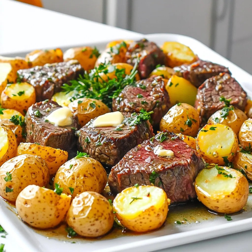 - 1 ½ pounds sirloin steak - 1 pound baby potatoes - 4 tablespoons unsalted butter - Garlic and herbs - Salt and pepper - Olive oil - Fresh parsley for garnish To make this dish shine, you need the right ingredients. Start with sirloin steak. It’s tender and full of flavor. Cut it into bite-sized pieces for easy cooking. The baby potatoes add heartiness. Halve them so they cook well and soak up all the flavor. Next is the unsalted butter. It brings richness and a lovely garlic taste to the dish. We use garlic and herbs for seasoning. They make everything taste fresh and bright. Don’t forget salt and pepper! They enhance every bite. You will need olive oil to help the potatoes roast nicely. Finally, use fresh parsley for garnish. It adds a pop of color and freshness when you serve. All these ingredients come together for a delightful meal. - Preheat oven to 425°F (220°C). - Prepare the sheet pan with parchment paper. First, you want to get your oven nice and hot. This helps cook everything evenly. Line your sheet pan with parchment paper. This makes cleanup easy and helps the food not stick. - Combine baby potatoes with olive oil, garlic, herbs, salt, and pepper. - Toss to coat evenly. Next, grab a big bowl. Put in the halved baby potatoes. Add 2 tablespoons of olive oil, minced garlic, dried rosemary, dried thyme, salt, and pepper. Mix it all up well. You want every potato to be coated. This will add great flavor. - Roast potatoes for 20 minutes. - Add seasoned steak to the pan and roast for another 10-12 minutes. Spread the seasoned potatoes on one side of your sheet pan. Roast them for 20 minutes. While they cook, take your sirloin steak pieces. Season them with salt, pepper, and half of the melted butter. After 20 minutes, take the pan out. Move the potatoes to one side. Add the seasoned steak to the empty side. Drizzle the rest of the melted butter over the steak. Put the pan back in the oven. Roast for another 10 to 12 minutes. This will make the steak juicy and tasty. Enjoy the wonderful smells filling your kitchen! To get the best steak, use a meat thermometer. Aim for 130°F for medium-rare. For medium, go for 140°F. This tool helps you avoid overcooking. For the potatoes, make sure they are fork-tender. This means they should break apart easily when you poke them. You can check them after roasting for 20 minutes. You can mix in different herbs to change the taste. Try oregano or basil for a fresh twist. For a richer flavor, use more butter. You can also add a hint of lemon juice. A splash of soy sauce can give your dish an extra kick. Cut your steak pieces into the same size. This helps them cook evenly. For the potatoes, make sure they are halved equally. When placing them on the sheet pan, leave space between them. This air flow helps them roast well. It keeps the skin crispy and the insides fluffy. {{image_2}} You can switch up the protein in this dish. Chicken works great here. Use boneless, skinless chicken thighs or breasts. Shrimp is another tasty option. Toss them in the same garlic butter mix. For a vegetarian feast, use firm tofu or tempeh. Just cube them and season well. Feel free to add more veggies. Carrots, bell peppers, or green beans are great choices. Cut them into bite-sized pieces. Cooking times vary, though. Carrots need about 25 minutes. Bell peppers and green beans take around 15 minutes. Just add them to the pan based on their time. Change the flavors to fit your mood. For a bold taste, try a spice mix with cumin and paprika. This adds a nice kick. You can also go for an Asian twist. Use soy sauce and ginger instead of herbs. For Mediterranean flair, add oregano and a squeeze of lemon juice. The options are endless! To keep your sheet-pan garlic butter steak and potatoes fresh, store them in an airtight container. Make sure it cools completely before sealing. This helps keep moisture in and prevents spoilage. The dish lasts in the fridge for up to three days. After that, the flavors may fade, and the texture changes. To reheat, use the oven for the best results. Preheat your oven to 350°F (175°C). Spread the leftovers on a baking sheet. Heat for about 10-15 minutes or until warmed through. This method helps keep the steak tender and the potatoes crispy. If you're in a hurry, you can use the microwave. However, this may soften the potatoes more than desired. If you want to freeze your dish, cool it completely first. Portion it into freezer-safe bags or containers. Remove as much air as possible before sealing. The dish can last in the freezer for up to three months. When you're ready to eat, thaw it overnight in the fridge. Then, reheat using the oven or microwave for the best flavor. Cooking sheet-pan steak and potatoes takes about 35 minutes. First, you preheat the oven to 425°F (220°C). Then, roast the potatoes for 20 minutes. After that, add the steak and cook for another 10 to 12 minutes. This quick cooking method makes it easy to enjoy a tasty meal without spending hours in the kitchen. Yes, you can prepare this dish ahead of time. You can season the potatoes and steak and store them in the fridge. Just keep them in separate containers so they stay fresh. When you are ready to cook, simply follow the roasting steps. This makes it easy to have a delicious meal ready in no time. Pairing sides with this dish can elevate your meal. Here are some tasty options: - Salads: A fresh green salad with a light vinaigrette adds a nice crunch. You could also try a simple Caesar salad for a creamy touch. - Bread: Warm, crusty bread is perfect for soaking up extra garlic butter. A baguette or dinner rolls work well. Wine pairings: A red wine like Cabernet Sauvignon complements the steak well. For lighter flavors, a Pinot Noir is a great choice. Enjoy your meal with the right drink to enhance every bite! This article covered a simple and tasty sheet-pan steak and potatoes recipe. You learned about the main ingredients, seasoning tips, and step-by-step cooking instructions. I shared easy variations and storage tips too. Cooking at home can be fun and rewarding. With these methods, you can make a delicious meal that fits your taste. Try different flavors and enjoy the cooking process. Remember, good meals bring people together and create lasting memories. Happy cooking!