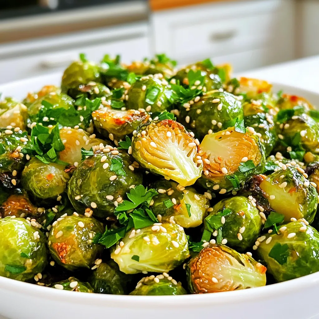 - 1 lb Brussels sprouts, trimmed and halved - 3 tablespoons olive oil - 2 tablespoons honey - 3 cloves garlic, minced - 1 tablespoon soy sauce (or tamari for gluten-free) - 1 teaspoon sesame oil - Salt and pepper to taste - 1 tablespoon sesame seeds for garnish - Fresh parsley, chopped for garnish When measuring, use a dry measuring cup for solids. For liquids, use a liquid measuring cup. Make sure to level off dry ingredients for accuracy. For sticky items like honey, spray the cup lightly with oil first. This helps the honey slide out easily. Use a kitchen scale for precision, especially for Brussels sprouts. You can swap olive oil with canola or avocado oil for a different flavor. If you don’t have honey, maple syrup works well for sweetness. For soy sauce, use coconut aminos for a soy-free option. You can skip sesame oil if you don’t have it, but it adds unique flavor. If you want more crunch, try adding chopped nuts like almonds or walnuts. Start with one pound of Brussels sprouts. Trim the ends and cut them in half. This helps them cook evenly. Wash them well under cold water. Dry them with a clean towel. Make sure they are dry for the best crispiness. In a large bowl, add three tablespoons of olive oil. Then, mix in two tablespoons of honey and three cloves of minced garlic. Next, pour in one tablespoon of soy sauce and one teaspoon of sesame oil. Add salt and pepper to taste. Stir this mixture until it is smooth. Now, toss the halved Brussels sprouts in the marinade. Make sure each piece is coated well. Preheat your air fryer to 375°F (190°C). Place the marinated Brussels sprouts in the basket in a single layer. You might need to cook them in batches. Air fry them for 12 to 15 minutes. Shake the basket halfway through to ensure they cook evenly. They should turn golden brown and crispy. After cooking, transfer them to a bowl. Drizzle any leftover sauce over them. Finally, sprinkle with sesame seeds and chopped parsley for a nice finish. To make your Brussels sprouts super crispy, follow these tips: - Dry the sprouts: After washing, make sure to dry them well. Any water can make them soggy. - Cut them evenly: Halve each sprout so they cook at the same rate. - Single layer cooking: Place the sprouts in a single layer in the air fryer. This helps them crisp up nicely. - Shake the basket: Halfway through cooking, shake the basket. This ensures even heat and crispiness. These crispy honey garlic Brussels sprouts are great on their own. You can also serve them with: - Rice or quinoa: They make a tasty side dish. - Grilled chicken or fish: A great way to add flavor to your meal. - Tossed salad: Mix them in for a crunchy twist. Garnish with extra sesame seeds and parsley for a fun touch. Here are some common mistakes to avoid: - Overcrowding the basket: This leads to steaming instead of crisping. - Not shaking the basket: Forgetting this step can cause uneven cooking. - Skipping the marinade: The marinade adds flavor and helps with browning. Don't skip it! - Ignoring the cooking time: Keep an eye on them. If they look golden, they're ready! {{image_2}} To spice things up, add red pepper flakes to the marinade. Start with 1/2 teaspoon. You can always add more if you like heat. The sweet honey pairs well with the spicy kick. This mix makes each bite exciting. For a vegan twist, replace honey with maple syrup. It gives a similar sweetness. Ensure your soy sauce or tamari is gluten-free if needed. The flavor remains rich and satisfying. You won't miss the honey at all! You can mix in other veggies too! Try using carrots, bell peppers, or sweet potatoes. Just chop them into similar sizes as the Brussels sprouts. Adjust cooking time slightly if you use denser veggies. This adds color and variety to your dish. Enjoy exploring new flavors! To store your crispy honey garlic Brussels sprouts, let them cool down first. Then, place them in an airtight container. Store them in the fridge for up to three days. Make sure to keep them sealed to maintain their flavor and texture. When you want to enjoy your leftovers, the air fryer works best. Preheat the air fryer to 350°F (175°C). Place the sprouts in the basket and heat for about 5 to 7 minutes. This method keeps them crispy. You can also use a microwave, but they may not stay as crunchy. You can freeze these Brussels sprouts, but they lose some crunch. To freeze, follow these steps: - Cook the Brussels sprouts as per the recipe. - Let them cool completely. - Spread them in a single layer on a baking sheet and freeze for 1 to 2 hours. - Once frozen, transfer them to a freezer bag. They can last for up to three months. To reheat, air fry them straight from frozen for about 10 to 12 minutes. Yes, you can make these Brussels sprouts in the oven. Preheat your oven to 400°F (200°C). Follow the same marinating steps as before. Spread the Brussels sprouts on a baking sheet in a single layer. Bake for 20-25 minutes, flipping halfway through. They should be crispy and golden brown when done. Leftovers can last in the fridge for 3 to 4 days. Store them in an airtight container. Make sure they cool down before sealing. This keeps them fresh and tasty for your next meal. These Brussels sprouts pair well with many dishes. You can serve them with grilled chicken or salmon. They also work great alongside rice or quinoa. Add a fresh salad for a complete meal. We covered how to make crispy Brussels sprouts. You learned the right ingredients, measuring tips, and substitutions. I shared easy steps for preparation, marinating, and air frying. Tips for crispiness and serving options helped enhance your dish. I also discussed variations for spice lovers and vegans. Finally, I offered storage and reheating advice. Enjoy making this dish, and remember, experimenting can lead to great results!