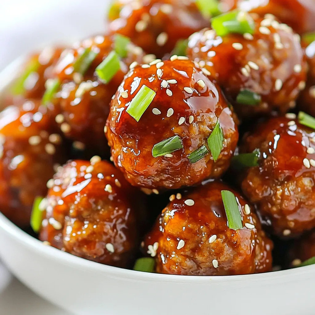 - 1 pound ground beef or turkey - 1/2 cup breadcrumbs - 1/4 cup grated Parmesan cheese - 1/4 cup chopped green onions - 1 egg - 2 cloves garlic, minced - 1 teaspoon ginger, grated - Salt and pepper to taste For these meatballs, you can choose ground beef for a richer taste or turkey for a lighter option. The breadcrumbs help bind the meatballs, while Parmesan adds flavor. Green onions give a fresh crunch, and garlic adds depth. Don't forget the ginger for that extra zing! - 1/4 cup honey - 1/4 cup Sriracha sauce - 1 tablespoon soy sauce - Sesame seeds for garnish The glaze is where the magic happens. Honey adds sweetness, while Sriracha brings heat. Soy sauce adds a rich umami flavor. Once you mix these, you'll have a sticky, shiny glaze that will coat the meatballs perfectly. For a finishing touch, sprinkle sesame seeds on top for a nice crunch and look. {{ingredient_image_1}} First, set your oven to 400°F (200°C). This heat helps the meatballs cook evenly. Next, line a baking sheet with parchment paper. This step makes cleaning easy and keeps the meatballs from sticking. In a large bowl, add the ground beef or turkey. Then, mix in the breadcrumbs and grated Parmesan cheese. Add the chopped green onions, minced garlic, and grated ginger for flavor. Crack the egg into the bowl, then sprinkle in salt and pepper. Use your hands to mix everything until it is well combined. Be sure not to overmix; just combine until it holds together. Now it’s time to form the meatballs. Roll the mixture into small balls, about 1 inch wide. Place them on the lined baking sheet, leaving some space between each meatball. Bake in the oven for 20-25 minutes. Look for a nice golden color, and make sure they are cooked through. While the meatballs bake, prepare your glaze. In a small saucepan, whisk together the honey, Sriracha sauce, and soy sauce. Heat this mixture over medium heat. Let it simmer for about 3-5 minutes. You want it to thicken slightly but not too much. Stir it often to keep it from burning. When the meatballs are done, take them out of the oven. Toss them in the Sriracha honey glaze until they are fully coated. If you want them extra caramelized, put them back in the oven. Broil them for 2-3 minutes. This step adds more flavor and a nice finish. Finally, sprinkle sesame seeds on top and add more green onions for a pop of color. Enjoy your tasty meatballs! You can make simple swaps for a lighter meal. - Choose ground turkey instead of beef for fewer calories. - Use gluten-free breadcrumbs if you want to avoid gluten. These changes keep the dish tasty while making it healthier. Texture and flavor matter. Follow these tips: - Mix the meatballs gently. Over-mixing makes them tough. - Use grated cheese for flavor and moisture. - Bake for 20 to 25 minutes until golden brown. Check with a meat thermometer; they should reach 165°F. Adjust baking time if your meatballs are larger or smaller. Getting the glaze just right is key. - Cook the glaze on medium heat. This helps it thicken nicely. - Simmer it for 3 to 5 minutes until it coats the back of a spoon. - Toss the meatballs in the glaze right after baking. This gives them a nice, even coat. For a shiny finish, broil the glazed meatballs for a few minutes. Pro Tips Use Fresh Ingredients: Fresh garlic and ginger will enhance the flavor of your meatballs significantly. Avoid using pre-minced versions for the best taste. Adjust Spice Levels: If you prefer a milder glaze, reduce the amount of Sriracha or add a bit more honey to balance the heat. Rest Before Serving: Allow the meatballs to rest for a few minutes after glazing to let the sauce set and intensify the flavors. Experiment with Proteins: Try substituting ground beef with ground chicken, turkey, or even plant-based meat alternatives for a healthier or vegetarian option. {{image_2}} You can make Sriracha honey glazed meatballs even more exciting. Try adding spices or herbs. For a twist, mix in some cumin or smoked paprika. This adds warmth and depth to the flavor. Fresh herbs like cilantro or basil can brighten the dish. These small changes can transform your meatballs into something unique. You do not have to stick with beef. You can use chicken or turkey for a lighter meal. Ground pork adds a nice richness too. For a plant-based option, use lentils or chickpeas. Just mash them and mix them with the other ingredients. This makes a delicious and hearty meatball. How you serve these meatballs can change the meal. You can pair them with rice or noodles for a filling dish. Serve with a side of steamed veggies for a healthy touch. Dipping sauces like sweet chili or soy sauce add extra flavor. You can also use them in a sandwich for a fun twist. To store leftovers, let the meatballs cool first. Place them in an airtight container. You can keep them in the fridge for up to three days. If you want to save them longer, freeze the meatballs. Use freezer-safe bags or containers. They will last for about three months in the freezer. Label the bags with the date. This way, you won’t forget when you made them. For reheating, the best method is the oven. Preheat it to 350°F (175°C). Place the meatballs on a baking sheet. Cover them with foil to keep them moist. Heat for about 10-15 minutes. You can also use a microwave if you’re in a hurry. Place the meatballs on a microwave-safe plate. Heat in short bursts of 30 seconds, checking in between. Add a splash of water to keep them from drying out. Sriracha honey glazed meatballs stay safe in the fridge for three days. If frozen, they are good for three months. After that, they may lose flavor and texture. Always check for any off smell or color before eating. Enjoy your meatballs while they're fresh for the best taste! Yes, you can prepare these meatballs ahead of time. Just mix and shape the meatballs, then store them in the fridge for up to 24 hours. When you are ready to cook, place them on the baking sheet and bake as directed. If you want to freeze them, do so before baking. Just thaw them in the fridge overnight before cooking. This way, you can enjoy fresh meatballs with less effort on busy days. The spice level of these meatballs can vary based on your taste. Sriracha is hot, but you can adjust the amount. If you prefer milder meatballs, start with less Sriracha, maybe just a tablespoon. You can always add more glaze after cooking. For those who love spice, feel free to add more Sriracha to the glaze. This dish is all about your preference! There are many fun ways to serve Sriracha honey glazed meatballs. You can place them on a platter and sprinkle sesame seeds on top. They pair well with rice, noodles, or even a fresh salad. You can also serve them as party snacks with toothpicks. For a fun twist, try them in a sandwich or on a slider. The glaze makes them shine, making any plate look great! Sriracha honey glazed meatballs are tasty and easy to make. You learned about key ingredients, how to prepare and bake them, and ways to modify the recipe. I shared tips for healthy swaps and storing leftovers. Experimenting with flavors and proteins can add fun to your meals. These meatballs are not just a snack; they pair well with many sides. Now, it’s time to try making them yourself! Enjoy delicious meatballs that will impress your family and friends.