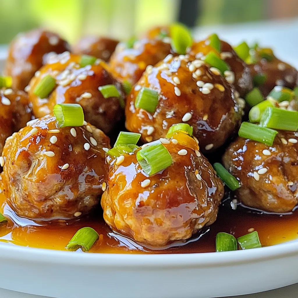 - 1 pound ground beef or turkey - 1/2 cup breadcrumbs - 1/4 cup grated Parmesan cheese - 1 large egg - 2 cloves garlic, minced - 1 teaspoon onion powder - 1 teaspoon Italian seasoning - Salt and pepper to taste - 1/4 cup honey - 1/4 cup soy sauce (low sodium) - 1 tablespoon apple cider vinegar These ingredients come together to create a tasty dish. The ground meat gives the meatballs their base, while breadcrumbs help them stay together. Parmesan adds a nice flavor. The egg binds everything well. Garlic and spices bring in great taste. - 1 teaspoon cornstarch (for thickening sauce) - 1 tablespoon sesame seeds (for garnish) - Sliced green onions (for garnish) Cornstarch helps thicken the sauce for a rich texture. Sesame seeds and green onions make the dish look nice. They also add extra flavor. You can choose to use them or leave them out based on your taste. {{ingredient_image_1}} - Preheat the oven to 400°F (200°C). - Prepare the baking sheet with parchment paper. Start by preheating your oven. This step gets it nice and hot for the meatballs. Next, line your baking sheet with parchment paper. This helps to keep the meatballs from sticking. - Combine ground meat, breadcrumbs, cheese, egg, and spices. In a large bowl, mix the ground beef or turkey with breadcrumbs. Add grated Parmesan cheese, the egg, and minced garlic. Sprinkle in onion powder, Italian seasoning, salt, and pepper. Stir until everything is blended well. - Form the mixture into meatballs. - Bake for 15-20 minutes until cooked through. Now, take small portions of the mixture and shape them into balls, about 1 inch wide. Place them on the baking sheet. Bake the meatballs for 15 to 20 minutes. They should be browned and cooked through, reaching an internal temperature of 160°F (70°C). This gives you tender and flavorful meatballs every time. To make sure your meatballs hold together, you need to bind the ingredients well. Use 1/2 cup breadcrumbs and 1 large egg to help with this. The egg acts like glue. Mix everything until combined, but don’t overdo it. For the right meatball size, aim for 1 inch in diameter. This size cooks evenly and stays juicy. If you want a larger meatball, adjust the cooking time. To make the sauce thick, whisk the honey, soy sauce, and apple cider vinegar in a saucepan. Add 1 teaspoon cornstarch if you like it thicker. Heat it on medium and stir until it simmers. This should take about 3-5 minutes. If your sauce is too sweet, add a dash of soy sauce. For more sweetness, just add a bit more honey. Always taste as you go to find the perfect balance. Pro Tips Use Fresh Ingredients: Fresh garlic and high-quality ground meat can significantly enhance the flavor of your meatballs. Always opt for fresh over pre-packaged when possible. Adjust the Sweetness: If you prefer a less sweet sauce, reduce the amount of honey or add more soy sauce to balance the flavors according to your taste. Keep Meatballs Uniform: Make sure your meatballs are the same size for even cooking. Using a cookie scoop can help achieve uniformity. Serve with a Side: These meatballs pair beautifully with rice or noodles. Consider serving them over steamed jasmine rice or alongside stir-fried vegetables for a complete meal. {{image_2}} You can use different types of meat for your meatballs. Ground chicken or pork works great. They both bring a lighter flavor. If you prefer, you can also try plant-based meat. This option is perfect for vegetarians. It gives you the same texture and taste, minus the meat. Adding spices or herbs can boost the flavor of your meatballs. Try mixing in some smoked paprika or fresh parsley. These will add depth and freshness. You can also sneak in some veggies. Finely chopped carrots or zucchini make a great addition. They add moisture and nutrients. Another fun idea is to incorporate cheese. A bit of mozzarella or feta inside the meatballs adds a nice surprise. It melts as they cook, making each bite creamy and tasty. These small changes can turn a simple meal into something special. To keep your honey garlic glazed meatballs fresh, first let them cool. Place the meatballs and sauce in an airtight container. Refrigerate them for up to three days. If you have sauce left over, store it separately. This prevents the meatballs from getting soggy. When you’re ready to eat, just reheat them on the stove or in the microwave. If you want to save some for later, freezing is a great option. Place the cooled meatballs in a single layer on a baking sheet. Freeze them for about an hour. Once frozen, transfer them to a freezer-safe bag. This way, they won’t stick together. You can store them for up to three months. To reheat, thaw the meatballs in the fridge overnight. Then, warm them in a skillet over medium heat. Adding a splash of water or broth keeps them moist. You can also microwave them in short bursts. This helps keep the texture just right. Enjoy your delicious meatballs anytime! You can pair these meatballs with many sides. Here are my favorites: - Rice: Serve over white or brown rice for a filling meal. - Noodles: Try them with lo mein or rice noodles. - Vegetables: Steamed broccoli or green beans add color and crunch. - Salad: A fresh salad balances the sweet and savory flavors. - Bread: Garlic bread or dinner rolls soak up the extra sauce. Yes, you can make these meatballs ahead of time. Here are some easy tips: - Prepare and Cook: Make and bake the meatballs. Let them cool completely. - Storage: Place them in an airtight container. They can last about 3 days in the fridge. - Freezing: Freeze cooked meatballs in a single layer on a baking sheet. Once frozen, transfer to a freezer bag. They last up to three months. - Reheating: To reheat, bake at 350°F until warm or use the microwave. If you want a thicker sauce, here’s how: - Cornstarch: Mix 1 teaspoon of cornstarch with a bit of water. Stir it into the sauce while it simmers. - Simmer Longer: Cook the sauce for an extra few minutes to reduce it naturally. - Add Honey: A little extra honey can also help thicken and sweeten the sauce. In this blog post, we've explored the delicious recipe for honey garlic glazed meatballs. We covered key ingredients, including ground beef, breadcrumbs, and flavorful sauces. You learned the step-by-step process for mixing, shaping, and baking the meatballs. We shared tips on perfecting their texture and provided options for flavor variations. Lastly, we discussed how to store and reheat leftovers effectively. Enjoy experimenting with this recipe to suit your tastes. Every bite promises to be tasty and satisfying.