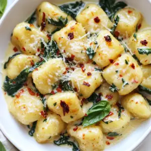 - 16 oz package potato gnocchi - 1 cup sun dried tomatoes in oil - 2 cloves garlic - 1 cup heavy cream - 1 cup freshly grated Parmesan cheese - Salt and pepper - 1 cup fresh spinach - 1 teaspoon dried basil - Crushed red pepper flakes (optional) - Fresh basil leaves for garnish When making creamy sun dried tomato gnocchi, you need to gather a few key items. First, the potato gnocchi is the star of the dish. It gives a soft, pillowy texture that pairs well with the sauce. You will need a 16 oz package. Next, sun dried tomatoes add a rich, tangy flavor. Make sure to get a cup of these in oil. Garlic is essential for a great taste. You will use 2 cloves, minced finely. Heavy cream brings the dish together. You will need a whole cup. Finally, Parmesan cheese offers a cheesy kick. Freshly grated is best, so grab a cup of that too. To season and garnish, you should have salt and pepper for taste. Fresh spinach adds color and nutrients, so get a cup of it. Dried basil gives a lovely aroma, while crushed red pepper flakes can add heat if you like. Lastly, fresh basil leaves make a nice touch on top. With these ingredients, you will create a rich and flavorful dish that impresses everyone at the table. {{ingredient_image_1}} To cook the gnocchi, start by boiling a large pot of salted water. Once the water is boiling, add the gnocchi. Watch closely as they cook. They will float to the top in about 2-3 minutes. This means they are done! Carefully drain them and set them aside. In a large skillet, heat one tablespoon of olive oil over medium heat. Add two cloves of minced garlic and sauté for about a minute until it smells great. Next, stir in one cup of chopped sun-dried tomatoes. Cook this mix for another 2-3 minutes to let the flavors blend well. Now, reduce the heat to low. Pour in one cup of heavy cream and stir it all together. Let it simmer for 2-3 minutes. After that, add one cup of freshly grated Parmesan cheese. Stir constantly until the cheese melts and the sauce is creamy. Now, it’s time to mix everything. Gently fold in the cooked gnocchi and one cup of roughly chopped spinach. Add one teaspoon of dried basil, along with salt and pepper to taste. Stir until the spinach wilts and everything is coated in that creamy sauce. Taste it and adjust the flavors as needed. If you like a kick, add some crushed red pepper flakes. Now, you're ready to serve! To ensure the sauce has a smooth, creamy texture, stir it gently. A good sauce should coat the gnocchi without being too runny. If it feels too thick, add a splash of pasta water to adjust the consistency. You can also try different cooking methods. Instead of boiling, you can pan-fry gnocchi for a crispy edge. This adds a fun texture and flavor to your dish. If you want a lighter dish, use half-and-half instead of heavy cream. It still gives a nice creaminess but cuts some calories. For herbs, try using fresh parsley or thyme. They can change the dish's flavor profile while keeping it tasty. You can also swap spinach for kale or arugula. These greens add a different taste and texture, making your gnocchi unique each time. Pair your gnocchi with a light salad. A simple arugula salad with lemon dressing works well. It adds a fresh crunch that balances the creaminess. Wine lovers will enjoy a glass of Chardonnay. Its creamy notes match perfectly with the sun-dried tomatoes and cheese. A light red, like Pinot Noir, can also complement the flavors if you prefer. Pro Tips Use Quality Ingredients: The flavor of your dish relies heavily on the quality of your sun dried tomatoes and cheese. Choose high-quality brands for the best results. Don't Overcook the Gnocchi: Gnocchi should only be cooked until they float to the top of the boiling water. Overcooking can make them mushy. Add Protein: For a heartier meal, consider adding grilled chicken or shrimp to the gnocchi before serving. Customize the Spice: Adjust the amount of crushed red pepper flakes to your preference. You can also use fresh chili or hot sauce for a different flavor profile. {{image_2}} For a vegan twist, swap the heavy cream with coconut cream or cashew cream. You can make cashew cream by blending soaked cashews with water until smooth. For cheese, use nutritional yeast or a vegan cheese alternative. Sun-dried tomatoes are often vegan, but check the label to be sure. Some brands might add dairy products. By using these swaps, you can enjoy a creamy dish that fits your diet. You can boost this dish with proteins like chicken, shrimp, or tofu. If using chicken, cook it in the skillet first until golden. Then, remove it and add it back later with the gnocchi. For shrimp, sauté them until pink before adding the sauce. Tofu can be cubed and sautéed until crispy. This way, you keep the creamy sauce's flavor while adding protein. Want a spicier dish? Add crushed red pepper flakes during the sauce-making step. You can also include a pinch of cayenne pepper or some chili powder. Fresh herbs like oregano or thyme can add a nice kick too. Adjust these spices to your taste for the perfect heat level. To keep your creamy sun dried tomato gnocchi fresh, use a tight container. Glass or plastic containers work well. Make sure to cool the dish before sealing. Store it in the fridge right away. This dish lasts about 3 days in the fridge. After that, the flavors may fade. When you want to enjoy your leftovers, reheat them gently. The best way is to use a skillet. Add a splash of heavy cream or water to keep the sauce creamy. Heat it over low heat. Stir often to prevent sticking. You can also use a microwave, but check it every 30 seconds. This way, it warms evenly and stays fresh. You cook potato gnocchi for about 2-3 minutes. Boil it in salted water. When the gnocchi floats, it is done. This quick process keeps the gnocchi soft and light. Just keep an eye on it. Overcooking can make it mushy. Yes, you can make parts of this dish ahead of time. You can cook the gnocchi and store it. Keep it in a container with some oil to prevent sticking. For the sauce, prepare it and store it separately. Just heat it up when you're ready to eat. Combine everything before serving for the best taste. This dish pairs well with various sides. You can serve a fresh green salad. A simple arugula salad with lemon dressing works great. Garlic bread is also a fantastic option. If you like, add grilled chicken or shrimp for extra protein. These sides enhance the meal and make it even more satisfying. This blog post guides you through making creamy sun-dried tomato gnocchi. You learned about the key ingredients and seasonings, plus easy steps to cook the dish to perfection. I shared tips to enhance flavor and variations for different diets. Remember, storing leftovers correctly keeps your dish fresh longer. Enjoying gnocchi can be a simple, delicious adventure. You can impress your family and friends with this recipe. Get cooking, and savor every bite!