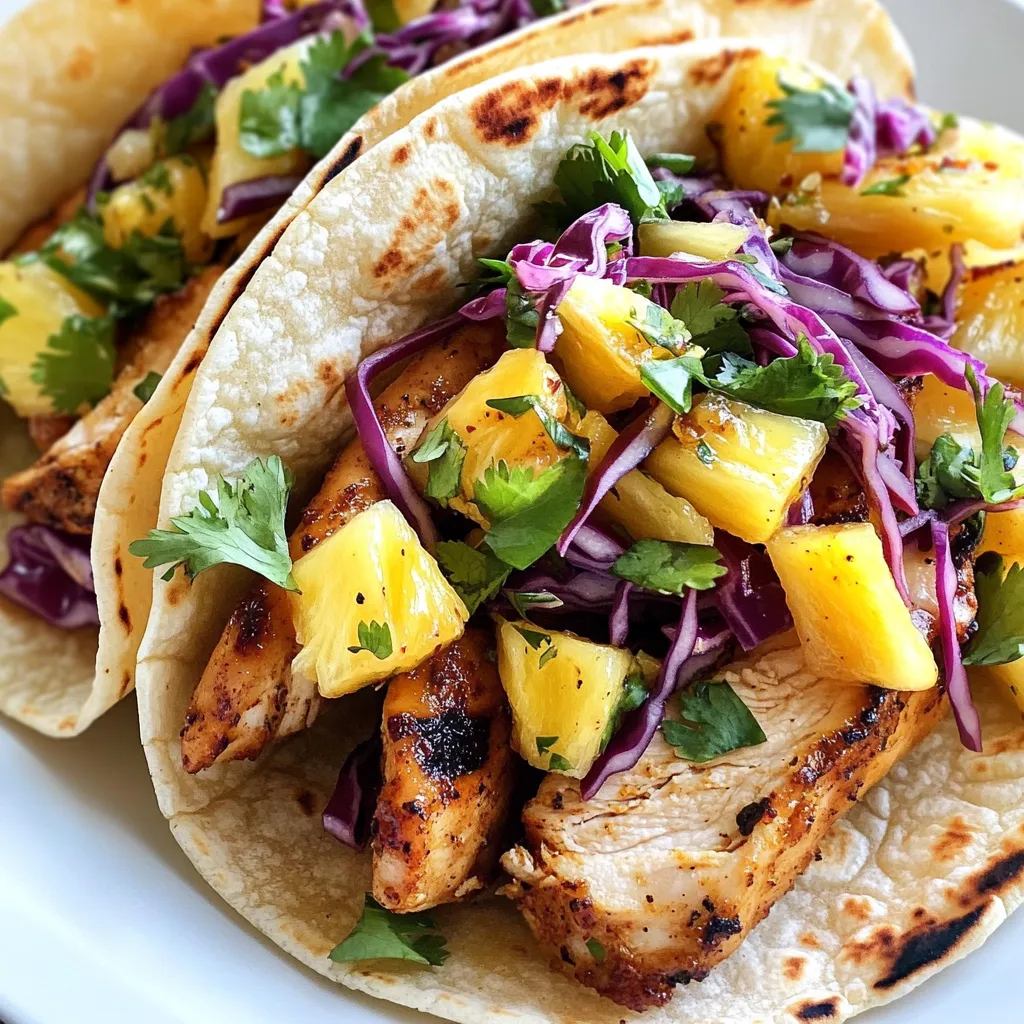Chicken and Marinade Ingredients - 2 large chicken breasts - 2 tablespoons jerk seasoning (store-bought or homemade) - 1 tablespoon olive oil - Salt to taste Slaw Ingredients - 1/2 cup pineapple, diced - 1/2 cup red cabbage, shredded - 1/4 cup red onion, thinly sliced - 1/4 cup fresh cilantro, chopped - Juice of 1 lime Tortilla Options - 8 small corn or flour tortillas - Optional: Sliced jalapeños for extra heat In this recipe, I use chicken breasts for a lean protein. The jerk seasoning gives it a bold flavor. You can use store-bought jerk seasoning or make your own. I often recommend marinating the chicken for at least 30 minutes. This allows the flavors to soak in. The slaw is fresh and bright. It combines sweet pineapple with crunchy cabbage and onion. The lime juice adds a zesty kick that pairs well with the chicken. For the tortillas, you can choose between corn or flour. Both work well and add to the taco's texture. If you love heat, sliced jalapeños can add a nice touch. They provide an extra punch if you want it spicier. With these ingredients, you create a vibrant dish that bursts with flavor. It's a fun and easy meal for any gathering or a quick weeknight dinner. {{ingredient_image_1}} Start by taking two large chicken breasts. In a bowl, coat the chicken with two tablespoons of jerk seasoning. Add one tablespoon of olive oil for moisture. Use your hands to massage the spices into the chicken. This helps the flavors soak in. Let it marinate for at least 30 minutes. If you have time, marinate it for up to four hours in the fridge. This extra time makes the chicken taste even better. Next, preheat your grill or a stovetop grill pan. Set it to medium-high heat. Once hot, place the marinated chicken on the grill. Cook it for about six to seven minutes on each side. You want the chicken to be fully cooked. The juices should run clear when you cut into it. After cooking, let the chicken rest for a few minutes. Then, slice it into thin strips for the tacos. Now, take a separate bowl to make the slaw. Start with half a cup of diced pineapple. Add half a cup of shredded red cabbage and a quarter cup of thinly sliced red onion. Toss in a quarter cup of chopped cilantro for freshness. Squeeze the juice of one lime over the mixture. Sprinkle a pinch of salt to taste. Mix everything well until it combines nicely. This slaw will add crunch and sweetness to your tacos. For the tortillas, you can use either corn or flour. Heat a skillet or grill over medium heat. Warm each tortilla for about 30 seconds on each side. You want them to be soft and pliable. This step makes them easier to fold and eat. Do not let them get too crispy; you want them to stay flexible. It’s time to build your tacos! Take a warm tortilla and lay it flat. Add a few strips of the jerk chicken in the center. Next, pile on a generous amount of your pineapple slaw. If you like it spicy, feel free to add sliced jalapeños on top. The mix of flavors will make your taste buds dance! Serve your tacos right away for the best taste. Garnish with extra cilantro or a wedge of lime on the side. This adds a nice touch and extra flavor. Enjoy them fresh and watch your friends and family smile with each bite! Select jerk seasoning that fits your taste. You can use store-bought or homemade. Store-bought is easy and saves time. Homemade allows you to adjust flavors to your liking. Look for a mix with spices like allspice, thyme, and pepper. For a bolder flavor, try adding garlic or ginger. Cook chicken breasts on medium-high heat. This gives a nice sear and keeps it juicy. Grill for about 6-7 minutes on each side. Check that the juices run clear before serving. Let the chicken rest for a few minutes after cooking. This helps keep the moisture inside. Slice it into thin strips for the tacos. For tasty pineapple slaw, mix diced pineapple with red cabbage, red onion, and cilantro. The sweet pineapple balances the spicy jerk chicken well. Squeeze fresh lime juice over the slaw for zest. Add a pinch of salt to enhance the flavors. Toss well to combine everything. You can choose corn or flour tortillas based on preference. Corn tortillas have a nice corn flavor and texture. Flour tortillas are soft and easy to wrap. Either way, warm them briefly before adding fillings. This makes them pliable and enhances taste. Enjoy tacos right away for the best experience. Pro Tips Marination Time: For the best flavor, marinate the chicken for at least 1 hour, or overnight if possible, to allow the jerk seasoning to penetrate deeply. Grilling Technique: Ensure your grill is properly preheated before adding the chicken to achieve a nice sear and prevent sticking. Fresh Ingredients: Use fresh cilantro and lime juice for the slaw to elevate the flavors and add brightness to your tacos. Personalize Your Heat: If you enjoy spicy food, include sliced jalapeños or a drizzle of hot sauce on top of your tacos for an extra kick. {{image_2}} You can swap chicken for fish or tofu for a new twist. Fish like mahi-mahi or tilapia cooks fast and holds flavor well. Tofu absorbs the jerk spices nicely if you press it first. Both options make these tacos lighter yet still tasty. Feel free to change up the slaw for your tacos. Instead of pineapple, try mango or papaya for a sweet touch. You can add carrots for crunch or even some diced bell peppers. Experiment with different herbs like mint for a fresh flavor. If you like heat, add sliced jalapeños or a drizzle of hot sauce. You can also try pickled onions for a zesty kick. Chopped fresh peppers or a sprinkle of cayenne can make your dish even bolder. Don’t be afraid to mix and match toppings to find your favorite combo! To store your leftover tacos, place them in an airtight container. Make sure to separate the chicken from the slaw and tortillas. This keeps everything fresh. The chicken can stay in the fridge for up to four days. The slaw lasts about two days. Store tortillas at room temperature, but use them within a week for the best taste. For meal prep, prepare your jerk chicken in advance. Marinate it the night before to boost flavor. You can also make the pineapple slaw early. Chop the pineapple, cabbage, and onion, then mix with cilantro and lime juice. Store the slaw in a sealed container. Keep the tortillas wrapped in plastic to maintain softness. This way, you can enjoy fresh tacos any day of the week! To reheat the chicken, use a skillet over medium heat. Cook until warmed through, about 5 minutes. If you prefer, you can use a microwave. Heat in short bursts, checking often. For the tortillas, warm them briefly in a dry skillet. This keeps them soft and pliable. Once everything is hot, assemble your tacos and enjoy! Caribbean jerk chicken is a dish from Jamaica. It features chicken marinated in spicy jerk seasoning. This seasoning has flavors like allspice, thyme, and scotch bonnet peppers. The chicken is grilled or smoked, giving it a smoky taste. It is bold, spicy, and full of flavor. This dish is often served with rice and peas or in tacos. Yes, you can use store-bought jerk seasoning. It saves time and still adds great flavor. Look for a brand that uses real spices. You can find it in most grocery stores. Just make sure to check the spice level. If you want it spicier, you can add fresh peppers or extra seasoning. To make the tacos spicier, you have a few options. Add sliced jalapeños or other hot peppers. You can also mix in some hot sauce. If you like heat, use a spicier jerk seasoning. You can experiment until you find your perfect heat level. Just remember to balance the spice with sweetness, like using pineapple. Some great side dishes to serve with tacos are rice and beans or corn salad. Guacamole and tortilla chips are also tasty options. You could serve a fresh salad with lime dressing. These sides add variety and complement the flavors of the tacos. Choose what you enjoy most! In this article, I covered how to make tasty Caribbean jerk chicken tacos. We explored the ingredients, cooking steps, and tips for the best results. You learned how to marinate chicken, prepare slaw, and choose tortillas. I shared variations for proteins and toppings, along with storage tips. Tacos can be simple or creative. Remember, cooking is about enjoying the process and sharing delicious meals. You can have fun exploring different flavors and ideas. Dive in and make your own tacos today!