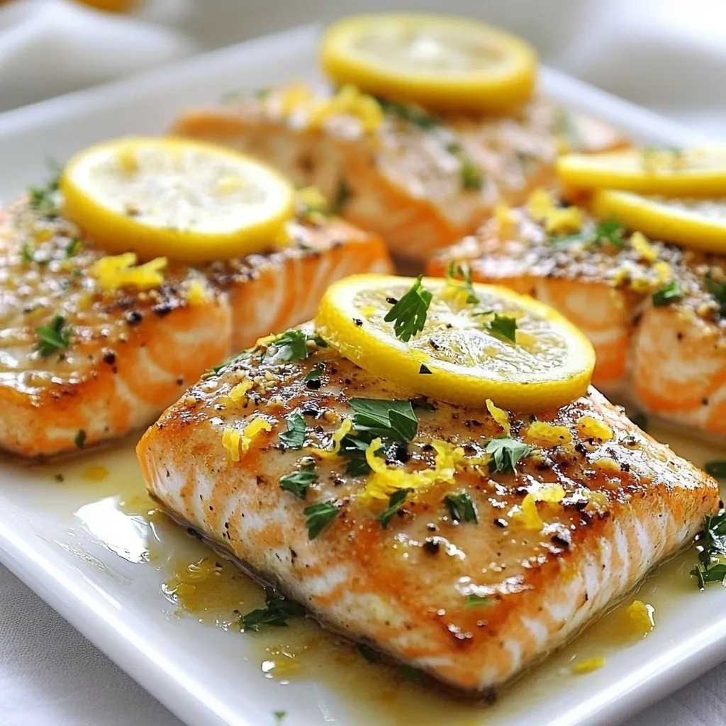 For this tasty dish, you need just a few key items: - 4 salmon fillets (6 oz each) - 4 tablespoons unsalted butter - 4 garlic cloves, minced - 2 tablespoons fresh lemon juice - Zest of 1 lemon - Salt and pepper to taste - 1 teaspoon dried oregano - Fresh parsley, chopped (for garnish) - Lemon slices (for garnish) These ingredients come together to make a dish that shines with flavor. You can use both fresh and dried herbs in this recipe. Fresh herbs give a bright taste. They can also add a lovely look to your dish. If you have fresh oregano, use it! If not, dried oregano works great too. It saves time and still tastes good. Just remember, dried herbs are stronger. So, use a little less. Garnishing makes your dish pop! I like to use fresh parsley and lemon slices. The parsley adds a splash of green. It also brings a fresh taste. The lemon slices not only look nice but also give a zesty kick. You can place them on the side or right on top of the salmon. Enjoy your meal with these bright touches! {{ingredient_image_1}} First, set your oven to 400°F (200°C). This temperature is perfect for cooking salmon. Next, take a baking sheet and line it with parchment paper. This step helps keep the salmon from sticking. It makes cleaning easier too. Grab a small saucepan and place it on the stove over medium heat. Add 4 tablespoons of unsalted butter. As the butter melts, you will add 4 minced garlic cloves. Stir them for about 1 minute. The garlic should smell great but not brown. Remove the saucepan from the heat. Now, mix in 2 tablespoons of fresh lemon juice and the zest of one lemon. Add salt and pepper to taste, along with 1 teaspoon of dried oregano. The mix should smell amazing! Take your prepared baking sheet with the salmon fillets. Place the fillets skin-side down. Brush the garlic butter mixture over each fillet. Make sure to cover them well. Now, it’s time to bake! Place the baking sheet in the oven and cook for 12-15 minutes. You will know the salmon is done when it flakes easily with a fork. After baking, let the salmon rest for a couple of minutes. This resting time helps keep it juicy. Enjoy your delicious garlic butter lemon salmon! To get flaky salmon, cook it at the right temperature. Preheat your oven to 400°F (200°C). This high heat helps the salmon cook evenly and stay tender. Use fresh salmon fillets and ensure they are skin-side down on the baking sheet. This helps keep moisture in. Brush them with the garlic butter mix for added flavor. Overcooked salmon can be dry and tough. To prevent this, set a timer for 12 minutes. Check the salmon with a fork. It should flake easily. If it is still raw in the middle, return it to the oven for a couple more minutes. Keep a close eye on it to avoid drying out. Garlic butter lemon salmon pairs well with many sides. Try serving it with steamed broccoli or a fresh salad. Rice or quinoa also makes a great side. A light white wine, like Sauvignon Blanc, complements the dish nicely. For a fun twist, add lemon slices on top for serving. This adds color and fresh flavor. Enjoy your meal! Pro Tips Tip for Perfectly Cooked Salmon: Use a meat thermometer to check the internal temperature of the salmon; it should reach 145°F (63°C) for optimal doneness. Tip for Extra Flavor: Marinate the salmon fillets in the garlic butter mixture for 30 minutes before baking to enhance the flavor. Tip for Crispy Skin: If you prefer crispy skin, broil the salmon for the last 2-3 minutes of cooking. Just keep an eye on it to prevent burning. Tip for Serving: Pair the salmon with a side of roasted vegetables or a fresh salad to create a well-rounded meal. {{image_2}} Lemon dill salmon brings fresh flavors to your plate. You can easily swap out the oregano for fresh dill. Just use 1 tablespoon of chopped dill. Add this to your garlic butter mix. The dill adds a bright taste that pairs well with lemon. This dish works great for a summer meal. If you like heat, try spicy garlic butter salmon. To make this, add red pepper flakes to the garlic butter mix. Start with 1/2 teaspoon and adjust to your taste. This will give your salmon a nice kick. It’s perfect for those who enjoy bold flavors. For gluten-free options, you can still enjoy garlic butter lemon salmon. The original recipe is already gluten-free! Just be sure your butter and any added sauces are gluten-free. You can serve it with gluten-free sides like rice or quinoa. This way, everyone can enjoy this tasty dish. To keep leftover salmon fresh, place it in an airtight container. Make sure to cover it well. You can store it in the fridge for up to three days. If you want to keep it longer, consider freezing. When reheating salmon, use a low heat setting. You can use an oven, microwave, or skillet. Heat it at 275°F (135°C) for about 10-15 minutes. This keeps it moist and tasty. If using a microwave, cover it with a damp paper towel. This helps prevent it from drying out. To freeze salmon, wrap each piece tightly in plastic wrap. Then place it in a freezer bag. This helps avoid freezer burn. You can keep it frozen for up to three months. When ready to eat, thaw it overnight in the fridge. This keeps the taste and texture great. Yes, you can use frozen salmon fillets. Just remember to thaw them first. Place them in the fridge overnight. If you're short on time, use the cold water method. Seal the fillets in a bag and submerge them in cold water for about 30 minutes. This will help them thaw quickly and safely. Salmon should reach an internal temperature of 145°F (63°C). This ensures that the fish is safe to eat. You can check the temperature with a meat thermometer. Insert it into the thickest part of the fillet for the most accurate reading. You can tell when salmon is done by checking its color and texture. The fish should be opaque and flake easily with a fork. If the salmon is still translucent, it needs more time. Keep an eye on it while baking to avoid overcooking. This dish cooks quickly, so check at the 12-minute mark. Garlic butter lemon salmon is a simple, tasty dish. I shared key ingredients, cooking steps, tips, and variations. Each part helps you cook salmon well. You learned how to store leftovers too. Remember, fresh herbs add flavor, and watch the cooking time to avoid dryness. This meal is perfect for any occasion. Enjoy your cooking journey and share this dish with loved ones.