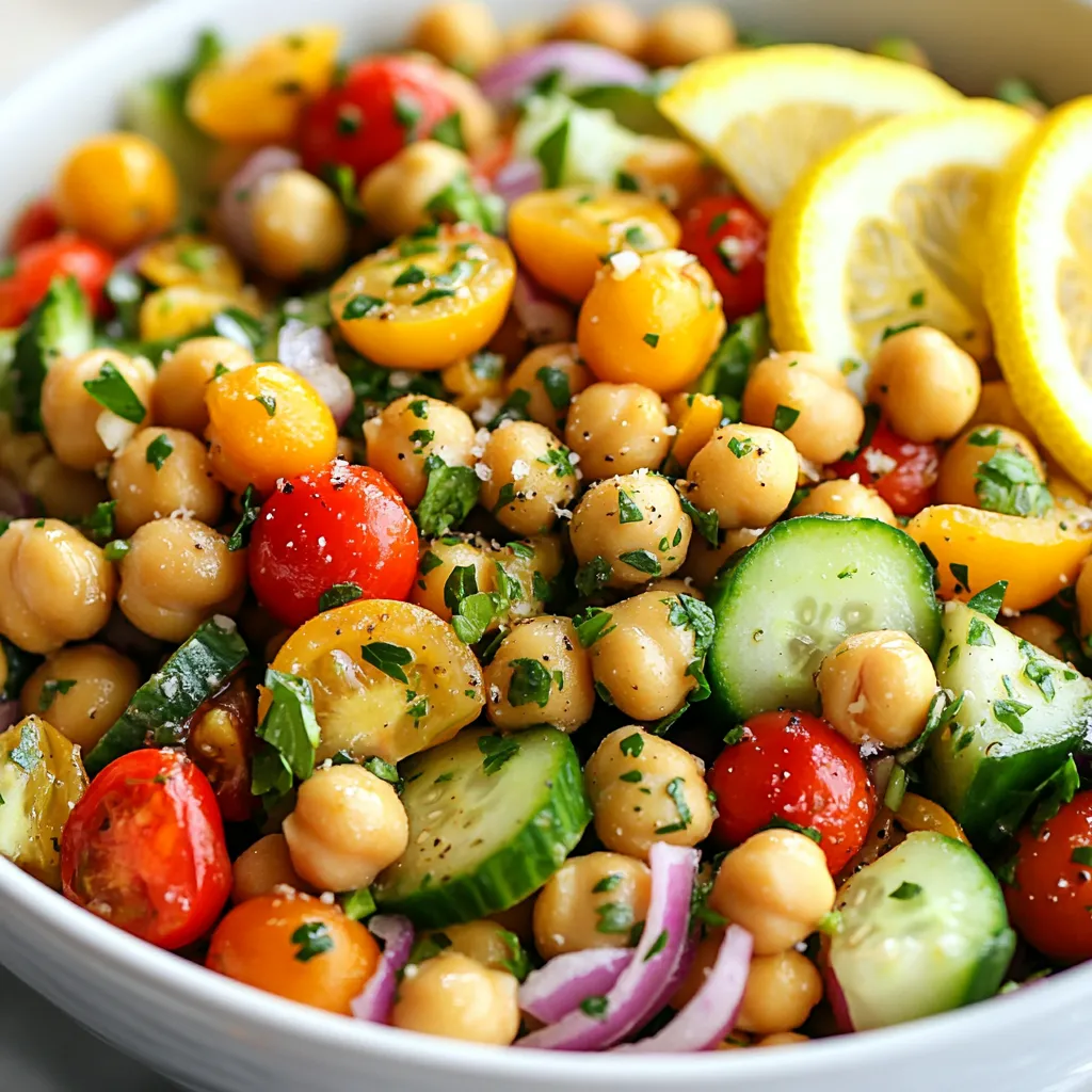 - 1 can (15 oz) chickpeas, drained and rinsed - 1 cup cherry tomatoes, halved - 1 cucumber, diced - 1 red bell pepper, diced - 1/4 red onion, finely chopped - 1/2 cup parsley, fresh and chopped Chickpeas are the star of this salad. They add protein and fiber. They keep us full and happy. The fresh veggies bring color and crunch. Cherry tomatoes add sweetness, while cucumber and bell pepper give a nice bite. The red onion offers a slight sharpness. Finally, parsley brightens up the dish with its fresh flavor. - 3 tablespoons olive oil - 2 tablespoons lemon juice - Zest of 1 lemon - 2 cloves garlic, minced - 1 teaspoon cumin - Salt and pepper to taste The dressing is simple but packed with flavor. Olive oil gives a rich base. Lemon juice and zest provide a zesty punch. Garlic adds depth, and cumin brings warmth. Salt and pepper help to balance all the flavors, making each bite delicious. - Mixing bowls - Whisk - Chef's knife To prepare this salad, you need a few tools. A mixing bowl helps combine all the ingredients. A whisk mixes the dressing well. A sharp chef's knife is essential for chopping vegetables. These tools make the process easy and fun. {{ingredient_image_1}} First, take your can of chickpeas. Drain them and rinse them under cold water. This step helps remove extra salt. In a large mixing bowl, combine the chickpeas with the halved cherry tomatoes, diced cucumber, diced red bell pepper, and finely chopped red onion. Mixing these fresh veggies adds color and crunch. In a separate small bowl, whisk together the minced garlic, olive oil, lemon juice, lemon zest, cumin, salt, and pepper. Make sure to combine these well. This dressing gives the salad its zesty flavor. Taste it! If you want more tang, add extra lemon juice or a pinch of salt. Adjust it to your liking. Now, pour your dressing over the chickpea mixture. Toss everything gently to coat all the ingredients. Be careful not to mash the chickpeas. Then, fold in the chopped parsley for a fresh touch. Let the salad sit for about 10-15 minutes. This resting time allows the flavors to meld beautifully. Enjoy your fresh and simple dish! To boost the taste of your Lemon Garlic Chickpea Salad, consider adding spices. Cumin gives a warm, earthy flavor. You can also try smoked paprika for a hint of smokiness. A pinch of red pepper flakes adds heat for those who enjoy spice. Using fresh ingredients makes a big difference. Choose ripe cherry tomatoes for sweetness. Crisp cucumbers add a refreshing crunch. Use fresh herbs like parsley, as they bring brightness to the dish. Always wash your veggies well before cutting. Pairing your salad with drinks can enhance the meal. A light white wine, like Sauvignon Blanc, goes well. For a non-alcoholic option, consider sparkling water with a slice of lemon. Both options highlight the salad's flavors. When serving, a large salad bowl works best. It allows guests to see the bright colors of the salad. Garnish with extra parsley and lemon slices for a vibrant touch. This makes the dish more appealing and fun. Making your salad ahead of time is easy and smart. Prepare it up to a day in advance. Just keep the dressing separate until you’re ready to eat. This keeps the salad fresh and crunchy. For storage, use an airtight container in the fridge. This helps keep the flavors intact. The salad will stay good for about three days. Just remember to give it a gentle stir before serving. Pro Tips Fresh Ingredients: Use fresh herbs and vegetables for the best flavor. Fresh parsley and ripe tomatoes will elevate the taste of your salad. Chill Before Serving: For a refreshing taste, refrigerate the salad for at least 30 minutes before serving. This allows the flavors to deepen and meld together. Customize Your Veggies: Feel free to add or substitute any of your favorite vegetables, such as bell peppers or avocados, to suit your taste and dietary preferences. Protein Boost: Add some feta cheese or grilled chicken for an extra protein kick, making this salad even more satisfying as a main dish. {{image_2}} You can change the beans in this salad. Try black beans or kidney beans. Each adds a unique taste. You can also swap out the veggies. Use bell peppers, carrots, or even corn. Each option brings its own crunch and flavor to the dish. Looking for a different dressing? Use a vinegar-based dressing. Balsamic or red wine vinegar works well. These add a nice tang. If you want something creamy, use Greek yogurt or tahini. This gives a rich texture and flavor. Want more protein? You can add cooked chicken or tuna. Both mix well with the salad. If you prefer a vegetarian option, add feta or goat cheese. These cheeses add creaminess and depth to every bite. To keep your Lemon Garlic Chickpea Salad fresh, store it in an airtight container. This helps to maintain its crispness and flavor. You can safely refrigerate it for about 3 to 5 days. If you notice any changes in smell or appearance, it’s best to discard it. Always give it a quick taste before serving leftovers. I do not recommend freezing this salad. The fresh veggies and herbs do not freeze well. Freezing may change their texture and taste. If you have leftover salad that you want to save, consider removing the fresh ingredients and only freezing the chickpeas. You can then add fresh ingredients when you're ready to enjoy it again. If you need to reheat chickpeas from the salad, do so gently. You can warm them in a pan on low heat. Avoid using a microwave, as it can make the chickpeas mushy. To maintain the salad's texture, serve it cold or at room temperature. This salad shines best when fresh! This salad lasts about three to four days in the fridge. Store it in an airtight container. Make sure to keep it chilled. If you notice any strange smells or colors, toss it out. Fresh ingredients help maintain its great taste and crunch. Yes, you can make this salad a day in advance. Just follow these best practices for meal prep: - Mix all the ingredients except the parsley. - Prepare the dressing separately. - Combine them just before serving. This way, the salad stays fresh and vibrant. The flavors will blend nicely overnight. Chickpeas are very nutritious. Here are some key benefits: - High in protein: Great for muscle health. - Rich in fiber: Helps digestion and keeps you full. - Low in fat: Good for heart health. - Packed with vitamins and minerals: Includes iron and folate. Eating chickpeas can support a balanced diet. They are a smart choice for any meal. In this blog post, we explored how to make a tasty Lemon Garlic Chickpea Salad. We covered key ingredients, like chickpeas, fresh herbs, and vegetables, plus a zesty dressing. You learned the tools you'll need and followed step-by-step instructions for preparing, assembling, and storing your salad. As you mix and match flavors, remember to try different ingredients and dressings. This salad is versatile and full of nutrition, making it a perfect choice for any meal. Enjoy your delicious creation and the health benefits it brings!